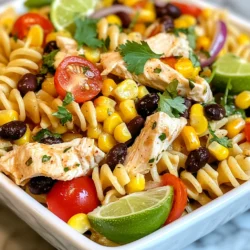 To create a tasty Southwest Chicken Pasta Salad, gather these simple ingredients: - 2 cups cooked rotini pasta - 1 cup cooked chicken breast, diced - 1 cup cherry tomatoes, halved - 1 cup black beans, rinsed and drained - 1 cup corn kernels (fresh or frozen) - 1/2 red bell pepper, diced - 1/4 cup red onion, finely chopped - 1/4 cup fresh cilantro, chopped - 1/4 cup pepper jack cheese, shredded - 1/4 cup Greek yogurt - 2 tablespoons lime juice - 2 tablespoons olive oil - 1 tablespoon chili powder - 1 teaspoon cumin - Salt and pepper to taste Choosing the right brands can make a big difference. For pasta, I recommend Barilla rotini. It holds sauce well. For canned goods, try Goya black beans and Del Monte corn. These brands offer great taste and quality. For cheese, use Cabot pepper jack for a nice kick. For yogurt, Fage Greek yogurt is creamy and rich. Lastly, extra virgin olive oil from California Olive Ranch adds flavor to your dressing. To boost your salad, consider these fun add-ins: - Avocado slices for creaminess - Jalapeños for heat - Diced cucumber for crunch - Chopped green onions for freshness - A sprinkle of lime zest for extra flavor Feel free to mix and match. These options let you customize each bite. Enjoy creating your perfect Southwest Chicken Pasta Salad! {{ingredient_image_1}} First, gather all your ingredients. You will need: - 2 cups cooked rotini pasta - 1 cup cooked chicken breast, diced - 1 cup cherry tomatoes, halved - 1 cup black beans, rinsed and drained - 1 cup corn kernels (fresh or frozen) - 1/2 red bell pepper, diced - 1/4 cup red onion, finely chopped - 1/4 cup fresh cilantro, chopped - 1/4 cup pepper jack cheese, shredded Start by cooking the rotini pasta. Boil water, add salt, and cook the pasta until al dente. Drain and cool the pasta in cold water. Next, dice the cooked chicken. Make sure the beans are rinsed and drained. Chop the bell pepper, onion, and cilantro. Halve the cherry tomatoes. In a large mixing bowl, combine the cooked rotini pasta and diced chicken. Next, add the cherry tomatoes, black beans, corn, bell pepper, red onion, and cilantro. Mix these ingredients gently. This helps to keep the pasta from breaking. Make sure everything is evenly distributed. In a separate bowl, whisk together the Greek yogurt, lime juice, olive oil, chili powder, cumin, salt, and pepper. Whisk until smooth and well combined. This creamy dressing adds great flavor. Pour the dressing over the salad mixture and toss gently. Ensure every piece gets coated. Finally, sprinkle the shredded pepper jack cheese on top. Give it one last gentle toss. Cover the bowl and refrigerate for at least 30 minutes. This allows the flavors to blend. To cook rotini pasta just right, start with a large pot. Fill it with water and bring it to a boil. Add a pinch of salt to the water. This helps flavor the pasta. Once the water boils, add the rotini. Cook it for about 8 to 10 minutes. Stir occasionally. Check for doneness by tasting a piece. The pasta should be firm but not hard. After cooking, drain the pasta and rinse it with cold water. This stops the cooking process and keeps it from getting sticky. For a burst of flavor, add fresh herbs. Cilantro and lime juice boost the taste. You can also try adding fresh avocado slices. They add creaminess and nutrition. If you like heat, consider extra chili powder or diced jalapeños. This gives a spicy kick. You can also swap the pepper jack cheese for feta cheese for a tangy twist. Mix it up and find what you like best! Making this salad ahead saves time and enhances flavor. Prepare the salad and dressing separately. Combine them just before serving. This keeps the pasta from getting soggy. Store the salad in an airtight container in the fridge. It stays fresh for up to three days. When serving, give it a gentle toss to mix the flavors again. Enjoy your meal with ease! Pro Tips Use Fresh Ingredients: Whenever possible, opt for fresh vegetables and herbs to enhance the flavor and freshness of your pasta salad. Customize Your Protein: Feel free to substitute the chicken with grilled shrimp or tofu for a different twist on the recipe while keeping it protein-rich. Adjust the Spice Level: If you prefer a milder salad, reduce the amount of chili powder or substitute it with paprika for a smoky flavor without the heat. Chill Before Serving: Allowing the salad to chill for at least 30 minutes helps the flavors meld together, making each bite more delicious. {{image_2}} To make a vegan version, swap chicken for chickpeas or tofu. Use vegan cheese instead of pepper jack. You can also replace Greek yogurt with a plant-based yogurt. This keeps the creamy texture while being meat-free. Add extra veggies like zucchini or avocado for more flavor. The dressing can stay the same. This version still tastes great and is full of protein. For a low-carb option, use zucchini noodles instead of rotini pasta. You can spiralize zucchini easily at home. Swap black beans for diced bell peppers or cauliflower. This adds crunch without the carbs. You can also use grilled chicken breast or shrimp for protein. Keep the dressing as is, or use a light vinaigrette. If you want to mix it up, try different dressings. A spicy salsa can add a kick. A balsamic vinaigrette gives a nice tang. A creamy avocado dressing works well, too. Each dressing gives a unique taste to the salad. You can also add fresh herbs like basil or parsley for extra flavor. Feel free to experiment and find what you love! To keep your Southwest Chicken Pasta Salad fresh, store it in an airtight container. This helps prevent drying out. Make sure to cool the salad to room temperature before sealing it. Place a piece of parchment paper between the salad and the lid for extra freshness. This can help absorb moisture and prevent sogginess. In the fridge, this pasta salad lasts about 3 to 5 days. Make sure to check for any signs of spoilage before eating. If it smells off or changes color, it's best to toss it. Always use clean utensils when serving to avoid contamination. Freezing pasta salad is not always the best option due to texture changes. If you want to freeze it, skip adding the cheese and fresh veggies. Combine the pasta, chicken, and beans with the dressing. Place it in a freezer-safe container. You can freeze it for up to 3 months. When ready to eat, thaw it in the fridge overnight and add the cheese and veggies fresh before serving. Yes, you can use different types of pasta. Rotini works well because it holds the dressing. Penne or fusilli are great choices too. They have shapes that catch the flavors. You can even try whole wheat or gluten-free pasta. Just make sure to cook it according to the package. Let it cool before mixing with other ingredients. You can add many proteins to this salad. Grilled shrimp or steak adds a nice twist. You could also use canned tuna or chickpeas. For a lighter option, try shredded rotisserie chicken. Each protein brings its own flavor. Just remember to keep it cooked and diced for easy mixing. To spice things up, add more chili powder. You could also mix in diced jalapeños. Sliced fresh peppers give a nice crunch and heat. If you love heat, use spicy pepper jack cheese. A splash of hot sauce in the dressing works too. Adjust the spice to your liking for that perfect kick. This post covered key ingredients and brands for your salad. You learned how to prepare, mix, and dress your pasta. Our tips help you cook perfect rotini and enhance flavor. We shared variations for different diets and best storage practices. Remember, you can switch ingredients and customize flavors to fit your tastes. Enjoy experimenting with your salad for a tasty and healthy meal!