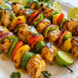 To make honey lime chicken kebabs, gather these ingredients: - 1.5 lbs boneless, skinless chicken breasts, cut into 1-inch cubes - 1/4 cup honey - 1/4 cup fresh lime juice - 2 tablespoons olive oil - 3 cloves garlic, minced - 1 teaspoon ground cumin - 1/2 teaspoon smoked paprika - Salt and pepper to taste - 1 red bell pepper, cut into 1-inch pieces - 1 green bell pepper, cut into 1-inch pieces - 1 red onion, cut into wedges - Skewers (wooden or metal, soaked if wooden) You can swap some ingredients for a different flavor. If you want a spicy kick, use chili powder instead of smoked paprika. If you don’t have honey, maple syrup works well too. For lime juice, you can use lemon juice if needed. While chicken breasts are great, chicken thighs can add more moisture and flavor. For a veggie option, try using mushrooms or zucchini instead of chicken. Choose fresh chicken with no odors or discoloration. Look for bright, firm bell peppers with smooth skin. They should feel heavy for their size. For onions, pick ones that are firm and dry. Fresh garlic should have tight skins and no sprouting. When buying limes, select ones that are heavy and firm, as they'll have more juice. Always use fresh ingredients for the best taste! {{ingredient_image_1}} To start, gather your ingredients. You will need 1.5 pounds of boneless, skinless chicken breasts. Cut them into 1-inch cubes. Next, grab a mixing bowl. In this bowl, whisk together the honey, fresh lime juice, olive oil, minced garlic, ground cumin, smoked paprika, salt, and pepper. Mix until everything is well combined. Now, add the cubed chicken to the marinade. Make sure each piece is coated well. Cover the bowl and place it in the fridge. Let it chill for at least 30 minutes. For best flavor, marinate for up to 2 hours. Preheat your grill or grill pan over medium-high heat. While it heats, prepare the kebabs. Thread the marinated chicken onto skewers. Alternate between the chicken, red bell pepper, green bell pepper, and red onion. This makes for a colorful dish. The marinade is key to great flavor in your kebabs. Honey adds sweetness, while lime juice brings brightness. Olive oil helps the spices stick to the chicken. Garlic adds depth, and cumin gives a warm, earthy taste. Smoked paprika adds a hint of smokiness, which enhances the grilled flavor. Make sure to mix the marinade well. This ensures every piece of chicken gets coated. If you have time, let the chicken sit in the marinade longer. This extra time helps the flavors soak in deeper. Once your grill is hot, it's time to cook the kebabs. Place them on the grill and cook for 10-12 minutes. Turn them occasionally for even cooking. Look for nice grill marks on the chicken. Use a meat thermometer to check the chicken's internal temperature. It should reach 165°F (75°C) for safe eating. After grilling, remove the kebabs from the grill. Let them rest for a few minutes before serving. This helps keep the chicken juicy. For a beautiful presentation, serve the kebabs on a platter. Add lime wedges and fresh cilantro for color. A side of yogurt dip or tzatziki pairs nicely with this dish. Enjoy your tasty grilled delight! To cook chicken just right, start with uniform cubes. Cut them into 1-inch pieces. This helps the chicken cook evenly. Use a meat thermometer. The chicken should hit 165°F (75°C). If you do not have a thermometer, check that the meat is no longer pink inside. Rest the chicken for a few minutes after grilling. This allows juices to settle, making it juicy and tender. Marinating is key to flavor. Mix honey, lime juice, olive oil, garlic, cumin, and paprika for a tasty marinade. Coat the chicken well and refrigerate. Aim for at least 30 minutes of marinating. For more flavor, go up to 2 hours. Do not marinate longer than that, as the lime juice can make the chicken mushy. For added depth, try adding fresh herbs like cilantro or basil to the marinade. When skewering, alternate between chicken and veggies. This adds flavor and color. Use wooden skewers? Soak them in water for 30 minutes first. This prevents burning on the grill. Do not pack the pieces too tightly. Leave some space for heat to circulate. Turn the skewers every few minutes for even cooking. This way, every bite is juicy and delicious. Pro Tips Marinating Time: For the best flavor, marinate the chicken for at least 2 hours. If time allows, marinating overnight will enhance the taste even more. Skewer Safety: If using wooden skewers, soak them in water for at least 30 minutes before grilling. This prevents them from burning on the grill. Grill Temperature: Ensure your grill is preheated to medium-high before placing the kebabs on. This helps achieve nice grill marks and keeps the chicken juicy. Resting Time: Allow the kebabs to rest for a few minutes after grilling. This helps the juices redistribute, making the chicken more tender and flavorful. {{image_2}} You can change the flavor of your honey lime chicken kebabs easily. Try using different sweeteners, like maple syrup or agave. You can also swap the lime juice for lemon juice for a zesty twist. For a spicy kick, add some cayenne pepper to the marinade. Experimenting with herbs, like cilantro or basil, can also change the taste. If you want a vegetarian version, choose firm tofu or assorted veggies. For tofu, press it first to remove excess water. Cut the tofu into cubes, just like the chicken. Marinate it in the same honey-lime mix. You can use colorful veggies like zucchini, mushrooms, or cherry tomatoes. These add flavor and make your kebabs vibrant and fun. Pair your kebabs with fresh sides for a complete meal. A light salad with mixed greens, avocado, and a citrus dressing works great. Rice or quinoa adds heartiness and soaks up the marinade's flavor. For a refreshing touch, try a yogurt dip or tzatziki on the side. These dips balance the sweetness of the kebabs. Store leftover kebabs in an airtight container. Let them cool before sealing. Place the container in your fridge. They will stay fresh for up to three days. If you have extra marinade, keep it in a separate jar. Use this to add flavor when reheating. To reheat the kebabs, use your oven or grill. Preheat your oven to 350°F (175°C). Place the kebabs on a baking tray. Cover them with foil to keep moisture in. Heat for about 10 minutes. If using a grill, warm them for 5-7 minutes, turning often. This keeps the chicken juicy and tasty. You can freeze kebabs for later use. Wrap each skewer in plastic wrap tightly. Then place them in a freezer-safe bag. Label the bag with the date. They can last for up to three months in the freezer. When ready to eat, let them thaw overnight in the fridge before reheating. This keeps their flavor and texture intact. Yes, you can use chicken thighs. Thighs stay moist and tender when grilled. They have more fat, which adds flavor. Cut them into 1-inch pieces just like the breasts. The cooking time might be similar, but check for an internal temperature of 165°F (75°C). You can serve many tasty sides with these kebabs. Here are some great options: - Rice or quinoa for a filling base - Grilled vegetables like zucchini or asparagus - A fresh salad with mixed greens - Flatbreads or pita for a fun twist - Yogurt dip or tzatziki for added flavor These sides will balance the sweet and tangy taste of the kebabs. You can marinate the chicken for at least 30 minutes. For the best flavor, try to marinate for up to 2 hours. This lets the chicken soak up all that delicious honey-lime taste. Avoid marinating for more than 4 hours, as the acid in lime juice can change the chicken's texture. This blog post covered the main steps to make great chicken kebabs. We looked at the key ingredients and how to swap them for fresh options. The step-by-step cooking guide showed you how to prepare and grill the chicken right. I shared tips for perfect cooking and flavor. We also explored tasty variations and how to store leftovers. Remember to have fun with your kebabs. Try new flavors and enjoy every bite! Good food brings joy, and you can make it great.