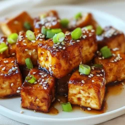 - 1 block (14 oz) firm tofu, drained and pressed - 1/4 cup honey - 3 cloves garlic, minced - 1 tablespoon soy sauce - 1/4 cup cornstarch - 1/4 cup vegetable oil (for frying) - 1 tablespoon rice vinegar - 1 teaspoon grated fresh ginger - 1/2 teaspoon sesame oil - 2 green onions, sliced - Sesame seeds The key to making crispy honey garlic tofu lies in the ingredients you choose. Start with firm tofu for the best texture. This tofu holds its shape when you press and fry it. Honey gives this dish its sweet flavor. It mixes well with garlic, creating a tasty sauce. I love using fresh garlic to add a strong taste. Soy sauce gives saltiness and depth. Don't forget cornstarch! It is crucial for making tofu crispy. Coat the tofu cubes evenly with it. This helps create a crunchy outer layer. Vegetable oil is best for frying. It has a high smoke point, which is important for frying. Rice vinegar adds a tangy kick. It balances the sweetness of the honey. Fresh ginger gives a warm spice note. A touch of sesame oil adds nuttiness to the dish. For garnishes, I like to use green onions and sesame seeds. They not only add flavor but also look great on your plate. Enjoy experimenting with these ingredients to create a wonderful meal! {{ingredient_image_1}} Start by cutting the pressed tofu into cubes. Aim for bite-sized pieces. This size helps ensure even cooking. Next, pat the cubes dry with paper towels. Removing moisture is key for crispiness. Use a bowl to hold the cornstarch. Toss the tofu cubes in the cornstarch until they are coated evenly. This step creates a crunchy crust. After coating, shake off any excess cornstarch. Too much will make the tofu gummy. Heat the vegetable oil in a large skillet over medium-high heat. The oil must be hot before adding the tofu. Carefully place the tofu cubes in a single layer in the skillet. Fry for about 4-5 minutes on each side. You want them golden brown and crispy all over. Once done, remove the tofu and let it drain on paper towels. In a small saucepan over low heat, combine honey, minced garlic, soy sauce, grated ginger, rice vinegar, and sesame oil. Stir this mix continuously. Heat until the sauce is hot and slightly thickened, about 3-5 minutes. This sauce adds a sweet and tangy flavor to the dish. Add the crispy tofu back into the skillet over low heat. Pour the honey garlic sauce over the tofu. Gently toss the tofu to coat it well. Cook for another 2-3 minutes. This allows the tofu to absorb all the delicious flavors. Once coated, remove the tofu from the heat. Transfer the tofu to a serving plate. Garnish with sliced green onions and a sprinkle of sesame seeds. This adds color and a fresh taste to your dish. Enjoy your meal! Tofu can be soft and chewy if not prepared right. Drying tofu is key for crispiness. First, press the tofu to remove extra water. Use paper towels to pat it dry well. This step helps the tofu absorb flavors better. When frying, use a hot pan with enough oil. Heat the oil until it shimmers. Place tofu cubes in a single layer. Fry them for 4-5 minutes on each side. Flip them carefully to keep them intact. If you want a vegan option, try maple syrup or agave nectar. Both provide sweetness and depth. You can also use date syrup for a rich flavor. Adjust the amount based on your taste. If you want a less sweet dish, cut back on the honey or substitute with a bit of soy sauce. Spice up your tofu by adding red pepper flakes or black pepper. Ginger adds a nice kick too. You can also mix in vegetables like bell peppers or broccoli for more texture and taste. Serve the tofu over rice or noodles for a filling meal. Garnish with extra green onions or sesame seeds for a pop of color. Pro Tips Press Tofu Well: Make sure to press the tofu thoroughly to remove as much moisture as possible. This helps achieve a crispier texture when frying. Fry in Batches: Avoid overcrowding the skillet when frying tofu. Frying in batches ensures that the temperature of the oil remains high, leading to a better crisp. Use Fresh Ingredients: Fresh garlic and ginger will enhance the flavor of your sauce significantly. Opt for freshly grated ginger and minced garlic for the best results. Adjust Sweetness: Feel free to adjust the amount of honey in the sauce depending on your personal preference for sweetness. You can also substitute with maple syrup for a vegan option. {{image_2}} You can make this dish vegan by using agave syrup or maple syrup instead of honey. These sweeteners add a lovely flavor while keeping it plant-based. You can also add colorful veggies like bell peppers, broccoli, or snap peas for an extra crunch. Stir-fry them with the tofu for a complete meal. If you love heat, try adding chili flakes or sriracha to the sauce. Start with a small amount, then taste and adjust to your liking. This will give your dish a spicy kick. Just remember to balance the heat with a bit more sweetener if needed. This way, you keep the harmony of flavors. Crispy honey garlic tofu pairs perfectly with rice or noodles. You can serve it over jasmine rice or toss it with soba noodles. It also shines in salads or grain bowls. Add some greens, nuts, or seeds for a hearty meal. This dish is flexible and fits many sides. Enjoy it your way! To store leftovers, place the crispy honey garlic tofu in an airtight container. This keeps it fresh and prevents it from drying out. Make sure the tofu has cooled to room temperature before sealing. Ideal storage containers are glass or plastic with a secure lid. They keep odors in check and are easy to clean. To freeze cooked tofu, let the dish cool first. Cut it into smaller pieces for faster freezing. Place the tofu in a freezer-safe bag, removing as much air as possible. This helps avoid freezer burn. When you want to eat it, thaw the tofu overnight in the fridge. Reheat it in a skillet to regain crispiness. In the fridge, the crispy honey garlic tofu stays fresh for about 3 to 5 days. Check for signs of spoilage, such as an off smell or unusual texture. If it feels slimy or has changed color, it is best to toss it. Always trust your senses when it comes to food safety. To make your tofu crispy, follow these key techniques: - Start with firm tofu. - Press the tofu to remove excess water. - Cut the tofu into small, bite-sized cubes. - Coat each cube with cornstarch. - Heat vegetable oil in a skillet until hot. - Fry the tofu in a single layer. - Cook for 4-5 minutes on each side until golden. These steps help create a crispy texture that you will love. Yes, you can use different types of tofu. However, I suggest using firm or extra-firm tofu. These types hold their shape better during cooking. Silken tofu is too soft and won’t give you the crisp you want. For best results, stick with firm varieties. If you need a vegan option, try these substitutes for honey: - Maple syrup - Agave nectar - Brown rice syrup These options provide sweetness and work well in the sauce. Adjust the amount based on your taste. This dish takes about 30 minutes in total: - Prep time: 15 minutes - Cooking time: 15 minutes You can have a delicious meal ready in half an hour. Perfect for busy weeknights! This blog post shared how to make delicious honey garlic tofu. We covered key ingredients like tofu, honey, and garlic, plus tips for maximum crispiness. I gave you steps to fry and glaze the tofu, making it flavorful and satisfying. Remember to explore variations like spicy options or vegan alternatives. Use all tips for storage to keep your leftovers fresh. Experiment with different flavors, and soon you'll master this tasty dish. Enjoy your cooking journey!