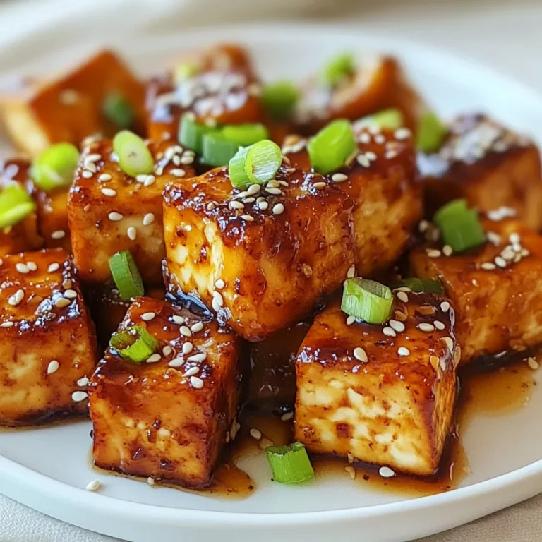 - 1 block (14 oz) firm tofu, drained and pressed - 1/4 cup honey - 3 cloves garlic, minced - 1 tablespoon soy sauce - 1/4 cup cornstarch - 1/4 cup vegetable oil (for frying) - 1 tablespoon rice vinegar - 1 teaspoon grated fresh ginger - 1/2 teaspoon sesame oil - 2 green onions, sliced - Sesame seeds The key to making crispy honey garlic tofu lies in the ingredients you choose. Start with firm tofu for the best texture. This tofu holds its shape when you press and fry it. Honey gives this dish its sweet flavor. It mixes well with garlic, creating a tasty sauce. I love using fresh garlic to add a strong taste. Soy sauce gives saltiness and depth. Don't forget cornstarch! It is crucial for making tofu crispy. Coat the tofu cubes evenly with it. This helps create a crunchy outer layer. Vegetable oil is best for frying. It has a high smoke point, which is important for frying. Rice vinegar adds a tangy kick. It balances the sweetness of the honey. Fresh ginger gives a warm spice note. A touch of sesame oil adds nuttiness to the dish. For garnishes, I like to use green onions and sesame seeds. They not only add flavor but also look great on your plate. Enjoy experimenting with these ingredients to create a wonderful meal! {{ingredient_image_1}} Start by cutting the pressed tofu into cubes. Aim for bite-sized pieces. This size helps ensure even cooking. Next, pat the cubes dry with paper towels. Removing moisture is key for crispiness. Use a bowl to hold the cornstarch. Toss the tofu cubes in the cornstarch until they are coated evenly. This step creates a crunchy crust. After coating, shake off any excess cornstarch. Too much will make the tofu gummy. Heat the vegetable oil in a large skillet over medium-high heat. The oil must be hot before adding the tofu. Carefully place the tofu cubes in a single layer in the skillet. Fry for about 4-5 minutes on each side. You want them golden brown and crispy all over. Once done, remove the tofu and let it drain on paper towels. In a small saucepan over low heat, combine honey, minced garlic, soy sauce, grated ginger, rice vinegar, and sesame oil. Stir this mix continuously. Heat until the sauce is hot and slightly thickened, about 3-5 minutes. This sauce adds a sweet and tangy flavor to the dish. Add the crispy tofu back into the skillet over low heat. Pour the honey garlic sauce over the tofu. Gently toss the tofu to coat it well. Cook for another 2-3 minutes. This allows the tofu to absorb all the delicious flavors. Once coated, remove the tofu from the heat. Transfer the tofu to a serving plate. Garnish with sliced green onions and a sprinkle of sesame seeds. This adds color and a fresh taste to your dish. Enjoy your meal! Tofu can be soft and chewy if not prepared right. Drying tofu is key for crispiness. First, press the tofu to remove extra water. Use paper towels to pat it dry well. This step helps the tofu absorb flavors better. When frying, use a hot pan with enough oil. Heat the oil until it shimmers. Place tofu cubes in a single layer. Fry them for 4-5 minutes on each side. Flip them carefully to keep them intact. If you want a vegan option, try maple syrup or agave nectar. Both provide sweetness and depth. You can also use date syrup for a rich flavor. Adjust the amount based on your taste. If you want a less sweet dish, cut back on the honey or substitute with a bit of soy sauce. Spice up your tofu by adding red pepper flakes or black pepper. Ginger adds a nice kick too. You can also mix in vegetables like bell peppers or broccoli for more texture and taste. Serve the tofu over rice or noodles for a filling meal. Garnish with extra green onions or sesame seeds for a pop of color. Pro Tips Press Tofu Well: Make sure to press the tofu thoroughly to remove as much moisture as possible. This helps achieve a crispier texture when frying. Fry in Batches: Avoid overcrowding the skillet when frying tofu. Frying in batches ensures that the temperature of the oil remains high, leading to a better crisp. Use Fresh Ingredients: Fresh garlic and ginger will enhance the flavor of your sauce significantly. Opt for freshly grated ginger and minced garlic for the best results. Adjust Sweetness: Feel free to adjust the amount of honey in the sauce depending on your personal preference for sweetness. You can also substitute with maple syrup for a vegan option. {{image_2}} You can make this dish vegan by using agave syrup or maple syrup instead of honey. These sweeteners add a lovely flavor while keeping it plant-based. You can also add colorful veggies like bell peppers, broccoli, or snap peas for an extra crunch. Stir-fry them with the tofu for a complete meal. If you love heat, try adding chili flakes or sriracha to the sauce. Start with a small amount, then taste and adjust to your liking. This will give your dish a spicy kick. Just remember to balance the heat with a bit more sweetener if needed. This way, you keep the harmony of flavors. Crispy honey garlic tofu pairs perfectly with rice or noodles. You can serve it over jasmine rice or toss it with soba noodles. It also shines in salads or grain bowls. Add some greens, nuts, or seeds for a hearty meal. This dish is flexible and fits many sides. Enjoy it your way! To store leftovers, place the crispy honey garlic tofu in an airtight container. This keeps it fresh and prevents it from drying out. Make sure the tofu has cooled to room temperature before sealing. Ideal storage containers are glass or plastic with a secure lid. They keep odors in check and are easy to clean. To freeze cooked tofu, let the dish cool first. Cut it into smaller pieces for faster freezing. Place the tofu in a freezer-safe bag, removing as much air as possible. This helps avoid freezer burn. When you want to eat it, thaw the tofu overnight in the fridge. Reheat it in a skillet to regain crispiness. In the fridge, the crispy honey garlic tofu stays fresh for about 3 to 5 days. Check for signs of spoilage, such as an off smell or unusual texture. If it feels slimy or has changed color, it is best to toss it. Always trust your senses when it comes to food safety. To make your tofu crispy, follow these key techniques: - Start with firm tofu. - Press the tofu to remove excess water. - Cut the tofu into small, bite-sized cubes. - Coat each cube with cornstarch. - Heat vegetable oil in a skillet until hot. - Fry the tofu in a single layer. - Cook for 4-5 minutes on each side until golden. These steps help create a crispy texture that you will love. Yes, you can use different types of tofu. However, I suggest using firm or extra-firm tofu. These types hold their shape better during cooking. Silken tofu is too soft and won’t give you the crisp you want. For best results, stick with firm varieties. If you need a vegan option, try these substitutes for honey: - Maple syrup - Agave nectar - Brown rice syrup These options provide sweetness and work well in the sauce. Adjust the amount based on your taste. This dish takes about 30 minutes in total: - Prep time: 15 minutes - Cooking time: 15 minutes You can have a delicious meal ready in half an hour. Perfect for busy weeknights! This blog post shared how to make delicious honey garlic tofu. We covered key ingredients like tofu, honey, and garlic, plus tips for maximum crispiness. I gave you steps to fry and glaze the tofu, making it flavorful and satisfying. Remember to explore variations like spicy options or vegan alternatives. Use all tips for storage to keep your leftovers fresh. Experiment with different flavors, and soon you'll master this tasty dish. Enjoy your cooking journey!