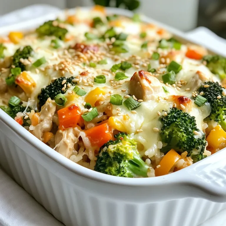 To make this tasty dish, gather these main ingredients: - 2 cups cooked jasmine rice - 1 lb chicken breast, diced - 1 cup broccoli florets - 1 cup bell peppers, diced (mixed colors for visual appeal) - 1 cup carrots, shredded - 1/2 cup green onions, sliced - 1 cup shredded mozzarella cheese - 1/2 cup teriyaki sauce - 1 teaspoon sesame oil - 1 tablespoon soy sauce (low sodium) - Salt and pepper to taste These items come together to form a delicious meal that is easy to prepare. The jasmine rice gives a nice flavor, while the chicken provides protein. The veggies add color and crunch. You can enhance the dish with optional garnishes and seasonings: - Sesame seeds for garnish - Extra sliced green onions - Pickled ginger for a zesty kick These toppings add a touch of flair and flavor. They make your casserole look nice and taste even better. You will need some key equipment: - Large skillet - 9x13 inch casserole dish - Cooking spoon - Oven Having the right tools makes cooking easier. A large skillet helps cook the chicken and veggies well. The casserole dish is perfect for baking your meal. {{ingredient_image_1}} First, heat sesame oil in a large skillet over medium heat. Add the diced chicken and season it with salt and pepper. Cook the chicken for about 6 to 8 minutes until it turns brown and is fully cooked. Next, add the broccoli florets, diced bell peppers, and shredded carrots to the skillet. Stir everything well. Let it cook for an additional 4 to 5 minutes. You want the veggies to be tender yet crisp. Once the chicken and veggies are ready, stir in the cooked jasmine rice. Pour in the teriyaki sauce and soy sauce. Mix everything thoroughly so all the flavors blend well. Heat the mixture until it is warm throughout. This step makes sure that every bite is tasty and has that lovely teriyaki flavor. Now, transfer the chicken and rice mix into a greased 9x13 inch casserole dish. Sprinkle shredded mozzarella cheese evenly over the top. Then, bake the casserole in your preheated oven at 375°F (190°C) for about 20 to 25 minutes. You know it’s done when the cheese is bubbly and slightly golden. After baking, let it sit for 5 minutes. Just before serving, garnish with sliced green onions and sesame seeds to make it look extra special. To get the best texture, use fresh, cooked jasmine rice. If the rice is too sticky, it can make the casserole mushy. When you mix in your chicken and veggies, don’t over-stir. This keeps some rice grains whole and adds a nice bite. Let the casserole sit for a few minutes after baking. This helps it firm up and makes serving easier. At high altitudes, cooking times can change. You may need to bake the casserole a bit longer. Check it at the 25-minute mark. If the cheese is not golden, give it more time. Also, add a splash of extra sauce to keep it moist. This small tweak can make a big difference in your dish. You can make this casserole lighter with a few swaps. Use brown rice instead of jasmine rice for more fiber. Swap chicken for tofu to make it vegetarian. You can also add more veggies like zucchini or spinach. For cheese, consider using a low-fat version. These changes keep the flavors while making it a bit healthier. Pro Tips Use Fresh Ingredients: Fresh vegetables and quality chicken make a significant difference in flavor and texture. Opt for seasonal produce when possible. Customize Your Veggies: Feel free to swap out the broccoli or bell peppers for your favorite vegetables, such as snap peas or zucchini, to keep things exciting! Control the Sauce: Adjust the amount of teriyaki sauce to suit your taste preference. If you prefer a stronger flavor, add a bit more, but be careful not to make it too soggy. Let It Rest: After baking, allow the casserole to rest for a few minutes before serving. This helps it set and makes for easier serving. {{image_2}} If you want a veggie option, swap the chicken for tofu. Tofu works well in this dish. It absorbs all the tasty teriyaki flavor. Use firm tofu and press it to remove extra water before cooking. Dice it into small cubes. Cook it in sesame oil until golden. Then combine it with the veggies and rice just like in the original recipe. Feel free to add more veggies to boost flavor and nutrition. You can try snap peas, zucchini, or even mushrooms. Just chop them into bite-sized pieces. Add them to the pan with the other veggies. Cook them until they're slightly soft. This gives your casserole extra colors and crunch. You can switch up the protein too! Try shrimp or beef for a different taste. Cook shrimp until pink and tender. For beef, use thinly sliced flank steak. Season it well before cooking. Both options bring a new twist to your casserole. You’ll still enjoy the great teriyaki flavor with these proteins. To store leftovers, let the casserole cool first. Once cool, transfer it to an airtight container. You can keep it in the fridge for up to four days. Make sure to cover it well to prevent drying out. This helps keep the flavors fresh. When you're ready to eat, you can reheat the casserole. Use the oven for best results. Preheat your oven to 350°F (175°C). Place the casserole in an oven-safe dish. Cover it with foil to keep moisture in. Heat for about 15-20 minutes. Stir halfway through to heat evenly. You can also use a microwave. Place a portion on a microwave-safe plate. Heat it in short bursts, about 1-2 minutes, stirring in between. You can freeze the casserole for later meals. To do this, let it cool completely. Place it in a freezer-safe container or wrap it tightly in plastic wrap. You can freeze it for up to three months. When you’re ready to eat, thaw it overnight in the fridge. Then reheat as mentioned before. Enjoy your easy meal anytime! Yes, you can use brown rice. It adds a nutty flavor and has more fiber. Just remember, brown rice takes longer to cook. You may need to adjust the cooking time. You can use soy sauce mixed with honey or maple syrup. This mix gives a sweet and salty taste. You can also try hoisin sauce for a different flavor. You can store the casserole in the fridge for about three to four days. Just make sure to cover it well. This keeps it fresh and tasty for later meals. Yes, this recipe is great for meal prep! You can make it ahead and store it in portions. It reheats well, making it perfect for busy days. This article covered how to make a tasty Teriyaki Chicken Rice Casserole. We explored the key ingredients and steps to create this dish. I shared tips for perfecting the texture and suggested ways to tailor your casserole. In the end, you can enjoy this simple meal and adapt it to fit your taste. Whether you keep it classic or try new variations, you have the tools to make it great. Happy cooking!