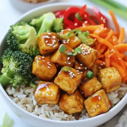 - 1 block (14 oz) firm tofu, pressed and cubed - 1 cup brown rice or quinoa, uncooked - 1 cup broccoli florets - 1 red bell pepper, sliced - 1 carrot, julienned - 2 tablespoons sesame oil (for cooking) - 1 tablespoon olive oil - ½ cup teriyaki sauce (store-bought or homemade) - 2 tablespoons honey or maple syrup - 2 green onions, chopped (for garnish) - 1 tablespoon sesame seeds (for garnish) Sweet teriyaki tofu bowls are easy to make and full of flavor. The main star is firm tofu. It holds its shape well and soaks up the sauce nicely. Use 14 ounces of firm tofu. Press it to remove extra water. This helps it get crispy when cooked. Next, I like to use brown rice or quinoa. Both are healthy grains. They add fiber and nutrients to your meal. Cook one cup of either grain to serve as a base for your bowl. Fresh vegetables make this dish colorful and tasty. I recommend using one cup of broccoli florets, one sliced red bell pepper, and one julienned carrot. These veggies add crunch and nutrients. For cooking, I use sesame oil and olive oil. The sesame oil adds a nice nutty flavor. You will need two tablespoons for cooking and one tablespoon of olive oil. Teriyaki sauce is key for flavor. You can use store-bought or make your own. Either way, you will need half a cup. A touch of honey or maple syrup adds sweetness. Use two tablespoons of either for that perfect glaze. To finish off your sweet teriyaki tofu bowls, don’t forget the garnishes! Chopped green onions and sesame seeds add a nice touch. They also make the dish look pretty. {{ingredient_image_1}} Start by boiling 2 cups of water in a medium saucepan. Once it boils, add 1 cup of brown rice or quinoa. Cover the pot and reduce the heat to low. Cook according to the package instructions until the grains are fluffy and tender. This usually takes about 15 to 20 minutes. After cooking, set them aside while you prepare the other ingredients. In a large skillet, heat 1 tablespoon of sesame oil over medium heat. Next, add 1 block of firm tofu, pressed and cubed. Sauté the tofu for about 5 to 7 minutes. Turn the pieces often to get them golden brown on all sides. This step is key for great texture and flavor. Make sure to keep an eye on them to avoid burning. Once the tofu is golden, push it to one side of the skillet. Add 1 tablespoon of sesame oil to the empty side. Toss in 1 cup of broccoli florets, 1 sliced red bell pepper, and 1 julienned carrot. Stir-fry these vegetables for about 5 minutes. You want them tender but still crisp. This keeps your dish colorful and adds nice texture. Now it's time to bring everything together. Pour in ½ cup of teriyaki sauce and 2 tablespoons of honey or maple syrup. Stir the tofu and vegetables to coat them well with the sauce. Cook for an additional 2 to 3 minutes. This allows the sauce to thicken slightly and makes the dish even more flavorful. To serve, divide the cooked rice or quinoa into bowls. Top each bowl with the sweet teriyaki tofu and vegetable mixture. This creates a colorful and hearty meal that looks as good as it tastes. For the finishing touch, sprinkle chopped green onions and sesame seeds over each bowl. This adds a pop of color and extra flavor. Your sweet teriyaki tofu bowls are now ready to enjoy! Tofu can be tricky, but pressing it makes a big difference. Use a heavy object to press the tofu for about 30 minutes. This removes excess water and helps it absorb flavors. For seasoning, try a mix of garlic powder, soy sauce, and a pinch of salt before cooking. This adds a nice taste to the tofu. You can boost your dish by adding other veggies like snap peas or mushrooms. These will add more color and crunch. If you want protein, consider adding edamame or chickpeas. For the teriyaki sauce, you can make it sweeter by mixing in more honey or maple syrup. You can also add ginger or garlic for extra flavor. Serve your sweet teriyaki tofu in colorful bowls to make it pop. A bright bowl makes the meal look more fun. You can also add sliced lime on the side for a fresh kick. For a final touch, sprinkle fresh herbs like cilantro or mint. This adds flavor and makes your dish look beautiful. Pro Tips Press the Tofu: To achieve a firmer texture, press your tofu for at least 30 minutes before cubing. This will remove excess moisture and help it absorb flavors better. Use Fresh Ingredients: For the best flavor and nutrition, opt for fresh vegetables. They add crunch and vibrant colors to your dish. Customize Your Sauce: Feel free to adjust the sweetness of the teriyaki sauce by adding more honey or maple syrup to match your taste preferences. Meal Prep Friendly: This dish is great for meal prep! Store the tofu and veggies separately from the grains to keep everything fresh throughout the week. {{image_2}} For a tasty vegetarian twist, you can swap tofu for other proteins. Try chickpeas or tempeh for a nice change. Both options add great flavor and texture. You can also add more vegetables. Consider bell peppers, snap peas, or zucchini. These veggies bring color and crunch to your bowl. This recipe is easy to make vegan. Simply replace honey with maple syrup. Maple syrup gives the same sweetness without any animal products. It works well with the teriyaki sauce. If you want to switch from rice or quinoa, consider farro or couscous. Farro has a nice chew and nutty flavor. Couscous cooks quickly and absorbs flavors well. Both grains make a great base for your sweet teriyaki tofu bowls. To store leftovers, let the Sweet Teriyaki Tofu Bowls cool down first. Use an airtight container. Place them in the fridge. They stay fresh for up to three days. Make sure to keep the tofu and veggies together. This helps the flavors mix well as they sit. You can freeze these bowls, but do it right. Allow the dish to cool completely. Then, use freezer-safe containers or bags. Remove as much air as possible. This helps prevent freezer burn. You can freeze the bowls for up to a month. When you’re ready to eat, thaw in the fridge overnight. For a quick method, use the microwave on low. To reheat, you have options. The best way is to use the stove. Heat a skillet on medium. Add a splash of water or oil to keep the tofu moist. Stir gently until warmed through. You can also use a microwave. Heat in short bursts, stirring in between. This ensures even heating and keeps the tofu soft. Yes, you can use soft or firm tofu. Firm tofu works best in this recipe. It holds its shape and gets crispy when cooked. Soft tofu may break apart easily. If you prefer a creamy texture, you can add soft tofu as a topping after cooking. You have many options! Try these side dishes: - Steamed edamame - Cucumber salad - Pickled vegetables - Miso soup - A side of seaweed salad These sides pair nicely with the sweet teriyaki flavors. To spice it up, add red pepper flakes or sriracha. Mix these into the teriyaki sauce before adding it to the tofu. You can also sauté sliced jalapeños with the vegetables. Adjust the heat based on your taste. Yes, this recipe can be gluten-free. Use gluten-free teriyaki sauce. Many brands offer this option. For grains, quinoa is naturally gluten-free. Brown rice is also a good choice. Always check labels to ensure they meet your dietary needs. You can create a tasty sweet teriyaki tofu bowl with simple steps. Start with firm tofu, brown rice or quinoa, and fresh veggies like broccoli, bell pepper, and carrots. Cook your grains, sauté the tofu until golden, and stir-fry the veggies to keep them crisp. Combine everything with teriyaki sauce, and garnish with green onions and sesame seeds. You now have a versatile dish that is easy to store and reheat. Customize it with different proteins or spices. Enjoy your meal and feel proud of your cooking skills.