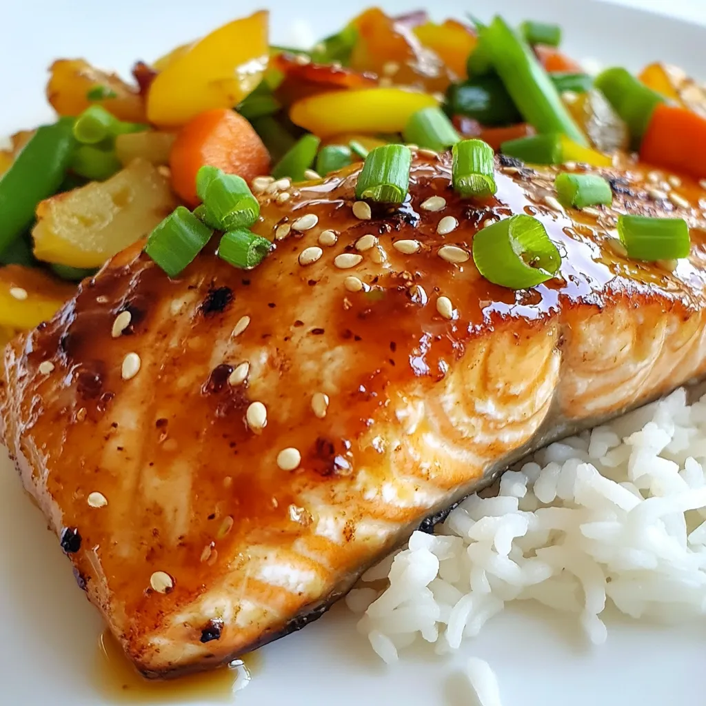 - 4 salmon fillets (about 6 ounces each) - 1/4 cup honey - 3 cloves garlic, minced - 2 tablespoons soy sauce (low sodium preferred) - 1 tablespoon sesame oil - 1 tablespoon freshly grated ginger - 1 tablespoon rice vinegar - Salt and pepper to taste - 2 tablespoons chopped green onions (for garnish) - Sesame seeds (for garnish) For the best flavor, I recommend using wild-caught salmon. It tastes great and is healthier. For honey, look for raw or local honey. Brands like Manuka or local farmers' honey work well. For soy sauce, Kikkoman’s low sodium is a solid choice. When it comes to sesame oil, I prefer Kadoya brand. Use fresh ginger for the best taste. It adds a nice zing to the glaze. To make this dish, you need: - A small bowl for mixing the glaze - A whisk or fork to combine your ingredients - A non-stick skillet for cooking the salmon - A spatula for flipping the salmon - A meat thermometer to check the salmon’s doneness - A cutting board and knife for mincing garlic and ginger - A serving plate for plating your dish With these ingredients and tools, you’ll create a delicious honey garlic glazed salmon that everyone will love! {{ingredient_image_1}} To make the honey garlic glaze, start with a small bowl. Add 1/4 cup of honey. Then, mince three cloves of garlic and add them. Next, pour in 2 tablespoons of low sodium soy sauce. Add 1 tablespoon of sesame oil for a rich taste. Grate 1 tablespoon of fresh ginger and mix it in. Finally, add 1 tablespoon of rice vinegar. Whisk everything together until smooth. Save a small amount of glaze for later drizzling. First, season four salmon fillets with salt and pepper. Heat a non-stick skillet over medium-high heat. Once the skillet is hot, place the salmon skin-side down. Cook the fillets for 4-5 minutes. This helps the skin get crispy. After that, carefully flip the fillets over. Lower the heat to medium. Pour the honey garlic glaze over the salmon. Cook for another 4-5 minutes. Spoon the glaze over the fillets while cooking. The salmon should be cooked through and reach 145°F inside. After cooking, remove the salmon from heat. Let it rest for a minute. Drizzle the reserved glaze over the top. For a nice touch, garnish with chopped green onions and sesame seeds. Serve the glazed salmon on a warm plate. Pair it with steamed rice and sautéed vegetables. Drizzle extra glaze over the veggies for added flavor. Enjoy your beautiful and tasty meal! To get the right glaze, focus on the mix of honey and liquids. Start with 1/4 cup of honey, then add the garlic, soy sauce, and sesame oil. Whisk them well in a bowl. If it's too thick, add a bit of rice vinegar. If it’s too thin, cook it in a pan until it thickens. This makes a shiny, sticky glaze that clings to the salmon perfectly. Cooking salmon takes just a few minutes. Start with a hot skillet. Place the salmon skin-side down for about 4-5 minutes. This helps the skin get crispy. Flip the fillets gently, then lower the heat to medium. Pour the glaze over the fish and cook for another 4-5 minutes. The perfect internal temperature for salmon is 145°F. A meat thermometer helps ensure you get it right. To boost flavor, consider adding herbs like thyme or dill. These fresh herbs pair well with salmon. You can also add a pinch of crushed red pepper for a little heat. If you want more depth, try a splash of lemon juice or zest. This adds brightness and balances the sweetness of the glaze. Don’t forget to sprinkle sesame seeds and green onions on top for extra crunch and color! Pro Tips Use Fresh Ingredients: Always opt for fresh salmon and ingredients for the glaze to enhance the overall flavor and quality of the dish. Don’t Overcook the Salmon: Keep an eye on the cooking time and internal temperature; salmon is best when it's flaky yet moist. Customize the Glaze: Feel free to adjust the sweetness or saltiness of the glaze by adding more honey or soy sauce to suit your taste. Serve Immediately: For the best texture and flavor, serve the salmon right after cooking while it's still hot and fresh. {{image_2}} You can swap salmon for chicken or tofu in this recipe. For chicken, use boneless breasts or thighs. Cook them the same way as salmon. The glaze will add great flavor. For tofu, use firm or extra-firm tofu. Press it to remove excess water. Cut it into thick slices. Cook it until golden brown, then add the glaze. If you're avoiding honey, maple syrup works well as a sweetener. You can also use agave nectar for a vegan option. Instead of soy sauce, try coconut aminos for a soy-free choice. For gluten-free diets, ensure your soy sauce is gluten-free. Adjust the garlic and ginger based on your taste. Serve the honey garlic glazed salmon with steamed rice or quinoa. Both pair well with the glaze. Add sautéed veggies like broccoli, bell peppers, or snap peas. They add color and crunch. Drizzle extra glaze over the veggies. It ties the meal together beautifully. You can also serve it with a fresh salad for a lighter option. To store leftover Honey Garlic Glazed Salmon, place it in an airtight container. Make sure to cool the salmon to room temperature first. Store it in the fridge for up to three days. If you want to keep it longer, consider freezing it. When reheating salmon, do so gently. Preheat your oven to 275°F (135°C). Place the salmon on a baking sheet and cover it with foil. Heat for about 15 minutes or until warmed through. This method keeps the salmon moist and helps the glaze stay glossy. To freeze the salmon, wrap each fillet tightly in plastic wrap. Then, put them in a freezer-safe bag or container. Label the bag with the date. You can freeze it for up to three months. When ready to eat, thaw overnight in the fridge before reheating. The best way to cook salmon is in a pan. Use medium-high heat for a crispy skin. Place salmon skin-side down in a non-stick skillet. Cook for 4-5 minutes without moving it. This helps the skin get nice and crispy. Flip the salmon and pour the glaze over it. Cook for another 4-5 minutes until fully done. Yes, you can use regular soy sauce. However, this will make the dish saltier. Low sodium soy sauce balances the flavors better. If you use regular soy sauce, cut back on added salt. This helps keep your dish flavorful without being too salty. Salmon is fully cooked when its internal temperature reaches 145°F. You can also check the color. Fully cooked salmon turns from translucent to opaque. The fish should flake easily with a fork. If it still looks raw or mushy, it needs more time. Yes, you can make the glaze in advance. Mix the honey, garlic, soy sauce, sesame oil, ginger, and vinegar together. Store it in the fridge for up to a week. Just remember to reserve some for drizzling later. This way, you can save time when you cook the salmon! This article covered how to make a delicious honey garlic glaze for salmon. We discussed key ingredients, needed tools, and step-by-step guidance to prepare and cook. I shared tips for a perfect glaze and creative variations for different proteins. Proper storage and reheating methods help keep flavors fresh. In the end, this dish is not only easy but also tasty and versatile. Enjoy your cooking adventure!