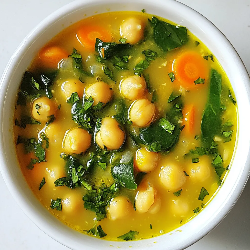 To make this soup, you need some key ingredients: - 2 cups canned chickpeas, drained and rinsed - 1 medium onion, diced - 3 cloves garlic, minced - 2 medium carrots, diced - 2 celery stalks, diced - 6 cups vegetable broth - 1 cup fresh spinach, chopped - 2 tablespoons fresh lemon juice - 1 teaspoon lemon zest - 1 teaspoon dried thyme - 1 teaspoon dried basil - Salt and pepper to taste - 2 tablespoons olive oil These ingredients create a healthy and tasty soup. Chickpeas add protein and fiber. The vegetables give it a nice crunch and flavor. Lemon juice and zest add brightness to the dish. You can add a few optional ingredients to boost the flavor: - Fresh parsley for garnish - A pinch of red pepper flakes for heat - A dash of smoked paprika for depth These extras can make your soup even more special. Fresh parsley adds color and freshness. Red pepper flakes bring warmth without overpowering. When preparing your ingredients, keep these tips in mind: - Rinse the chickpeas well to remove excess salt. - Dice the onion and garlic finely for even cooking. - Chop the carrots and celery into small pieces to cook faster. These simple steps can improve your soup's texture and taste. Take your time with chopping; it makes a big difference. Enjoy the process as you prepare this delightful dish! {{ingredient_image_1}} First, gather your ingredients. You will need canned chickpeas, onion, garlic, carrots, and celery. These will create a tasty base for your soup. 1. Heat 2 tablespoons of olive oil in a large pot over medium heat. 2. Once the oil is warm, add the diced onion. Sauté it for 3-4 minutes until it turns translucent. 3. Next, stir in 3 cloves of minced garlic, 2 diced carrots, and 2 diced celery stalks. Cook this mix for about 5 minutes. You want the veggies to soften a bit. Now, it’s time to add the main flavors. Bring all the goodness together! 1. Add 2 cups of drained and rinsed chickpeas to the pot. 2. Pour in 6 cups of vegetable broth. This gives the soup depth. 3. Add 1 teaspoon each of dried thyme and dried basil. These herbs add a lovely aroma. 4. Bring your mixture to a boil. Once it bubbles, lower the heat to let it simmer. 5. Cook it for about 20 minutes. This lets the flavors blend nicely. You are almost done! The last steps make your soup bright and fresh. 1. Stir in 1 cup of chopped fresh spinach, 2 tablespoons of lemon juice, and 1 teaspoon of lemon zest. 2. Let this cook for another 5 minutes. This adds color and zesty flavor. 3. Season your soup with salt and pepper to taste. 4. Remove the pot from heat. Let it cool a bit before serving. 5. Ladle the soup into bowls. If you want, garnish with fresh parsley for a pop of color. Enjoy your warm bowl of lemon herb chickpea soup! It’s healthy and full of flavor. To make your chickpea soup shine, focus on fresh ingredients. Start with high-quality vegetable broth. This step sets the base for rich flavor. Use fresh herbs, like thyme and basil. Fresh herbs enhance the taste more than dried ones. Always sauté your onions until soft and sweet. This builds a strong flavor foundation. Remember to season as you go. A pinch of salt or pepper can make a big difference. Finally, adjust the lemon juice to your liking. A little extra can brighten the soup. One common mistake is not rinsing the chickpeas. Rinsing removes excess salt and helps with texture. Overcooking spinach can also ruin the flavor. Add it near the end of cooking. Another pitfall is not tasting your soup before serving. Always check the seasoning. Too much salt can overpower the dish. Lastly, don’t skip the lemon zest. It brings a fresh aroma that ties everything together. To take your soup up a notch, consider adding more veggies. Bell peppers or zucchini add color and nutrients. A dash of red pepper flakes gives a nice kick. You might also try coconut milk for a creamy texture. For protein, add cooked quinoa or lentils. If you love a herb-packed flavor, toss in some fresh dill or cilantro. Just remember to balance these additions with the existing flavors. Pro Tips Use Fresh Herbs: Fresh herbs like thyme and basil add a vibrant flavor to your soup. If possible, opt for fresh instead of dried for a more aromatic result. Adjust Consistency: If you prefer a thicker soup, you can blend a portion of the soup and return it to the pot. This will create a creamier texture without adding any cream. Customize Your Vegetables: Feel free to add other vegetables such as zucchini or bell peppers. This soup is versatile and can accommodate your favorite veggies. Perfect Pairing: Serve this soup with crusty bread or a side salad for a complete meal. The flavors complement each other wonderfully! {{image_2}} This soup is already vegan and gluten-free. You can enjoy it without any worry. If you want more protein, add some tofu. This option keeps the soup light and healthy. For a creamier texture, blend some of the soup and mix it back in. Feel free to change up the herbs! Instead of thyme and basil, try rosemary or oregano. You can switch out chickpeas for lentils if you want. They add a nice texture too. Use any vegetables you have on hand. Zucchini or bell peppers work great. In spring, use fresh peas and asparagus for a bright twist. In fall, add sweet potatoes or butternut squash for warmth. In winter, throw in some kale for extra nutrients. Each season brings a new flavor to this soup. Explore and enjoy the changes! To keep your Lemon Herb Chickpea Soup fresh, let it cool. Pour it into an airtight container. You can store it in the fridge for up to 3 days. Make sure to keep it sealed tight. This helps to maintain its tasty flavors and nutrients. When you are ready to eat, pour the soup into a pot. Heat it on medium until warm. Stir it often to avoid burning. You can add a splash of water or broth if it seems too thick. This keeps the soup nice and smooth. If you want to save some for later, freezing is a great option. First, let the soup cool completely. Then, pour it into freezer-safe bags or containers. Make sure to leave some space for expansion. You can freeze it for up to 3 months. When ready to enjoy, thaw it in the fridge overnight before reheating. Yes, you can use dried chickpeas. Start by soaking them overnight. After soaking, cook them in water until soft. This may take about 1 to 2 hours. Once cooked, drain and rinse them before adding to the soup. Using dried chickpeas adds a richer taste and texture. To spice up your soup, add crushed red pepper flakes or diced jalapeños. You can also mix in some cayenne pepper for a kick. Start with a small amount and taste as you go. Adjust to your heat level preference. Spices add warmth and depth to the soup. Pair this soup with a crisp green salad or some crusty bread. A slice of lemon drizzle cake also works well for dessert. You might enjoy serving it with a fresh herb salad. These sides balance the flavors and make a complete meal. Lemon herb chickpea soup is a tasty and healthy dish. We explored key ingredients and tips for the best flavor. You learned preparation steps and cooking methods to bring out rich tastes. I shared tricks to perfect your soup and suggested fun variations. Remember to store leftovers properly for future meals. Making this soup can be easy and rewarding. Enjoy trying new flavors and finding what you like best!