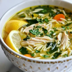 To make Lemon Herb Chicken Orzo Soup, you will need the following: - 1 lb boneless, skinless chicken breasts - 1 tablespoon olive oil - 1 medium onion, diced - 2 cloves garlic, minced - 3 carrots, diced - 3 celery stalks, diced - 6 cups chicken broth - 1 cup orzo pasta - 1 teaspoon dried thyme - 1 teaspoon dried oregano - Zest and juice of 1 lemon - 2 cups fresh spinach - Salt and pepper to taste - Fresh parsley, chopped (for garnish) Each ingredient plays an important role. The chicken gives protein and flavor. The onion and garlic add depth. Carrots and celery bring sweetness and crunch. This soup serves about six people. Each serving is about: - Calories: 250 - Protein: 20g - Carbohydrates: 30g - Fat: 7g - Fiber: 2g It is low in fat and high in protein. This makes it a healthy choice for lunch or dinner. If you have dietary needs, you can make easy swaps: - Use vegetable broth for a vegetarian option. - Swap orzo with rice or gluten-free pasta for gluten-free needs. - Use chickpeas in place of chicken for a plant-based meal. These substitutions keep the soup tasty while meeting your needs. {{ingredient_image_1}} To make Lemon Herb Chicken Orzo Soup, start with simple steps. First, gather all your ingredients. You will need chicken, veggies, and spices. Next, chop the onion, carrots, and celery. Mince the garlic. This helps the flavors mix well. Begin by heating olive oil in a large pot over medium heat. Add the diced onion first. Sauté until it turns soft, about 3-4 minutes. Then, add garlic, carrots, and celery. Cook these for 5 more minutes. This makes the base of your soup full of flavor. Next, move the veggies to one side. Place the chicken breasts on the other side of the pot. Sear them for 2-3 minutes on each side. This gives the chicken a nice color. Pour in the chicken broth, bringing it to a simmer. Add thyme, oregano, salt, and pepper to season. Cover the pot and let it simmer for 15 minutes. The chicken should be fully cooked. Remove the chicken and shred it with two forks. Add the shredded chicken back into the pot. Stir in the orzo pasta and cook for 8-10 minutes. This makes the orzo tender and perfect for the soup. Finally, add lemon zest, lemon juice, and spinach. Cook for 2 minutes until the spinach wilts. This adds freshness to the dish. To achieve the best texture, follow these tips. Make sure your vegetables are cut evenly. This ensures they cook at the same rate. When you add orzo, stir it gently so it cooks evenly. Do not overcook the orzo; check it often. You want it tender, not mushy. Adding lemon zest and juice at the end brightens the soup. It gives a fresh taste without losing the flavors. Enjoy your Lemon Herb Chicken Orzo Soup in a nice bowl, topped with parsley for a lovely look! To make this soup even better, focus on your herbs. Fresh herbs add bright flavor. If you can, use fresh thyme and oregano instead of dried. Add them at the end of cooking for a fresh punch. You can also try a splash of white wine while cooking. This adds depth to the broth. For a spicy kick, add red pepper flakes to taste. Don't skip the lemon zest and juice; they brighten the whole dish. Store leftovers in an airtight container. The soup keeps well in the fridge for up to three days. The orzo will absorb some broth, so you may need to add water when reheating. Reheat on low heat on the stove, stirring often. If using a microwave, heat in short bursts. Stir between each burst to avoid hot spots. This soup pairs well with crusty bread or a fresh salad. Serve it with lemon wedges for extra zing. You can also add a sprinkle of grated Parmesan cheese on top. It adds creaminess and flavor. Consider a light white wine, like Sauvignon Blanc, to enjoy alongside. For a cozy meal, serve it with a grilled cheese sandwich. Pro Tips Use Fresh Herbs: Fresh herbs enhance the flavor of your soup significantly. If available, swap dried thyme and oregano for fresh ones for an aromatic boost. Chicken Broth Quality: Opt for a high-quality chicken broth or homemade broth for richer flavor in your soup. This will elevate the overall taste of the dish. Cook Orzo Al Dente: To prevent the orzo from becoming mushy, aim to cook it al dente. It will continue to absorb liquid even after being removed from heat. Adjust Lemon to Taste: The amount of lemon juice can be adjusted based on personal preference. Start with less and add more if you desire a tangier flavor. {{image_2}} You can easily make this soup gluten-free. Instead of orzo pasta, use gluten-free pasta. Many brands offer small pasta shapes that work well. Check the label to ensure they fit your needs. You can also add rice as a substitute. Just remember to adjust the cooking time, as rice may take longer to cook than orzo. To make this soup vegetarian, skip the chicken and use vegetable broth. You can add more veggies for flavor and texture. Try adding mushrooms, zucchini, or bell peppers. Chickpeas or lentils are great protein sources. They add heartiness to the soup. Remember to season well, as this will enhance the flavor. Feel free to get creative with the ingredients! You can add more herbs like basil or dill for extra flavor. If you want a spicy kick, throw in some red pepper flakes. Fresh corn or peas can add sweetness and color. For a creamier soup, add a splash of cream or coconut milk. Each change gives you a new version of this tasty dish! To store your Lemon Herb Chicken Orzo Soup, let it cool first. Use an airtight container for storage. This soup keeps well in the fridge for 3 to 4 days. Make sure to separate the orzo if you want it to stay firm. The pasta can absorb too much broth and become mushy. If you want to freeze the soup, pour it into freezer-safe bags or containers. Leave space at the top for expansion. This soup can last up to 3 months in the freezer. Thaw it in the fridge overnight before reheating. When you are ready to enjoy the leftover soup, heat it on the stove over low heat. Stir it often to prevent sticking. If the soup is too thick, add a splash of chicken broth or water. You can also microwave it in a bowl, covered with a plate, until hot. Always check the temperature before serving. Yes, you can use rotisserie chicken. It saves time and adds flavor. Just shred the chicken and add it to the soup. This makes your soup even easier to prepare. Rotisserie chicken is already cooked, so you need to heat it through. It can be a great shortcut for busy days. If you don't have orzo, use other small pasta. You can try ditalini, or even rice. Quinoa works too, but remember it cooks faster. Adjust the cooking time based on the substitute pasta or grain to ensure everything cooks evenly. This way, you still get that hearty feel in your soup. Lemon Herb Chicken Orzo Soup lasts about three to four days in the fridge. Store it in an airtight container to keep it fresh. Make sure it cools down before you put it in the fridge. If you want the best taste, enjoy it within the first few days. This blog post covered key ingredients, step-by-step instructions, and helpful tips. We explored substitutions for dietary needs and variations for different diets. Proper storage methods help keep your dish fresh and tasty. Remember to use flavor enhancers and follow serving suggestions for the best experience. With the right techniques, you can create a dish that suits everyone's taste. Enjoy your cooking adventure, and don’t hesitate to experiment!