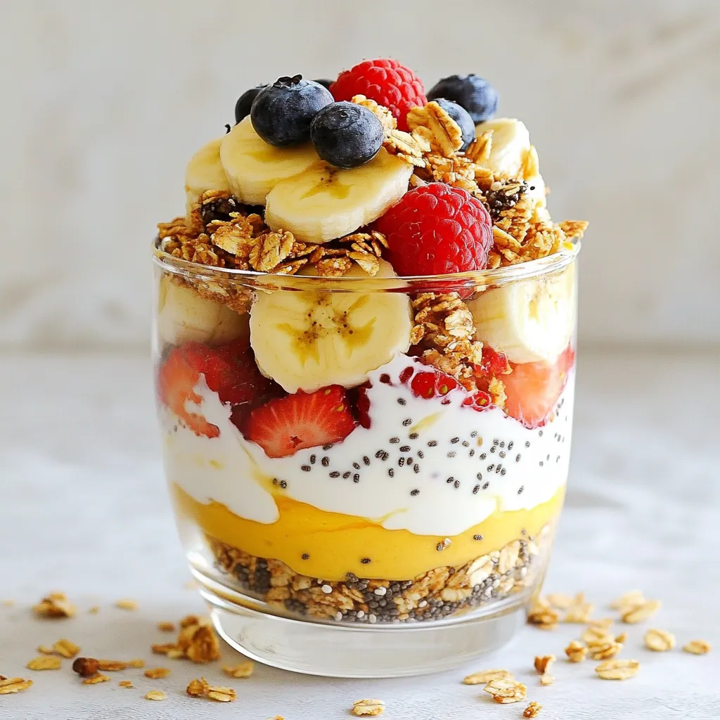 - 1 cup Greek yogurt - 1/2 cup sunflower butter - 2 tablespoons honey or maple syrup - 1 banana, sliced - 1/2 cup granola (your choice) - 1/2 cup mixed berries (strawberries, blueberries, raspberries) - 1 tablespoon chia seeds (optional) - A pinch of cinnamon The main ingredients of this parfait create a tasty and filling treat. Greek yogurt gives a creamy base. Sunflower butter adds a nutty flavor. Honey or maple syrup sweetens it up nicely. Bananas and mixed berries bring freshness and color. Granola adds a crunchy layer that makes each bite fun. Chia seeds offer extra nutrients, while cinnamon gives a warm spice touch. You can swap sunflower butter with almond or peanut butter if you prefer. Use any fruit you like instead of bananas or berries. Apples, peaches, or even mango can work great. If you want less sugar, skip the honey or maple syrup. You can also use plain yogurt if you want a lower-fat option. Sunflower butter is rich in healthy fats. It has vitamin E, which helps your skin stay healthy. It also contains magnesium, good for your muscles and bones. Sunflower butter is great for a quick energy boost. It is nut-free, making it a safe choice for those with nut allergies. Plus, it has protein, which helps you feel full longer. {{ingredient_image_1}} To start, grab a mixing bowl. Add 1 cup of Greek yogurt and 1/2 cup of sunflower butter. Use a spoon or a spatula to mix them well. You want a smooth and creamy blend. If you like it sweeter, add 2 tablespoons of honey or maple syrup. Mix again until it’s well combined. This tasty base will make your parfait creamy and rich. Now, take a clear glass or bowl. Start with a generous scoop of the yogurt and sunflower butter mix. This forms the first layer. Next, add a layer of sliced bananas. Use one banana, cut into thin pieces. On top of the bananas, sprinkle 1/2 cup of granola for a nice crunch. After that, layer 1/2 cup of mixed berries. You can use strawberries, blueberries, or raspberries. Keep adding layers until you use all your ingredients. Finish with a layer of berries on top for a pretty look. If you want, sprinkle 1 tablespoon of chia seeds and a pinch of cinnamon on the very top. When it’s time to serve, use clear glasses. This way, everyone sees the beautiful layers. For a fun touch, garnish with a few whole berries on top. You can also drizzle a bit of honey for extra sweetness. This parfait looks great and tastes even better! To create the best parfait, use clear glasses. This shows off the pretty layers. Start with the yogurt and sunflower butter mix for a smooth base. Then, add bananas for creaminess. Next, sprinkle granola for crunch. Finally, top with mixed berries for color and sweetness. Repeat these layers until your glass is full. Make sure to finish with berries on top. This gives a beautiful view and a tasty bite. Some like their parfait sweet, while others prefer less sweetness. To adjust, add honey or maple syrup to the yogurt mix. Start with one tablespoon and taste. If it needs more, add a little more. You can skip the sweetener for a healthier option. The fruit adds natural sweetness, too. Use ripe bananas and berries for the best flavor. If you have leftovers, store them in an airtight container. Keep the parfait layers separate if you can. This helps maintain the crunch of the granola. You can store the yogurt mix and fruit together. However, add the granola just before eating. This keeps it crispy and fresh. The parfait can last in the fridge for up to two days. Enjoy your tasty breakfast again! Pro Tips Use Unsweetened Sunflower Butter: For a healthier option, choose unsweetened sunflower butter to control the sweetness of your parfait. Layer Creatively: Experiment with layering different fruits and nuts to create a unique flavor profile that suits your taste. Make it Ahead: Prepare the yogurt mixture and chop the fruits the night before for a quick, nutritious breakfast in the morning. Chill Your Ingredients: For a refreshing parfait, chill your yogurt and fruits in the fridge before assembling. {{image_2}} You can switch up the fruits in your parfait. Instead of bananas, try apples or peaches. You can also use kiwi for a tropical twist. If you want more berries, go for blackberries or cherries. Adding nuts like sliced almonds or walnuts gives extra crunch. Dried fruits like raisins or cranberries can add sweetness. Spices can change the whole vibe of your parfait. A sprinkle of nutmeg gives warmth and depth. Try a dash of cardamom for a unique touch. You can also add a bit of vanilla extract for sweet notes. For a fun kick, mix in some cayenne pepper. Just a pinch can surprise your taste buds! Granola is a key part of your parfait. You can use classic oats for a traditional taste. Try nut-based granolas for extra flavor and crunch. If you want something sweet, honey or maple-flavored granola fits well. For a healthy option, look for granola with seeds and dried fruits. Each type brings a new texture to your layers! To keep your parfait fresh, store each layer separately. Place the Greek yogurt and sunflower butter mix in one container. Keep your fruits, granola, and toppings in separate containers. This way, they stay fresh and crunchy. When you're ready to enjoy, just layer them up! Unassembled parfaits can last about three days in the fridge. If you mix everything together, eat it within one to two days. Yogurt and fruit can spoil quickly, so always check for freshness. When stored properly, you can enjoy your breakfast without worry. You can freeze some ingredients for later use. Slice bananas and freeze them in a single layer. Store them in a bag or container. You can also freeze mixed berries. Just wash and dry them first. Granola does not freeze well, so keep it dry and crunchy in the pantry. When you want to make your parfait, just thaw the fruits overnight in the fridge. Yes, you can use peanut butter. It gives a different taste. Sunflower butter is nut-free. If you want a nut-free option, stick to sunflower butter. Greek yogurt is high in protein, which helps build muscle. It also has probiotics that support digestion. Plus, it is lower in sugar than regular yogurt. This makes it a great choice for breakfast. To make this parfait vegan, use plant-based yogurt. Almond or coconut yogurt works well. For the sweetener, choose maple syrup. This keeps the parfait tasty and vegan-friendly. Yes, you can prepare it ahead of time. Layer the ingredients in a jar. Store it in the fridge for up to two days. The granola may soften, so add it just before eating for crunch. In this blog post, we explored how to create a tasty parfait with sunflower butter. We discussed the main ingredients and their substitutes, highlighting the nutritional benefits of sunflower butter. I provided step-by-step instructions for making your parfait and shared tips to perfect the layers. You can customize your dish with different fruits, spices, and granola. Remember to store leftovers correctly for the best taste. Enjoy making this healthy treat that suits your needs!