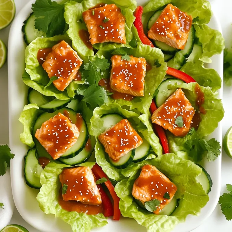 - Salmon fillet: Use a 1 lb skinless and boneless salmon fillet. Fresh salmon gives the best taste. - Lettuce types for wraps: I prefer using butter or iceberg lettuce. Both types have crisp, sturdy leaves for the wraps. - Sweet chili sauce: This sauce adds a nice sweet and spicy flavor. It coats the salmon well. - Optional seasoning ingredients: You can also add soy sauce, sesame oil, grated ginger, and minced garlic. These spices deepen the flavor of the dish. - Fresh herbs and vegetables: Cilantro adds a bright touch. Thin slices of red bell pepper and julienned cucumber give extra crunch. - Serving suggestions with lime wedges: Serve the wraps with lime wedges on the side. A squeeze of lime brings out all the flavors. First, preheat your oven to 400°F (200°C). This sets the stage for cooking the salmon just right. Next, take a baking sheet and line it with parchment paper. This helps with easy cleanup and keeps the salmon from sticking. Now, let’s make the sauce mixture. In a small bowl, combine 1/4 cup sweet chili sauce, 1 tablespoon soy sauce, and 1 teaspoon sesame oil. Add 1 tablespoon of grated ginger and 2 minced garlic cloves. Mix it well. This sauce gives the salmon a sweet and spicy kick that pairs perfectly with fresh veggies. Now, place the salmon fillet on the prepared baking sheet. Pour the sauce mixture over the salmon. Make sure it’s fully covered in that tasty sauce. Bake the salmon for 15 to 20 minutes. You know it’s done when it flakes easily with a fork. This ensures the fish stays moist and flavorful. While the salmon bakes, wash and pat dry the lettuce leaves. These will hold all your yummy fillings. Once the salmon is finished, let it cool for a few minutes. Using a fork, flake the salmon into bite-sized pieces. To build your wraps, take a lettuce leaf. Place a spoonful of flaked salmon in the center. Add slices of red bell pepper and julienned cucumber on top. Finish with a sprinkle of chopped cilantro and sesame seeds. If you like, drizzle more sweet chili sauce over everything. Serve with lime wedges on the side for that extra zing. To avoid overcooking the salmon, keep an eye on the time. Bake the salmon for 15 to 20 minutes. Check it at the 15-minute mark. If it flakes easily with a fork, it's done. This ensures a moist and tasty fish. You can also grill or pan-sear the salmon. For grilling, preheat the grill and use a lightly oiled grill grate. Cook the salmon for about 4-5 minutes on each side. For pan-searing, heat oil in a skillet over medium heat. Cook the salmon for 4-6 minutes per side until golden brown. For plating, arrange the filled lettuce wraps on a large platter. Place lime wedges around the platter for color and freshness. This makes the dish look inviting. Pair your wraps with fresh fruit or a light salad. A cold drink like iced tea or a light beer works well. This can enhance the meal experience. You can add more flavor to your wraps. Consider adding sliced avocados for creaminess or jalapeño for heat. Fresh mango or pineapple can give a nice sweet touch. To adjust the spiciness, add more or less sweet chili sauce. If you want a kick, try adding sriracha or red pepper flakes. Taste as you go to find your perfect balance. {{image_2}} You can switch the salmon for chicken or tofu. Chicken breast works well. Just cook it until it’s no longer pink. For tofu, use firm tofu and press out excess water. Cut it into cubes and bake or sauté it until golden. You can also explore other seafood options. Shrimp or scallops can be great substitutes. Cook them in the same sauce for a tasty twist. Both options add a different texture and flavor to your wraps. For a vegetarian option, replace the protein with plant-based choices. Consider using chickpeas or black beans. These provide protein and fiber while keeping the dish light. Adding more vegetables can enhance your wraps. Try bell peppers, carrots, or avocado slices. They add crunch and color to your meal. You can also toss in some shredded cabbage for extra texture. You can play with sweet and spicy variations. If you like heat, add chili flakes or sriracha to the sauce. This will give your wraps a fiery kick. Using different sauces or marinades can also change the flavor. Teriyaki sauce or hoisin sauce can be great alternatives. Each sauce brings a unique taste to your dish, making it fun to experiment. To keep your sweet chili salmon lettuce wraps fresh, store them in the fridge. Place any leftover wraps in a clean container. Use a container with a tight lid to minimize air exposure. It’s best to keep the salmon and veggies separate from the lettuce. This way, the lettuce stays crisp. You can freeze the salmon and veggies, but not the lettuce. To freeze, place the salmon in a freezer-safe bag. Remove as much air as you can before sealing. For veggies, use a separate bag. When ready to eat, thaw the salmon and veggies in the fridge overnight. Reheat the salmon gently in the oven or microwave until hot. The wraps stay fresh in the fridge for about three days. After that, the quality declines. Look for signs of spoilage, like a sour smell or slimy texture. If you notice any of these, discard the wraps to stay safe. You can use many tasty options for wraps. Here are some ideas: - Collard Greens: These are sturdy and hold filling well. - Cabbage Leaves: They add a nice crunch and flavor. - Nori Sheets: Great for a sushi-like wrap. - Tortillas: For a fun twist, use whole wheat or corn tortillas. - Rice Paper: These give a fresh taste and are easy to use. Each option brings its unique flavor and texture. Choose what you like best! Yes, you can make the sweet chili salmon ahead. Here’s how: - Cook the Salmon: Follow the recipe, then let it cool. - Store: Place the salmon in an airtight container. It can last in the fridge for up to 3 days. - Reheat: Gently warm it in the oven or microwave before serving. Making the salmon ahead saves time. You can enjoy the wraps on busy days! These wraps have a mild spice level. The sweet chili sauce adds sweetness with a hint of heat. Here’s what to know: - Sweet Chili Sauce: It has a light spice. Perfect for most people. - Add More Spice: If you like heat, add sliced jalapeños or chili flakes. - Adjust to Taste: You can control the spice by adding less sauce. These wraps are a great way to enjoy flavor without too much heat. This blog post covered how to make delicious sweet chili salmon lettuce wraps. We explored the main ingredients, like fresh salmon and crispy lettuce. I shared tips on baking the salmon just right and assembling the wraps. You learned about different proteins and flavor variations, plus storage tips for leftovers. In short, this dish offers healthy options with great taste. Try these wraps for a fun meal. You can customize them to fit your taste easily. Enjoy cooking and discovering your favorite combinations!