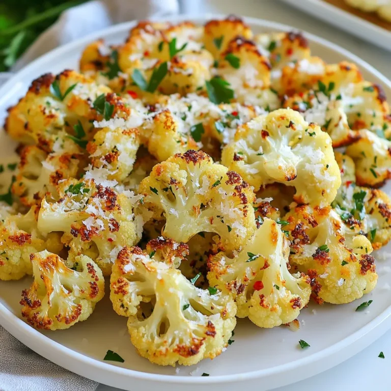 For Garlic Parmesan Roasted Cauliflower, gather these simple items: - 1 large head of cauliflower, cut into florets - 4 cloves of garlic, minced - 1/4 cup grated Parmesan cheese - 3 tablespoons olive oil - 1 teaspoon onion powder - 1 teaspoon garlic powder - 1/2 teaspoon red pepper flakes (optional for heat) - Salt and pepper to taste - Fresh parsley, chopped (for garnish) This dish is not only tasty but also healthy. Each serving offers: - Calories: 120 - Protein: 4g - Carbohydrates: 8g - Fat: 9g - Fiber: 3g Garlic Parmesan Roasted Cauliflower is low in calories and high in fiber. This makes it a great side for any meal. You can easily swap some ingredients if needed: - Use nutritional yeast instead of Parmesan for a vegan option. - Swap olive oil for avocado oil if you prefer. - If you don’t have fresh garlic, garlic powder works too. Use 1 teaspoon as a substitute. - For a different flavor, try adding lemon zest or using a mix of spices. Feel free to get creative with this recipe! {{ingredient_image_1}} First, wash the cauliflower well. Cut the large head into bite-sized florets. Make sure they are even in size. This helps them cook at the same rate. Place the florets in a large bowl. Next, add the minced garlic to the bowl. Pour in the olive oil and sprinkle the onion powder. Add the garlic powder, red pepper flakes, salt, and pepper. Toss everything together until the cauliflower is well coated. You want every piece to soak in the flavors. Now, preheat your oven to 425°F (220°C). Line a baking sheet with parchment paper for easy cleanup. Spread the cauliflower mixture in a single layer on the sheet. Roast it for 20 minutes. Then, take it out and sprinkle the grated Parmesan cheese on top. Return the baking sheet to the oven. Roast for another 10 to 15 minutes. Watch for the cheese to melt and turn golden brown. You want the cauliflower tender and slightly crisped on the edges. Finally, let it cool for a few minutes. Garnish with fresh parsley before serving. To get the best roast, choose a large head of cauliflower. Cut it into evenly sized florets. This helps them cook at the same rate. You want them to be tender and crisp. Preheat your oven to 425°F (220°C). This high heat gives the cauliflower a nice crunch. Line your baking sheet with parchment paper. It makes cleanup quick and easy. For great taste, use fresh garlic. Mince four cloves for a strong flavor. Olive oil helps the garlic and cheese stick. It also adds a nice richness. You can mix in onion powder for depth. Red pepper flakes add heat, but it’s optional. A sprinkle of salt and pepper rounds out the flavors. Don't forget the grated Parmesan cheese! It brings a savory note that pairs well with the cauliflower. If you have leftovers, let them cool first. Then, store them in an airtight container. They will stay fresh in the fridge for about three days. To reheat, just pop them back in the oven. This keeps them crispy. You can also use the microwave, but the texture may change. Enjoy your flavorful dish again! Pro Tips Even Cooking: Make sure to cut the cauliflower florets into similar sizes for even roasting. Cheese Variation: Try using a mix of cheeses like Mozzarella or Pecorino for a unique flavor twist. Extra Crunch: For an extra crispy texture, broil the cauliflower for the last 2-3 minutes of cooking. Herb Infusion: Add dried herbs like oregano or thyme to enhance the flavor profile of the dish. {{image_2}} You can switch up the cheese in this dish. Instead of Parmesan, try using Pecorino Romano for a sharper taste. Feta cheese adds a nice tang. For a creamier option, use mozzarella. Each cheese brings its unique flavor, making the dish fun to explore. You can make this dish heartier by adding other veggies. Broccoli or bell peppers roast well with cauliflower. You can also add protein. Chickpeas or cooked chicken work great. They bring more nutrients and make it a complete meal. Want to add some heat? Use more red pepper flakes. You can also add smoked paprika for a rich flavor. A touch of lemon zest brightens the dish. Experiment with herbs like thyme or oregano to make it your own. To keep your Garlic Parmesan Roasted Cauliflower fresh, store it in an airtight container. Place the leftovers in the fridge within two hours after cooking. They will stay good for about 3 to 5 days. Make sure to let the dish cool down first to avoid steam buildup. You can freeze this dish if you want to save it for later. Allow the cooked cauliflower to cool completely. Then, transfer it to a freezer-safe bag or container. It can last up to three months in the freezer. When you are ready to eat it, thaw it overnight in the fridge. To reheat, you can use an oven or microwave. For the oven, set it to 350°F (175°C). Place the cauliflower in a baking dish and cover it with foil. Heat for about 10 to 15 minutes. If using a microwave, heat in short bursts of 1 minute until warm. Enjoy the crispy edges by using the oven when you can! Yes, you can use frozen cauliflower. However, fresh cauliflower gives a better texture. If you use frozen, thaw it first. Pat it dry with paper towels to remove excess moisture. This helps it roast better. Keep in mind, the cooking time may need to be adjusted. Frozen cauliflower may need a few more minutes to get crispy. To make this dish vegan, skip the Parmesan cheese. You can use nutritional yeast instead. It adds a cheesy flavor without dairy. Another option is to use vegan cheese made from nuts. Just make sure it melts well. You can also use extra garlic and spices for more flavor. Garlic Parmesan Roasted Cauliflower is great on its own. You can serve it as a side dish with grilled chicken or fish. It also pairs well with pasta dishes. Try adding it to salads for extra crunch. For a fun twist, serve it in tacos with other veggies. You can even use it as a topping on pizza. This blog post covered all you need to know about Garlic Parmesan Roasted Cauliflower. We explored the ingredients, including nutritional info and substitutes. You learned step-by-step instructions for prepping, mixing, and roasting. We shared tips for the perfect roast and how to enhance flavors. Variations with different cheeses, veggies, and spices were discussed too. Lastly, we touched on storage and reheating. Remember, this dish is tasty and versatile. Enjoy making it your own!