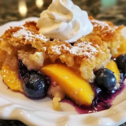 - 2 cups fresh blueberries - 2 cups fresh peaches, sliced (about 4 medium peaches) - 1 cup granulated sugar, divided - 1 tablespoon lemon juice - 1 teaspoon vanilla extract - 1 teaspoon ground cinnamon - 1 cup all-purpose flour - 1 teaspoon baking powder - 1/2 teaspoon salt - 1/2 cup milk - 1/4 cup unsalted butter, melted - 1 egg, beaten I love using fresh fruit in this recipe. Blueberries are sweet and juicy. Peaches add a nice, soft texture. Together, they create a great mix. You can divide the sugar to balance the sweetness. Lemon juice brightens the flavors. Vanilla adds warmth, while cinnamon gives a lovely spice. For the dry ingredients, flour is key. Baking powder helps it rise. Salt brings out the flavors. Mixing these well makes a nice base for the cobbler. Next, we have the wet ingredients. Milk keeps the batter moist. Butter adds richness. Beating the egg helps bind everything. This mix turns into a light, fluffy batter. Gather all these ingredients before you start. It makes cooking more fun. Plus, it helps you stay organized. Enjoy the process and the tasty results! {{ingredient_image_1}} Set your oven to 375°F (190°C). This step is key. Preheating helps the cobbler bake evenly. In a big bowl, mix together: - 2 cups fresh blueberries - 2 cups fresh peaches, sliced (about 4 medium peaches) - 1/2 cup granulated sugar - 1 tablespoon lemon juice - 1 teaspoon vanilla extract - 1 teaspoon ground cinnamon Gently toss these ingredients until the fruit is coated. Set the bowl aside for now. The mix will create a tasty filling. In another bowl, whisk together: - 1 cup all-purpose flour - 1 teaspoon baking powder - 1/2 teaspoon salt - 1/2 cup granulated sugar (the other half) In a small bowl, mix: - 1/4 cup unsalted butter, melted - 1/2 cup milk - 1 egg, beaten Now, pour the wet mix into the dry mix. Stir until just combined. It’s okay if there are a few lumps. Overmixing can ruin the batter's texture. Pour the fruit mixture into a greased 9x13-inch baking dish. Spread it evenly. Then, use a spoon to dollop the batter over the fruit. Leave some fruit exposed for a rustic look. This adds charm to your cobbler. Place the dish in the preheated oven. Bake for 35-40 minutes. Keep an eye on it. You want a golden brown top and bubbling fruit. When it's done, take it out of the oven. Allow the cobbler to cool for about 10 minutes before serving. This helps the flavors settle. Enjoy your warm cobbler plain or with a scoop of vanilla ice cream! To make a great cobbler, avoid overmixing the batter. Mixing too much makes it tough. You want a light, fluffy texture. Just stir until the ingredients blend, and leave some lumps. Ensure you distribute the fruit evenly in the baking dish. This step helps every bite taste great. When the fruit is spread out, it cooks better and gives a nice flavor in each spoonful. Serve the cobbler warm for the best taste. Top it with vanilla ice cream or whipped cream. The cold cream contrasts well with the warm fruit. You can also garnish with fresh fruit. A few extra blueberries or peach slices make it look inviting. You will need a few simple tools to make this cobbler: - 9x13-inch baking dish - Mixing bowls and whisk - Spatula or spoon for dolloping batter These tools help you mix, bake, and serve your cobbler with ease. Enjoy the process and the yummy results! Pro Tips Use Ripe Peaches: Ensure your peaches are ripe for the best flavor. Check for a sweet aroma and slight softness to the touch. Mixing the Batter: Be careful not to overmix the batter; it should remain slightly lumpy for a light, fluffy texture. Serving Temperature: For the best experience, serve the cobbler warm. The flavors of the fruit are more pronounced when heated. Experiment with Spices: Feel free to add a pinch of nutmeg or ginger to the fruit mixture for an extra layer of flavor. {{image_2}} You can change up the fruits in this cobbler. Use frozen blueberries or peaches if fresh ones are not available. They work well and taste great. You can also try other fruits like raspberries or strawberries. These fruits add a fun twist to the recipe. If you need a gluten-free version, simply substitute the all-purpose flour with a gluten-free blend. Many brands offer great options that taste just as good. Your cobbler will still be delicious and satisfying. To make this recipe dairy-free, replace the milk with almond or coconut milk. Both options give a nice flavor. You can also use dairy-free butter instead of regular butter. This way, everyone can enjoy the cobbler without worry. You can refrigerate your blueberry peach cobbler for up to 3 days. Use an airtight container to keep it fresh. This way, you can enjoy leftovers without losing flavor. To freeze your cobbler, cut it into portions. Wrap each piece tightly in plastic wrap. Then, place them in a freezer bag or container. When you want to eat it, remove a portion and let it thaw in the fridge overnight. Reheat it in the oven at 350°F (175°C) for about 15-20 minutes. Before storing your cobbler, let it cool completely. This helps keep moisture out. Cover the cobbler tightly to prevent it from drying out. Using aluminum foil or plastic wrap works well. Following these steps keeps your dessert tasty and ready for your next craving! Yes, frozen fruits can be used with slight adjustments. If you use frozen blueberries or peaches, do not thaw them fully. Just toss them in the bowl while still slightly frozen. This helps keep their shape and flavor. You may need to bake a few extra minutes to ensure they cook through. Look for a golden brown color and bubbling fruit. The fruit should be bubbling around the edges. A toothpick inserted into the batter should come out clean. This shows the batter has cooked properly. Yes, you can prepare ahead and bake when needed. Simply assemble the cobbler but do not bake it. Cover it and store it in the fridge for up to a day. When you are ready, bake it straight from the fridge. Just add a few extra minutes to the baking time. Yes, doubling the recipe is feasible; adjust baking time as necessary. Use a larger baking dish to fit all the ingredients. Keep an eye on it while baking. You may need to bake 10 to 15 minutes longer, but check for that golden brown color and bubbling fruit. This blog post covered all you need to make a tasty fruit cobbler. We looked at fresh ingredients and easy steps to make it. You learned how to prepare the fruit, mix the batter, and bake it to perfection. Don't forget to try your favorite fruits and tips for serving. With these steps, you can impress family and friends with your baking skills. Enjoy your delicious cobbler warm or cold; it’s sure to please!