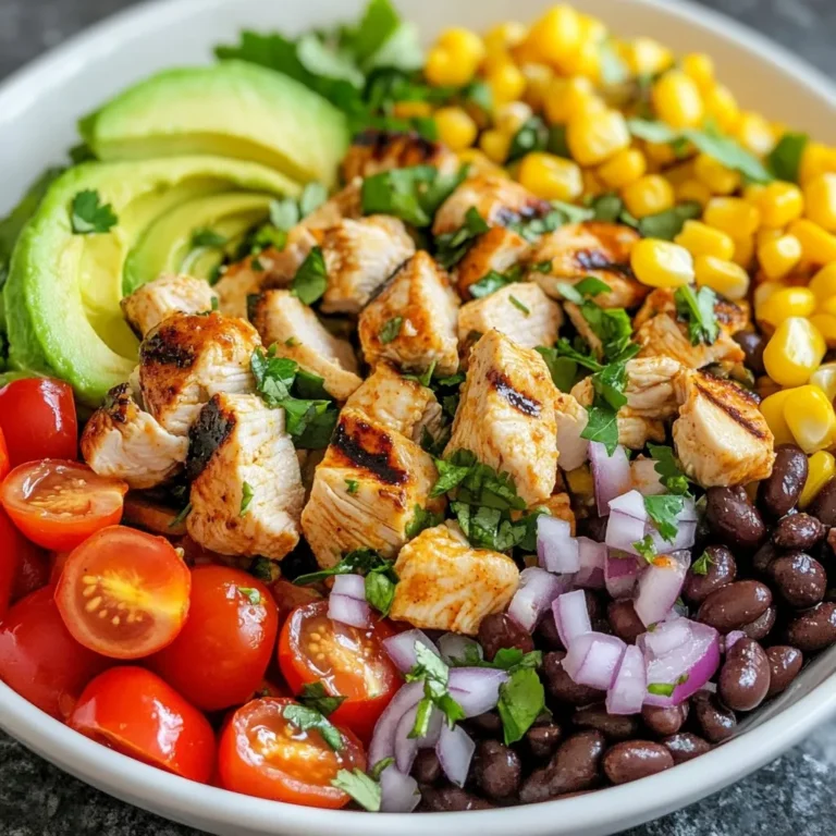 To make Spicy Southwest Chicken Salad, you need: - 2 grilled chicken breast fillets, diced - 1 can (15 oz) black beans, drained and rinsed - 1 cup corn (fresh, frozen, or canned) - 1 red bell pepper, diced - 1 avocado, diced - 1/2 cup cherry tomatoes, halved - 1/4 cup red onion, finely chopped - 1/4 cup fresh cilantro, chopped - 1 teaspoon chili powder - 1/2 teaspoon cumin - 1/4 teaspoon cayenne pepper (adjust to taste) - Juice of 2 limes - 3 tablespoons olive oil - Salt and pepper to taste - Tortilla strips for garnish (optional) Each serving of Spicy Southwest Chicken Salad has about: - Calories: 300 - Protein: 25g - Carbohydrates: 30g - Dietary Fiber: 10g - Sugars: 3g - Fat: 12g This salad is packed with nutrients. It provides protein from chicken and beans. The veggies add fiber and vitamins. You can add a few fun toppings to make your salad pop: - Tortilla strips for crunch - Extra cilantro for freshness - Lime wedges for added zest - Sliced jalapeños for heat Feel free to mix and match! These garnishes can make your salad look and taste even better. {{ingredient_image_1}} To start, gather your fresh ingredients. You need grilled chicken, black beans, corn, and colorful veggies. 1. Combine Ingredients: In a large bowl, mix the diced chicken, drained black beans, corn, red bell pepper, diced avocado, halved cherry tomatoes, chopped red onion, and fresh cilantro. This mix brings great texture and flavor. Now, let’s create a zesty dressing. It adds a kick to your salad. 1. Whisk Together: In a small bowl, combine the juice of two limes, olive oil, chili powder, cumin, cayenne pepper, salt, and pepper. Whisk until everything blends well. 2. Taste and Adjust: After mixing, taste the dressing. If it needs more zing, add more lime juice or spice. Your salad is almost ready! The way you serve it can make it special. 1. Transfer the Salad: Pour the salad mix onto a large, colorful platter. You can also serve it in individual bowls. 2. Add Crunch: For a fun twist, sprinkle tortilla strips on top. They add great crunch and flavor. 3. Garnish: Consider adding fresh cilantro leaves and a lime wedge for a pop of color. Your Spicy Southwest Chicken Salad is now a feast for the eyes and the taste buds! Enjoy this vibrant meal. To make the best Spicy Southwest Chicken Salad, mix fresh and colorful ingredients. Use grilled chicken that is juicy and tender. Chop the veggies into bite-sized pieces for easy eating. Be gentle when mixing to keep the avocado intact. This adds a creamy touch to each bite. Serve the salad right away for the freshest taste. Selecting high-quality ingredients is key. Use ripe avocados for creaminess. Fresh cilantro adds a bright flavor. Choose firm, bright bell peppers for crunch. For beans, canned black beans save time. Rinse them well to remove excess salt. You can use frozen corn if fresh isn't available. This salad is all about fresh flavors. If you love heat, add more cayenne pepper. Start with a little and taste as you go. For a milder salad, reduce the cayenne. You can also skip the chili powder if you prefer less spice. Lime juice helps balance heat with its tangy flavor. Always taste and adjust to fit your palate. Enjoy customizing your salad! Pro Tips Perfectly Diced Avocado: To achieve uniform avocado pieces, slice it in half, remove the pit, and make crisscross cuts inside the flesh before scooping it out with a spoon. Freshness Matters: Use fresh lime juice instead of bottled for a brighter, more vibrant flavor that enhances the overall taste of the salad. Adjust the Spice: If you're unsure about the heat level, start with a smaller amount of cayenne pepper and gradually increase it to suit your taste preference. Make Ahead: For a quicker meal prep, you can chop all the ingredients in advance and store them separately in the fridge. Combine them just before serving to maintain freshness. {{image_2}} You can make this salad vegetarian by skipping the chicken. Use grilled tofu or tempeh instead. These options add a nice texture. For vegans, ensure you use plant-based dressings. Try using avocado instead of chicken for creaminess. You can swap ingredients for what you have. If you don’t have black beans, use kidney beans. For corn, frozen or canned works just fine. Instead of red bell pepper, try yellow or green peppers for a different taste. You can also add diced cucumbers for a refreshing crunch. Want more protein? Add cooked quinoa or chickpeas. You can also toss in nuts like walnuts or almonds. These not only add protein but also a nice crunch. Grilled shrimp or fish can also boost the protein in this salad. Just make sure to adjust the spices to match! To store your Spicy Southwest Chicken Salad, place it in an airtight container. Make sure the salad cools down first. This keeps the flavors fresh and the veggies crisp. You can store it in the fridge for up to three days. If you want to keep it longer, consider freezing. Since this salad has fresh veggies, I recommend not reheating it. If you must warm it up, heat only the chicken in a microwave. Do this for about 30 seconds. After warming, mix it back with the salad. Be careful not to cook the veggies. You can freeze the chicken salad, but some ingredients don't freeze well. Avoid freezing avocado and tomatoes. To freeze, put the chicken, beans, corn, and peppers in a container. Leave out the dressing. It can stay in the freezer for up to two months. When ready to eat, thaw in the fridge overnight and add fresh toppings. You can use beans or tofu as a substitute for chicken. Both options add protein. Try chickpeas or lentils for a hearty twist. If you want meat, shredded pork or turkey works well too. These swaps keep the salad filling and tasty. Yes, you can prepare this salad ahead of time. Just mix the salad ingredients, but keep the dressing separate. Add the dressing just before serving to keep everything fresh. This way, your salad stays crisp and delicious. This salad pairs well with tortilla chips or a side of rice. You can also serve it with grilled corn or a warm tortilla. For a light meal, enjoy it with a glass of iced tea or lemonade. These sides enhance the flavors and make a complete meal. This blog post covered how to make a tasty Spicy Southwest Chicken Salad. We discussed the key ingredients and their nutritional facts. You learned how to mix the dressing and serve it right. I shared tips to help you make it perfect and variations that fit different diets. Finally, we addressed how to store leftovers safely. Remember, feel free to explore and make this recipe your own. Enjoy each bite!