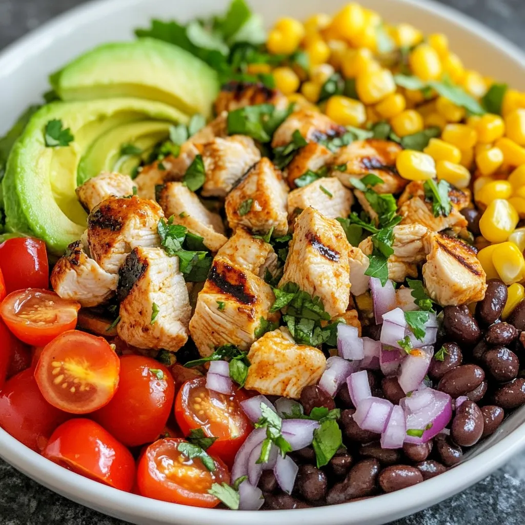 To make Spicy Southwest Chicken Salad, you need: - 2 grilled chicken breast fillets, diced - 1 can (15 oz) black beans, drained and rinsed - 1 cup corn (fresh, frozen, or canned) - 1 red bell pepper, diced - 1 avocado, diced - 1/2 cup cherry tomatoes, halved - 1/4 cup red onion, finely chopped - 1/4 cup fresh cilantro, chopped - 1 teaspoon chili powder - 1/2 teaspoon cumin - 1/4 teaspoon cayenne pepper (adjust to taste) - Juice of 2 limes - 3 tablespoons olive oil - Salt and pepper to taste - Tortilla strips for garnish (optional) Each serving of Spicy Southwest Chicken Salad has about: - Calories: 300 - Protein: 25g - Carbohydrates: 30g - Dietary Fiber: 10g - Sugars: 3g - Fat: 12g This salad is packed with nutrients. It provides protein from chicken and beans. The veggies add fiber and vitamins. You can add a few fun toppings to make your salad pop: - Tortilla strips for crunch - Extra cilantro for freshness - Lime wedges for added zest - Sliced jalapeños for heat Feel free to mix and match! These garnishes can make your salad look and taste even better. {{ingredient_image_1}} To start, gather your fresh ingredients. You need grilled chicken, black beans, corn, and colorful veggies. 1. Combine Ingredients: In a large bowl, mix the diced chicken, drained black beans, corn, red bell pepper, diced avocado, halved cherry tomatoes, chopped red onion, and fresh cilantro. This mix brings great texture and flavor. Now, let’s create a zesty dressing. It adds a kick to your salad. 1. Whisk Together: In a small bowl, combine the juice of two limes, olive oil, chili powder, cumin, cayenne pepper, salt, and pepper. Whisk until everything blends well. 2. Taste and Adjust: After mixing, taste the dressing. If it needs more zing, add more lime juice or spice. Your salad is almost ready! The way you serve it can make it special. 1. Transfer the Salad: Pour the salad mix onto a large, colorful platter. You can also serve it in individual bowls. 2. Add Crunch: For a fun twist, sprinkle tortilla strips on top. They add great crunch and flavor. 3. Garnish: Consider adding fresh cilantro leaves and a lime wedge for a pop of color. Your Spicy Southwest Chicken Salad is now a feast for the eyes and the taste buds! Enjoy this vibrant meal. To make the best Spicy Southwest Chicken Salad, mix fresh and colorful ingredients. Use grilled chicken that is juicy and tender. Chop the veggies into bite-sized pieces for easy eating. Be gentle when mixing to keep the avocado intact. This adds a creamy touch to each bite. Serve the salad right away for the freshest taste. Selecting high-quality ingredients is key. Use ripe avocados for creaminess. Fresh cilantro adds a bright flavor. Choose firm, bright bell peppers for crunch. For beans, canned black beans save time. Rinse them well to remove excess salt. You can use frozen corn if fresh isn't available. This salad is all about fresh flavors. If you love heat, add more cayenne pepper. Start with a little and taste as you go. For a milder salad, reduce the cayenne. You can also skip the chili powder if you prefer less spice. Lime juice helps balance heat with its tangy flavor. Always taste and adjust to fit your palate. Enjoy customizing your salad! Pro Tips Perfectly Diced Avocado: To achieve uniform avocado pieces, slice it in half, remove the pit, and make crisscross cuts inside the flesh before scooping it out with a spoon. Freshness Matters: Use fresh lime juice instead of bottled for a brighter, more vibrant flavor that enhances the overall taste of the salad. Adjust the Spice: If you're unsure about the heat level, start with a smaller amount of cayenne pepper and gradually increase it to suit your taste preference. Make Ahead: For a quicker meal prep, you can chop all the ingredients in advance and store them separately in the fridge. Combine them just before serving to maintain freshness. {{image_2}} You can make this salad vegetarian by skipping the chicken. Use grilled tofu or tempeh instead. These options add a nice texture. For vegans, ensure you use plant-based dressings. Try using avocado instead of chicken for creaminess. You can swap ingredients for what you have. If you don’t have black beans, use kidney beans. For corn, frozen or canned works just fine. Instead of red bell pepper, try yellow or green peppers for a different taste. You can also add diced cucumbers for a refreshing crunch. Want more protein? Add cooked quinoa or chickpeas. You can also toss in nuts like walnuts or almonds. These not only add protein but also a nice crunch. Grilled shrimp or fish can also boost the protein in this salad. Just make sure to adjust the spices to match! To store your Spicy Southwest Chicken Salad, place it in an airtight container. Make sure the salad cools down first. This keeps the flavors fresh and the veggies crisp. You can store it in the fridge for up to three days. If you want to keep it longer, consider freezing. Since this salad has fresh veggies, I recommend not reheating it. If you must warm it up, heat only the chicken in a microwave. Do this for about 30 seconds. After warming, mix it back with the salad. Be careful not to cook the veggies. You can freeze the chicken salad, but some ingredients don't freeze well. Avoid freezing avocado and tomatoes. To freeze, put the chicken, beans, corn, and peppers in a container. Leave out the dressing. It can stay in the freezer for up to two months. When ready to eat, thaw in the fridge overnight and add fresh toppings. You can use beans or tofu as a substitute for chicken. Both options add protein. Try chickpeas or lentils for a hearty twist. If you want meat, shredded pork or turkey works well too. These swaps keep the salad filling and tasty. Yes, you can prepare this salad ahead of time. Just mix the salad ingredients, but keep the dressing separate. Add the dressing just before serving to keep everything fresh. This way, your salad stays crisp and delicious. This salad pairs well with tortilla chips or a side of rice. You can also serve it with grilled corn or a warm tortilla. For a light meal, enjoy it with a glass of iced tea or lemonade. These sides enhance the flavors and make a complete meal. This blog post covered how to make a tasty Spicy Southwest Chicken Salad. We discussed the key ingredients and their nutritional facts. You learned how to mix the dressing and serve it right. I shared tips to help you make it perfect and variations that fit different diets. Finally, we addressed how to store leftovers safely. Remember, feel free to explore and make this recipe your own. Enjoy each bite!