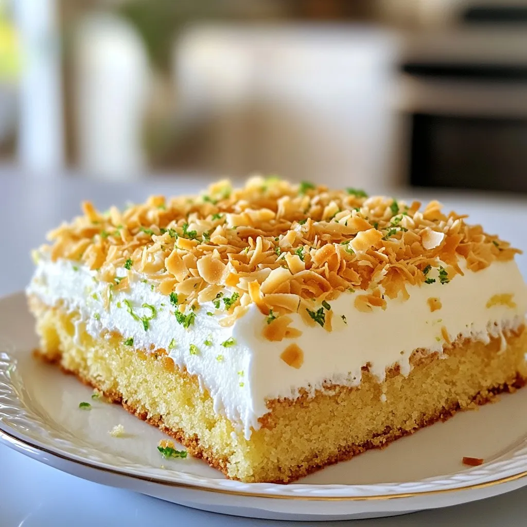 - 2 cups all-purpose flour - 1 ½ cups granulated sugar - 1 cup shredded coconut - 1 teaspoon baking powder - ½ teaspoon baking soda - ½ teaspoon salt When you start with dry ingredients, it’s key to mix them well. I like to whisk the flour, sugar, shredded coconut, baking powder, baking soda, and salt together in a large bowl. This ensures everything combines evenly. The shredded coconut adds sweetness and texture, making every bite delightful. - 1 cup unsweetened coconut milk - ½ cup vegetable oil - 3 large eggs - Zest of 2 limes - ½ cup freshly squeezed lime juice - 1 teaspoon vanilla extract In another bowl, combine the wet ingredients. Whisk the coconut milk, vegetable oil, eggs, lime zest, lime juice, and vanilla extract until smooth. The lime juice and zest give the cake a bright and fresh flavor. Coconut milk keeps the cake moist and rich. This mixture is the heart of your cake. - 1 cup unsalted butter - 4 cups powdered sugar - ¼ cup coconut milk - Zest of 1 lime - 1 tablespoon freshly squeezed lime juice - 1 cup toasted coconut flakes For the frosting, start with softened unsalted butter. Beat it until creamy. Gradually add powdered sugar, mixing on low speed to avoid a sugar cloud. Then, mix in coconut milk, lime zest, and lime juice. This makes the frosting light and fluffy. The toasted coconut flakes add a crunchy finish on top. It’s a sweet touch that makes the cake extra special. {{ingredient_image_1}} 1. Preheat the oven to 350°F (175°C). This step warms the oven for even baking. 2. Grease and line the pan. Use a 9x13 inch baking pan. Grease it with butter or oil. Then, place parchment paper in the bottom. This makes it easy to lift the cake out later. 1. Combine dry ingredients. In a large bowl, mix 2 cups of flour, 1 ½ cups of sugar, 1 cup of shredded coconut, 1 teaspoon of baking powder, ½ teaspoon of baking soda, and ½ teaspoon of salt. Whisk these together until well combined. 2. Combine wet ingredients. In another bowl, whisk 1 cup of coconut milk, ½ cup of vegetable oil, 3 eggs, the zest of 2 limes, ½ cup of lime juice, and 1 teaspoon of vanilla extract. Mix until smooth. 3. Combine mixtures. Pour the wet mix into the dry ingredients. Stir gently until just mixed. Don't worry about lumps; a few are okay. 1. Pour batter into the pan. Spread the batter evenly with a spatula. This helps it bake evenly. 2. Baking time and doneness check. Place the pan in the oven. Bake for 30-35 minutes. To check if it's done, insert a toothpick in the center. If it comes out clean, the cake is ready. Let it cool in the pan for about 10 minutes before moving it to a wire rack to cool completely. 1. Make the lime coconut frosting. In a large bowl, beat 1 cup of softened butter until creamy. Gradually add 4 cups of powdered sugar. Mix on low until combined. Then, add ¼ cup of coconut milk, zest of 1 lime, and 1 tablespoon of lime juice. Beat on high until light and fluffy. 2. Frost the cooled cake. Once the cake is completely cool, spread the frosting over the top. Use a spatula for an even layer. 3. Garnish. Sprinkle 1 cup of toasted coconut flakes on top for extra flavor and crunch. Now you have a stunning Coconut Lime Sheet Cake ready to impress! Avoiding overmixing the batter When mixing your cake batter, stop as soon as the dry and wet ingredients blend. Overmixing makes the cake dense and tough. You want a light and airy cake, so a few lumps in the batter are okay. Checking for doneness To check if your cake is done, insert a toothpick into the center. If it comes out clean or with just a few moist crumbs, your cake is ready. If it has wet batter on it, bake for a few more minutes. Achieving the perfect texture For a fluffy frosting, beat the softened butter first until creamy. Gradually add powdered sugar at a low speed. Then, add coconut milk, lime zest, and juice. This will help create a smooth, airy frosting. Techniques for even frosting To frost your cake evenly, start from the center and work your way to the edges. Use an offset spatula for a nice finish. Don’t rush; take your time to spread the frosting smoothly. Best ways to serve the cake This cake is great chilled or at room temp. Slice it into squares for easy serving. You can even serve it with fresh fruit like berries for added flavor. Pairing ideas Pair your cake with a scoop of vanilla ice cream or a dollop of whipped cream. A light cup of tea or coffee also complements the coconut lime flavor well. Enjoy the sweet and tangy notes with your drink of choice! Pro Tips Use Fresh Limes: For the best flavor, always use fresh limes for zest and juice instead of bottled lime juice. Check for Doneness: Oven temperatures can vary, so start checking your cake a few minutes before the recommended baking time. Cool Completely: Ensure the cake is completely cool before frosting to prevent the frosting from melting. Toast Coconut Flakes: Toasting the coconut flakes enhances their flavor; keep an eye on them as they can burn quickly. {{image_2}} You can make this cake even more fun! Try adding chocolate or fruit. Dark chocolate chips blend well with coconut and lime. Fresh fruit like berries or mango can add a nice twist. Mix in a cup of your favorite fruit for a fruity surprise. You can also use different types of coconut. Shredded coconut works great, but try coconut flakes for more texture. For a richer flavor, use coconut cream instead of coconut milk. This change makes the cake even more moist and flavorful. If you need gluten-free options, swap all-purpose flour for a gluten-free blend. Look for a blend that includes xanthan gum for best results. This keeps the cake soft and fluffy. For vegan substitutions, replace eggs with flax eggs. Mix one tablespoon of ground flaxseed with three tablespoons of water for each egg. Use plant-based butter for the frosting, and you’re all set for a vegan treat! Garnishing can elevate your cake. Instead of toasted coconut, try lime zest or edible flowers for a pop of color. You can also drizzle extra lime juice on top for a tart finish. For serving ideas, cut the cake into fun shapes using cookie cutters. This makes it perfect for parties. You could even serve slices with a scoop of coconut ice cream. It adds a cool and creamy touch that everyone will love! To keep your coconut lime sheet cake fresh, store it at room temperature. Place it in an airtight container. This will help retain moisture and flavor. You can also cover the cake with plastic wrap. If you use frosting, it stays best in the fridge. Cover the frosting with plastic wrap, too. It can last up to three days at room temperature. If you want to save cake for later, freeze it. First, let the cake cool completely. Then, wrap it tightly in plastic wrap. Next, place the wrapped cake in a freezer bag or an airtight container. This way, it stays fresh for up to three months in the freezer. When you’re ready to enjoy it, take the cake out. Let it thaw in the fridge overnight or at room temperature for a few hours. Frost it once it's thawed for the best taste. You can serve it chilled or at room temperature. Enjoy every bite! Can I use sweetened coconut instead of unsweetened? Yes, you can use sweetened coconut. It will add more sugar to the cake. This can make your cake a bit sweeter. If you like it sweeter, go for it! How can I adjust the sweetness of the cake? To change the sweetness, reduce the sugar in the batter. You can lower it by a quarter cup. You can also add extra lime juice for a tangy taste. This can balance the sweetness. What is the best way to store leftover cake? Store leftover cake in an airtight container. It keeps well at room temperature for up to three days. If you want to save it longer, refrigerate it. Just make sure it is covered. What to do if the cake is too dry? If the cake is dry, you can add a bit of coconut milk. Brush some on top of the cake slices before serving. This adds moisture and flavor. You can also whip up a quick syrup to drizzle on top. How to fix lumpy frosting? To fix lumpy frosting, beat it again. Use a mixer on high speed for a few minutes. If it’s still lumpy, add a bit more coconut milk. This can help smooth it out. How many servings does this recipe yield? This recipe makes about 12 to 16 slices. It depends on how big you cut the pieces. You can serve it at parties or family gatherings. Best ways to cut and serve the cake? Use a sharp knife to cut the cake. Start at the center and work your way out. For serving, you can place it on decorative plates. Garnish with extra toasted coconut for a nice touch. This blog post covered all you need to make a delicious lime coconut cake. We discussed ingredients, step-by-step instructions, and helpful tips. You learned how to balance flavors and create the perfect frosting. Don’t forget about variations that suit your taste or diet. Proper storage helps keep your cake fresh. With this guide, you can bake with confidence. Enjoy sharing this treat with friends and family. Happy baking!