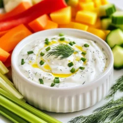 To make a tasty Greek yogurt ranch dip, you need some simple ingredients. Here’s what you’ll need: - 1 cup plain Greek yogurt - 1/2 cup mayonnaise - 1 tablespoon fresh dill, chopped - 1 tablespoon fresh chives, chopped - 1 teaspoon garlic powder - 1 teaspoon onion powder - 1 teaspoon dried parsley - 1 tablespoon lemon juice - Salt and pepper to taste These items create a creamy and flavorful base. The Greek yogurt brings a nice tang. The mayonnaise adds richness, making it smooth and delightful. You can customize your ranch dip with some extra flavors or textures. Here are some optional ingredients you might want to try: - Chopped vegetables (like carrots, celery, and bell peppers) for serving - Additional herbs like basil or thyme - A dash of hot sauce for some heat Feel free to mix in what you love. This way, you make the dip your own! Using Greek yogurt in this dip offers many benefits. First, it is high in protein, which helps keep you full longer. Greek yogurt also contains probiotics. These are good for your gut health. It has less fat than sour cream and is lower in calories, making it a healthier choice. Plus, Greek yogurt is rich in calcium, which is great for strong bones. With all these benefits, you can enjoy this dip guilt-free while snacking on fresh veggies! {{ingredient_image_1}} First, gather your ingredients. You need one cup of plain Greek yogurt and half a cup of mayonnaise. These two form the base of your dip. Then, chop one tablespoon each of fresh dill and chives. These herbs add great flavor. Next, grab your spices: one teaspoon of garlic powder, onion powder, and dried parsley. Lastly, you will need one tablespoon of lemon juice and salt and pepper to taste. In a medium bowl, mix the Greek yogurt and mayonnaise together. You want it smooth and creamy. This step is key for a nice base. After that, add the fresh dill, chives, garlic powder, onion powder, and dried parsley. Stir well. Next, add the lemon juice. It gives a fresh and zesty taste. Mix until all ingredients are well combined. Finally, season with salt and pepper. Adjust to your taste. To get a perfect creamy texture, I recommend using a whisk. This helps blend the ingredients well. If you don’t have a whisk, a fork works too. Just make sure to mix until there are no lumps. You want a smooth dip. After mixing, cover the bowl with plastic wrap. This keeps the dip moist. Refrigerate for at least 30 minutes. This step helps the flavors blend together. To enhance the flavor, try these tips. Letting the dip chill is one of the best. As it sits, the flavors grow stronger. You can also add a bit more lemon juice for extra zest. If you want some heat, try adding a pinch of cayenne pepper. It gives a nice kick. For a richer taste, consider adding a splash of Worcestershire sauce. These small changes can make a big difference in flavor. When you serve the dip, pair it with fresh veggies like carrots, celery, or bell peppers. These add crunch and color to your dish. Enjoy your healthy and tasty Greek yogurt ranch dip! To keep your Greek yogurt ranch dip fresh, store it in an airtight container. This helps keep out air and moisture. Always label the container with the date you made it. It will last about 3 to 5 days in the fridge. If you want to keep it longer, consider freezing it. However, the texture may change after thawing. To boost the flavor, use fresh herbs like dill and chives. They make a big difference! Letting the dip sit in the fridge for at least 30 minutes helps the flavors blend. This time allows the garlic and onion powders to soak in. You can also add a splash of vinegar for extra tang. Adjust the salt and pepper to your taste for that perfect balance. One common mistake is not mixing the dip well. Make sure to stir until all the ingredients are blended. Another mistake is skipping the chill time. This step is key for great flavor! Avoid using low-quality yogurt or mayo, as this can change the taste. Lastly, don’t forget to taste and adjust your seasonings. This simple step can elevate your dip from good to great! Pro Tips Fresh Herbs Matter: Using fresh herbs like dill and chives enhances the flavor significantly compared to dried herbs. Chill for Best Flavor: Allowing the dip to chill for at least 30 minutes helps the flavors meld, making it tastier. Customizable Veggies: Feel free to use any chopped vegetables you prefer for serving; it pairs well with a variety of options. Healthy Swap: For a lighter version, you can replace mayonnaise with an equal amount of Greek yogurt. {{image_2}} You can make this dip even healthier. Swap the mayonnaise for plain Greek yogurt. This change cuts fat while keeping it creamy. You can also use a dairy-free yogurt if you prefer. This keeps the dip vegan and tasty. For a boost of nutrients, add some chopped spinach or kale. These greens blend well without changing the flavor much. Want to spice things up? Add a pinch of cayenne pepper or some hot sauce. This gives the dip a kick. You can also play with herbs. Try adding fresh basil or cilantro for a twist. If you love garlic, increase the garlic powder. For an herb-infused flavor, mix in fresh oregano or thyme. Each option makes the dip more fun and unique. The best part of this dip is what you use for dipping. Fresh veggies are a hit. Try carrots, celery, or bell peppers. They add crunch and color. You can also use chips or crackers for a different texture. Pita chips pair nicely with the creamy dip. For a healthy twist, use sliced cucumbers or radishes. These options keep it light and refreshing. To keep your Greek yogurt ranch dip fresh, store it in an airtight container. This helps to lock in flavor and texture. If you use plastic wrap, press it directly onto the dip's surface. This prevents air from getting in. Always place the lid on tightly after each use. When stored properly, Greek yogurt ranch dip lasts about 3 to 5 days in the fridge. Check for any changes in smell or texture before eating. If it looks or smells off, it’s best to toss it. Homemade dips often taste best when eaten fresh, but they can still be enjoyed for a few days. You can freeze Greek yogurt ranch dip to use later, but the texture may change. To freeze, place the dip in a freezer-safe container. Leave some space at the top for expansion. When you’re ready to use it, thaw it in the fridge overnight. Stir well before serving to blend the ingredients back together. Yes, you can use low-fat Greek yogurt. It will still taste great! The dip may be a bit less creamy, but it keeps the flavor. Low-fat yogurt also cuts some calories. You can easily swap it for full-fat yogurt in the recipe. Just mix it with mayonnaise like usual. It will still give you that tangy taste you love in ranch dip. Many vegetables work well with ranch dip. Carrots, celery, and cucumber are classics. Bell peppers add a nice crunch, too. You can also try cherry tomatoes or broccoli florets. They all taste great with the dip. You can mix and match any veggies you like. This makes your snack fun and colorful! You can keep Greek yogurt ranch dip in the fridge for up to five days. Make sure to store it in a sealed container. This keeps the dip fresh and safe to eat. If you notice any strange smell or color, it's best to toss it. Enjoy it with your favorite snacks during the week! Greek yogurt ranch dip is simple to make and tasty. We covered the main and optional ingredients, and health benefits of Greek yogurt. You learned how to prepare and mix the dip for the best texture. Remember the best storage tips and avoid common mistakes. Explore variations to suit your taste, and ensure freshness with proper storage. This dip is versatile and easy to customize. Enjoy making it for your next snack!