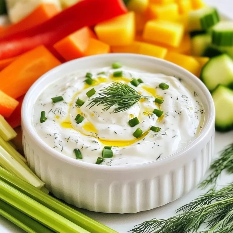 To make a tasty Greek yogurt ranch dip, you need some simple ingredients. Here’s what you’ll need: - 1 cup plain Greek yogurt - 1/2 cup mayonnaise - 1 tablespoon fresh dill, chopped - 1 tablespoon fresh chives, chopped - 1 teaspoon garlic powder - 1 teaspoon onion powder - 1 teaspoon dried parsley - 1 tablespoon lemon juice - Salt and pepper to taste These items create a creamy and flavorful base. The Greek yogurt brings a nice tang. The mayonnaise adds richness, making it smooth and delightful. You can customize your ranch dip with some extra flavors or textures. Here are some optional ingredients you might want to try: - Chopped vegetables (like carrots, celery, and bell peppers) for serving - Additional herbs like basil or thyme - A dash of hot sauce for some heat Feel free to mix in what you love. This way, you make the dip your own! Using Greek yogurt in this dip offers many benefits. First, it is high in protein, which helps keep you full longer. Greek yogurt also contains probiotics. These are good for your gut health. It has less fat than sour cream and is lower in calories, making it a healthier choice. Plus, Greek yogurt is rich in calcium, which is great for strong bones. With all these benefits, you can enjoy this dip guilt-free while snacking on fresh veggies! {{ingredient_image_1}} First, gather your ingredients. You need one cup of plain Greek yogurt and half a cup of mayonnaise. These two form the base of your dip. Then, chop one tablespoon each of fresh dill and chives. These herbs add great flavor. Next, grab your spices: one teaspoon of garlic powder, onion powder, and dried parsley. Lastly, you will need one tablespoon of lemon juice and salt and pepper to taste. In a medium bowl, mix the Greek yogurt and mayonnaise together. You want it smooth and creamy. This step is key for a nice base. After that, add the fresh dill, chives, garlic powder, onion powder, and dried parsley. Stir well. Next, add the lemon juice. It gives a fresh and zesty taste. Mix until all ingredients are well combined. Finally, season with salt and pepper. Adjust to your taste. To get a perfect creamy texture, I recommend using a whisk. This helps blend the ingredients well. If you don’t have a whisk, a fork works too. Just make sure to mix until there are no lumps. You want a smooth dip. After mixing, cover the bowl with plastic wrap. This keeps the dip moist. Refrigerate for at least 30 minutes. This step helps the flavors blend together. To enhance the flavor, try these tips. Letting the dip chill is one of the best. As it sits, the flavors grow stronger. You can also add a bit more lemon juice for extra zest. If you want some heat, try adding a pinch of cayenne pepper. It gives a nice kick. For a richer taste, consider adding a splash of Worcestershire sauce. These small changes can make a big difference in flavor. When you serve the dip, pair it with fresh veggies like carrots, celery, or bell peppers. These add crunch and color to your dish. Enjoy your healthy and tasty Greek yogurt ranch dip! To keep your Greek yogurt ranch dip fresh, store it in an airtight container. This helps keep out air and moisture. Always label the container with the date you made it. It will last about 3 to 5 days in the fridge. If you want to keep it longer, consider freezing it. However, the texture may change after thawing. To boost the flavor, use fresh herbs like dill and chives. They make a big difference! Letting the dip sit in the fridge for at least 30 minutes helps the flavors blend. This time allows the garlic and onion powders to soak in. You can also add a splash of vinegar for extra tang. Adjust the salt and pepper to your taste for that perfect balance. One common mistake is not mixing the dip well. Make sure to stir until all the ingredients are blended. Another mistake is skipping the chill time. This step is key for great flavor! Avoid using low-quality yogurt or mayo, as this can change the taste. Lastly, don’t forget to taste and adjust your seasonings. This simple step can elevate your dip from good to great! Pro Tips Fresh Herbs Matter: Using fresh herbs like dill and chives enhances the flavor significantly compared to dried herbs. Chill for Best Flavor: Allowing the dip to chill for at least 30 minutes helps the flavors meld, making it tastier. Customizable Veggies: Feel free to use any chopped vegetables you prefer for serving; it pairs well with a variety of options. Healthy Swap: For a lighter version, you can replace mayonnaise with an equal amount of Greek yogurt. {{image_2}} You can make this dip even healthier. Swap the mayonnaise for plain Greek yogurt. This change cuts fat while keeping it creamy. You can also use a dairy-free yogurt if you prefer. This keeps the dip vegan and tasty. For a boost of nutrients, add some chopped spinach or kale. These greens blend well without changing the flavor much. Want to spice things up? Add a pinch of cayenne pepper or some hot sauce. This gives the dip a kick. You can also play with herbs. Try adding fresh basil or cilantro for a twist. If you love garlic, increase the garlic powder. For an herb-infused flavor, mix in fresh oregano or thyme. Each option makes the dip more fun and unique. The best part of this dip is what you use for dipping. Fresh veggies are a hit. Try carrots, celery, or bell peppers. They add crunch and color. You can also use chips or crackers for a different texture. Pita chips pair nicely with the creamy dip. For a healthy twist, use sliced cucumbers or radishes. These options keep it light and refreshing. To keep your Greek yogurt ranch dip fresh, store it in an airtight container. This helps to lock in flavor and texture. If you use plastic wrap, press it directly onto the dip's surface. This prevents air from getting in. Always place the lid on tightly after each use. When stored properly, Greek yogurt ranch dip lasts about 3 to 5 days in the fridge. Check for any changes in smell or texture before eating. If it looks or smells off, it’s best to toss it. Homemade dips often taste best when eaten fresh, but they can still be enjoyed for a few days. You can freeze Greek yogurt ranch dip to use later, but the texture may change. To freeze, place the dip in a freezer-safe container. Leave some space at the top for expansion. When you’re ready to use it, thaw it in the fridge overnight. Stir well before serving to blend the ingredients back together. Yes, you can use low-fat Greek yogurt. It will still taste great! The dip may be a bit less creamy, but it keeps the flavor. Low-fat yogurt also cuts some calories. You can easily swap it for full-fat yogurt in the recipe. Just mix it with mayonnaise like usual. It will still give you that tangy taste you love in ranch dip. Many vegetables work well with ranch dip. Carrots, celery, and cucumber are classics. Bell peppers add a nice crunch, too. You can also try cherry tomatoes or broccoli florets. They all taste great with the dip. You can mix and match any veggies you like. This makes your snack fun and colorful! You can keep Greek yogurt ranch dip in the fridge for up to five days. Make sure to store it in a sealed container. This keeps the dip fresh and safe to eat. If you notice any strange smell or color, it's best to toss it. Enjoy it with your favorite snacks during the week! Greek yogurt ranch dip is simple to make and tasty. We covered the main and optional ingredients, and health benefits of Greek yogurt. You learned how to prepare and mix the dip for the best texture. Remember the best storage tips and avoid common mistakes. Explore variations to suit your taste, and ensure freshness with proper storage. This dip is versatile and easy to customize. Enjoy making it for your next snack!