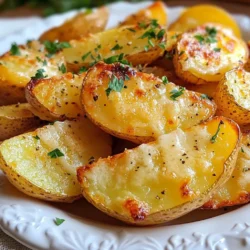 To make Garlic Parmesan Potato Wedges, you will need the following ingredients: - 4 medium russet potatoes - 4 tablespoons olive oil - 4 cloves garlic, minced - 1 teaspoon dried Italian herbs - 1 teaspoon salt - ½ teaspoon black pepper - ½ cup grated Parmesan cheese - Fresh parsley for garnish These simple ingredients come together to create a tasty snack. The russet potatoes give a fluffy inside, while the olive oil helps to crisp the outside. Garlic adds a burst of flavor, and the Parmesan cheese gives a savory kick. Dried Italian herbs mix well to enhance the taste. Don't forget the parsley! It adds a nice touch of color and freshness. Using fresh ingredients makes a big difference. Always scrub the potatoes well before cutting them. This helps remove dirt and adds to the taste. Fresh garlic gives more flavor than garlic powder, so I always choose minced garlic. Using high-quality Parmesan cheese improves the overall flavor of the wedges. These ingredients are easy to find at any grocery store. They are also affordable, making this dish perfect for any home cook. You can even mix and match different herbs or cheeses to make it your own! {{ingredient_image_1}} - Preheat the oven to 425°F (220°C). - Cut the potatoes into wedges. Aim for even sizes for uniform cooking. - In a large bowl, combine the potato wedges with olive oil. Toss well to coat. - Add minced garlic, dried Italian herbs, salt, and black pepper to the bowl. Mix until evenly distributed. - Spread the potato wedges on a baking sheet in a single layer. Do not overlap them; this helps them cook evenly. - Bake the wedges for 25 minutes. Turn them halfway through to ensure they crisp up nicely. - After 25 minutes, take the baking sheet out. Sprinkle grated Parmesan cheese over the hot wedges. - Return the baking sheet to the oven and bake for an extra 5-7 minutes. You want the cheese melted and golden. - Once done, take the wedges out and let them cool for a few minutes. - Garnish with fresh chopped parsley before serving for a pop of color. - Choosing the right potato For the best wedges, I love using russet potatoes. They have a fluffy inside and crisp outside. Look for medium-sized ones. They cook evenly and taste great. - Ensuring even cooking Cut your potato wedges into even sizes. This helps them cook at the same rate. Spread them out on the baking sheet. They should not touch each other. This way, they will get nice and crispy. - Garlic alternatives If you want a twist, try garlic powder instead of fresh garlic. You can also use roasted garlic for a sweeter taste. Both options give great flavor with less hassle. - Cheese variations While Parmesan is a classic choice, try using Pecorino Romano for a sharper taste. You can also mix in mozzarella for extra gooeyness. Experimenting with cheese can change the whole dish! Pro Tips Cut Evenly: Ensure all potato wedges are cut to the same size for uniform cooking and crispiness. Soak for Crispiness: Soak the potato wedges in cold water for 30 minutes before baking to remove excess starch, which helps achieve a crispier texture. Use Fresh Garlic: For the best flavor, use fresh minced garlic instead of garlic powder; it provides a more robust taste. Experiment with Cheese: Try adding different types of cheese like cheddar or mozzarella for a unique twist on flavor. {{image_2}} You can change the taste of your garlic parmesan potato wedges easily. For a spicy kick, try adding red pepper flakes to the mix. This simple change gives your wedges a nice heat. If you want a fresh twist, use herbs like rosemary or dill. These herbs add a bright flavor that pairs well with garlic. Mixing flavors lets you enjoy these wedges in different ways. You can make these wedges fit different diets too. If you want vegan options, replace the Parmesan cheese with a vegan cheese. There are many tasty brands that melt well. For those watching carbs, try using cauliflower instead of potatoes. Cut the cauliflower into wedge shapes and follow the same steps. It gives you a low-carb version that’s still fun to eat. These adjustments let everyone enjoy the dish! To store your Garlic Parmesan Potato Wedges, first let them cool. Use an airtight container for the best results. You can keep them in the fridge for up to three days. If you want to store them longer, freeze the wedges in a single layer on a baking sheet. Once frozen, move them to a freezer bag. They can last up to three months in the freezer. When reheating, the oven is your best friend. Preheat it to 375°F (190°C). Place the wedges on a baking sheet. Bake for about 10 to 15 minutes. This method helps keep them crispy. To avoid sogginess, skip the microwave. You can also use an air fryer for a quick reheat. Set it to 350°F (175°C) and cook for about 5 to 7 minutes. This keeps your wedges nice and crunchy! Can I use other types of cheese? Yes, you can use other cheeses. Cheddar, mozzarella, or even feta work well. Each cheese gives a unique taste. Experiment and find your favorite! How do I make them extra crispy? To make your wedges crispier, soak the cut potatoes in water for 30 minutes. This step removes excess starch. After soaking, dry them well before adding oil and seasonings. Can these be made in an air fryer? Yes, you can use an air fryer! Preheat it to 400°F (200°C). Cook the wedges for about 15-20 minutes. Shake them halfway for even cooking. They will turn out perfectly crispy! This guide covers everything you need for perfect potato wedges. We discussed the best ingredients, showed step-by-step prep, and shared tips for great taste and texture. You can customize these wedges easily, whether you want spice or want to keep it low-carb. Store leftovers correctly and reheat for great flavor. Try these wedges, and you’ll impress everyone. Enjoy making them your own!