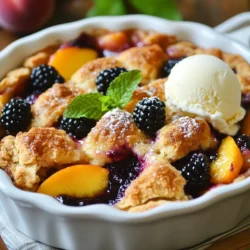 To make this tasty blackberry peach cobbler, gather these ingredients: - 2 cups fresh blackberries - 2 cups fresh peaches, peeled and sliced - 1/2 cup granulated sugar - 1 tablespoon lemon juice - 1 teaspoon vanilla extract - 1 teaspoon ground cinnamon - 1/4 teaspoon salt - 1 cup all-purpose flour - 1 tablespoon baking powder - 1/4 cup unsalted butter, melted - 3/4 cup milk - 1/2 teaspoon almond extract (optional) - Ice cream or whipped cream for serving (optional) You can change some ingredients if needed. Use frozen blackberries and peaches if fresh ones aren’t available. If you want a different flavor, swap out the almond extract for extra vanilla. For a healthier option, you can replace granulated sugar with honey or maple syrup. You can also use coconut oil instead of butter for a dairy-free twist. Using fresh ingredients makes a big difference in taste. Fresh blackberries and peaches have bright flavors and juicy textures. They add natural sweetness and richness to your cobbler. Fresh fruit also makes your dessert look more appealing. When you use ripe, in-season fruit, it enhances the overall flavor and quality of the dish. This is especially true for a dessert like this where fruit is the star. So, always try to use fresh, high-quality ingredients for the best results! {{ingredient_image_1}} Start by washing your blackberries well. You want to keep them fresh. Then, take two cups of fresh peaches. Peel them and slice them into thin pieces. In a big bowl, mix the blackberries and peaches together. Add 1/4 cup of granulated sugar to the fruit. Pour in one tablespoon of lemon juice and one teaspoon of vanilla extract. Sprinkle in a teaspoon of ground cinnamon and 1/4 teaspoon of salt. Gently toss everything together. This helps the fruit soak up all the flavors. Once mixed, pour the fruit into your greased baking dish. In a separate bowl, whisk together 1 cup of all-purpose flour and 1 tablespoon of baking powder. Add the remaining 1/4 cup of sugar to this mix. In another bowl, combine 1/4 cup of melted unsalted butter, 3/4 cup of milk, and 1/2 teaspoon of almond extract, if you want to use it. Pour this wet mix into the dry ingredients and stir. Be gentle; just mix until you see no dry flour. It’s fine if the batter is a little lumpy; this will make your cobbler soft. Now it’s time to bake! Spoon the batter carefully over the fruit in the baking dish. It doesn’t need to cover all the fruit. Your cobbler will spread out as it cooks. Place the dish in your preheated oven at 375°F (190°C). Bake for about 35 to 40 minutes. Watch for the top to turn golden brown. Stick a toothpick in the batter. If it comes out clean, your cobbler is ready! Let it cool for 10 to 15 minutes before serving. Enjoy your delicious blackberry peach cobbler! To prevent sticking, use unsalted butter. Take a paper towel and apply a thin layer. Make sure to coat the bottom and sides well. This step helps your cobbler come out smoothly. You can also use cooking spray if you prefer. Just spray evenly across the dish. The secret to a great texture lies in the batter. Do not overmix your batter; mix just until combined. This keeps the cobbler light and fluffy. For a crisp top, let the batter rest for a few minutes before spooning it over the fruit. Bake until the top is golden brown. A toothpick should come out clean when poked. Use pre-sliced fruit to save time. You can also prep the fruit mixture ahead and store it in the fridge. If you are in a big rush, consider using frozen fruit. Just thaw and drain it well. This method speeds up your cooking time without losing flavor. Pro Tips Fresh Fruits Matter: Use ripe, fresh blackberries and peaches for the best flavor. Overripe or too firm fruits can affect the overall taste and texture of the cobbler. Experiment with Spices: Feel free to add a pinch of nutmeg or ginger along with the cinnamon for a warm, spiced flavor that complements the fruits beautifully. Don’t Overmix: When combining the wet and dry ingredients, mix until just combined. Overmixing can lead to a tough cobbler instead of a light and fluffy texture. Serving Suggestions: Serve your cobbler warm with a scoop of vanilla ice cream or a dollop of whipped cream. Adding a sprinkle of cinnamon on top enhances the presentation and flavor. {{image_2}} You can swap fruits in this recipe to fit the season. Try using strawberries or raspberries for a berry twist. In the fall, apples and pears pair well with blackberries. Each fruit adds its own flavor, making the cobbler unique. Experimenting with different fruits keeps this treat exciting all year long. To make a gluten-free version, use almond flour or a gluten-free flour blend. Substitute the all-purpose flour with a 1:1 gluten-free blend. Ensure other ingredients, like baking powder, are also gluten-free. This way, everyone can enjoy the cobbler without worry. The taste remains delicious and satisfying. Making this cobbler dairy-free is simple. Use almond milk or coconut milk instead of regular milk. For the butter, substitute it with coconut oil or a dairy-free spread. These swaps keep the flavor rich while catering to dairy-free diets. Your cobbler will still taste amazing, and no one will miss the dairy. To keep your leftover cobbler fresh, let it cool down first. Once cooled, cover it tightly with plastic wrap or aluminum foil. You can also place it in an airtight container. This keeps the cobbler moist and tasty. Store it in the fridge for up to 3 days. When you are ready to enjoy your cobbler again, preheat your oven to 350°F (175°C). Place the cobbler in an oven-safe dish and cover it with foil. Heat for about 15-20 minutes. This warms it through without drying it out. If you like, you can also microwave individual servings. Heat them for 30 seconds to 1 minute, checking often. You can freeze blackberry peach cobbler if you want to save some for later. First, let it cool completely. Cut the cobbler into slices for easy serving. Wrap each slice tightly with plastic wrap, then place them in a freezer bag. Squeeze out as much air as you can. You can freeze it for up to 3 months. When you are ready to eat, thaw it in the fridge overnight and reheat as mentioned above. Yes, you can use frozen fruit. Just remember to thaw and drain it first. Frozen fruit may have more water. This can make the cobbler a bit soggy. You might need to add a little more flour to help the filling thicken. To make your cobbler sweeter, add more sugar to the fruit mix. You can also sprinkle sugar on top before baking. If you want a different flavor, try using brown sugar or honey. Taste the fruit before baking to find what works best for you. Serve your cobbler warm, topped with ice cream or whipped cream. A scoop of vanilla ice cream pairs well with the warm fruit. You can also add a sprinkle of cinnamon or nuts for extra flavor. Fresh mint leaves make a nice touch too! In this post, we explored simple ingredients and their fresh importance. I shared step-by-step instructions for making your cobbler from prep to baking. We covered tips for greasing, texture, and time-saving hacks too. Variations like gluten-free and dairy-free options ensure everyone can enjoy it. Storing and reheating tips help you save leftovers. Embrace your creativity with these ideas, and your cobbler will shine. Enjoy making delicious desserts with ease!