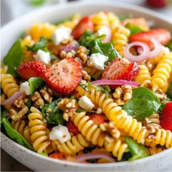 To make a delicious Strawberry Spinach Pasta Salad, gather the following: - 8 oz whole wheat fusilli pasta - 4 cups fresh spinach, washed and chopped - 2 cups strawberries, hulled and sliced - ½ cup feta cheese, crumbled - ¼ cup red onion, thinly sliced - ½ cup walnuts, chopped - ¼ cup olive oil - 2 tablespoons balsamic vinegar - 1 tablespoon honey - Salt and pepper to taste Using fresh ingredients makes a big difference in flavor. Fresh spinach and strawberries give a crisp taste. Whole wheat pasta adds fiber and a nutty flavor. Choose ripe strawberries for the best sweetness. Feta cheese adds creaminess that contrasts well with the crunchy walnuts. You can customize this salad to suit your taste. Try adding: - Grilled chicken for extra protein. - Avocado for creaminess. - Different nuts like almonds or pecans. Feel free to adjust the amounts to your liking. Cooking should always be fun and personal! {{ingredient_image_1}} To cook the whole wheat fusilli, start with a large pot. Fill it with water and add a generous pinch of salt. Bring the water to a rolling boil. Once boiling, add 8 oz of pasta. Stir it gently to prevent sticking. Cook according to the package directions, usually about 8 to 10 minutes. You want the pasta to be al dente, which means it should be firm yet tender. To check, taste a piece a minute or two before the time is up. When done, drain the pasta in a colander. Rinse it under cold water to stop the cooking and cool it down. This step keeps the pasta from sticking together. For the dressing, gather these ingredients: - ¼ cup olive oil - 2 tablespoons balsamic vinegar - 1 tablespoon honey - Salt and pepper to taste In a small bowl, add the olive oil, balsamic vinegar, honey, salt, and pepper. Whisk these ingredients together until they are well combined. You want a smooth and creamy texture. If you don’t have a whisk, a fork works well too! This dressing adds a nice tangy sweetness to the salad. Now it’s time to mix everything together. In a large bowl, combine the cooled pasta, 4 cups of chopped spinach, 2 cups of sliced strawberries, ½ cup of crumbled feta cheese, ¼ cup of thinly sliced red onion, and ½ cup of chopped walnuts. Be sure to mix in this order. Starting with pasta helps distribute the dressing evenly. Pour the dressing over the salad and gently toss everything together. You want every bite to be full of flavor. To get the best flavor, let the salad chill in the fridge for at least 30 minutes. This time allows the flavors to meld together. When you’re ready to serve, toss the salad again to refresh the ingredients. Taste it and adjust the seasoning with more salt or pepper if needed. This salad tastes great on its own or as a side dish. Enjoy! You can easily change this salad to fit your taste. If you want to switch the spinach, use arugula or kale. These greens add a peppery kick. You can also try mixed greens for a fresh flavor. Looking for extra toppings? Add sliced almonds for crunch. You could also use sunflower seeds for a nut-free option. Grilled chicken can turn this salad into a meal. Planning a party? You can make this salad the day before. Just prepare everything, but wait to add the dressing. This keeps the salad fresh and crisp. Store it in an airtight container in the fridge. If you have leftovers, eat them within three days for the best taste. To make your salad look great, use a large bowl. Layer the salad for color. Start with pasta, then add greens, fruits, and cheese. For garnishing, sprinkle some feta on top. You can also add a few whole strawberries for a pop of color. A drizzle of balsamic glaze can add shine and flavor. Pro Tips Use Fresh Ingredients: Always opt for the freshest strawberries and spinach to enhance the flavor and nutritional value of your salad. Customize Your Nuts: Feel free to swap walnuts for your favorite nuts like pecans or almonds for a different texture and taste. Make Ahead: Prepare the salad a few hours in advance and store it in the fridge. This allows the flavors to blend beautifully. Adjust the Dressing: Taste the dressing before adding it to the salad; adjust the balsamic vinegar or honey to suit your palate. {{image_2}} You can add different fruits to your salad. Try using blueberries or peaches for a twist. Mixing fruits gives your salad a fun flavor. Each fruit adds a unique taste and texture. Adding protein makes this salad heartier. You can include grilled chicken or chickpeas for a boost. For a vegetarian option, try adding tofu or black beans. They add great texture and keep the meal filling. Switch up your dressing for new tastes. A citrus vinaigrette works well and adds a zesty kick. You can also use fresh herbs like basil or mint to change flavors. Experimenting with spices can create exciting new profiles. To keep your salad fresh, place it in an airtight container. Make sure to seal it well to prevent air from getting in. This helps keep the flavors strong. You can store it in the fridge for up to three days. However, the salad is best when eaten fresh. After a couple of days, the spinach may wilt, and the strawberries can lose their crunch. Freezing is not the best option for this salad. If you must freeze it, keep the pasta, spinach, and fruit separate. This way, they stay fresh. You can freeze the pasta and walnuts for up to a month. When you’re ready to eat, thaw them in the fridge overnight. To refresh the salad, mix in fresh spinach and strawberries after thawing. This keeps the salad vibrant and tasty. You can store this salad in the fridge for up to three days. Keep it in a sealed container to maintain freshness. The flavors will blend more over time. However, the spinach may wilt. I suggest eating it within two days for the best taste and texture. Yes, you can make this salad gluten-free! Use gluten-free pasta instead of whole wheat fusilli. There are many good options available, such as rice pasta or chickpea pasta. They cook well and taste great in this dish. This salad goes well with many dishes. Try serving it with grilled chicken for protein. It also pairs nicely with a light soup, like tomato basil. If you want a vegetarian option, serve it with a side of roasted veggies. This blog post covered a delicious Strawberry Spinach Pasta Salad. We explored fresh ingredients, cooking pasta, and making the dressing. I shared tips for customizing, storing leftovers, and serving suggestions. Remember, this salad is easy to make ahead, and you can add your favorite proteins or fruits. Personalize it to your taste. Enjoy your tasty creation, and share it with others!