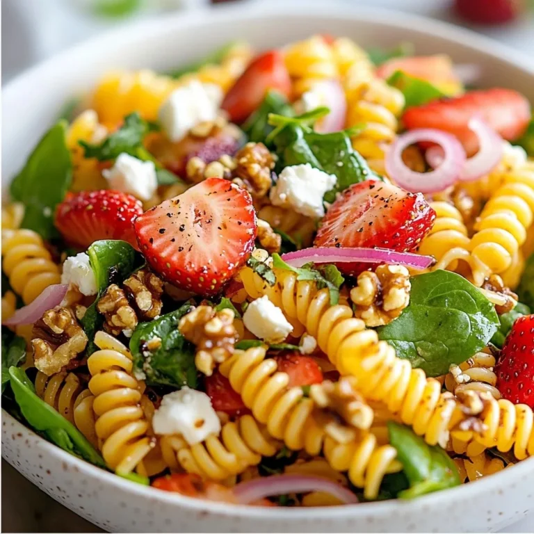 To make a delicious Strawberry Spinach Pasta Salad, gather the following: - 8 oz whole wheat fusilli pasta - 4 cups fresh spinach, washed and chopped - 2 cups strawberries, hulled and sliced - ½ cup feta cheese, crumbled - ¼ cup red onion, thinly sliced - ½ cup walnuts, chopped - ¼ cup olive oil - 2 tablespoons balsamic vinegar - 1 tablespoon honey - Salt and pepper to taste Using fresh ingredients makes a big difference in flavor. Fresh spinach and strawberries give a crisp taste. Whole wheat pasta adds fiber and a nutty flavor. Choose ripe strawberries for the best sweetness. Feta cheese adds creaminess that contrasts well with the crunchy walnuts. You can customize this salad to suit your taste. Try adding: - Grilled chicken for extra protein. - Avocado for creaminess. - Different nuts like almonds or pecans. Feel free to adjust the amounts to your liking. Cooking should always be fun and personal! {{ingredient_image_1}} To cook the whole wheat fusilli, start with a large pot. Fill it with water and add a generous pinch of salt. Bring the water to a rolling boil. Once boiling, add 8 oz of pasta. Stir it gently to prevent sticking. Cook according to the package directions, usually about 8 to 10 minutes. You want the pasta to be al dente, which means it should be firm yet tender. To check, taste a piece a minute or two before the time is up. When done, drain the pasta in a colander. Rinse it under cold water to stop the cooking and cool it down. This step keeps the pasta from sticking together. For the dressing, gather these ingredients: - ¼ cup olive oil - 2 tablespoons balsamic vinegar - 1 tablespoon honey - Salt and pepper to taste In a small bowl, add the olive oil, balsamic vinegar, honey, salt, and pepper. Whisk these ingredients together until they are well combined. You want a smooth and creamy texture. If you don’t have a whisk, a fork works well too! This dressing adds a nice tangy sweetness to the salad. Now it’s time to mix everything together. In a large bowl, combine the cooled pasta, 4 cups of chopped spinach, 2 cups of sliced strawberries, ½ cup of crumbled feta cheese, ¼ cup of thinly sliced red onion, and ½ cup of chopped walnuts. Be sure to mix in this order. Starting with pasta helps distribute the dressing evenly. Pour the dressing over the salad and gently toss everything together. You want every bite to be full of flavor. To get the best flavor, let the salad chill in the fridge for at least 30 minutes. This time allows the flavors to meld together. When you’re ready to serve, toss the salad again to refresh the ingredients. Taste it and adjust the seasoning with more salt or pepper if needed. This salad tastes great on its own or as a side dish. Enjoy! You can easily change this salad to fit your taste. If you want to switch the spinach, use arugula or kale. These greens add a peppery kick. You can also try mixed greens for a fresh flavor. Looking for extra toppings? Add sliced almonds for crunch. You could also use sunflower seeds for a nut-free option. Grilled chicken can turn this salad into a meal. Planning a party? You can make this salad the day before. Just prepare everything, but wait to add the dressing. This keeps the salad fresh and crisp. Store it in an airtight container in the fridge. If you have leftovers, eat them within three days for the best taste. To make your salad look great, use a large bowl. Layer the salad for color. Start with pasta, then add greens, fruits, and cheese. For garnishing, sprinkle some feta on top. You can also add a few whole strawberries for a pop of color. A drizzle of balsamic glaze can add shine and flavor. Pro Tips Use Fresh Ingredients: Always opt for the freshest strawberries and spinach to enhance the flavor and nutritional value of your salad. Customize Your Nuts: Feel free to swap walnuts for your favorite nuts like pecans or almonds for a different texture and taste. Make Ahead: Prepare the salad a few hours in advance and store it in the fridge. This allows the flavors to blend beautifully. Adjust the Dressing: Taste the dressing before adding it to the salad; adjust the balsamic vinegar or honey to suit your palate. {{image_2}} You can add different fruits to your salad. Try using blueberries or peaches for a twist. Mixing fruits gives your salad a fun flavor. Each fruit adds a unique taste and texture. Adding protein makes this salad heartier. You can include grilled chicken or chickpeas for a boost. For a vegetarian option, try adding tofu or black beans. They add great texture and keep the meal filling. Switch up your dressing for new tastes. A citrus vinaigrette works well and adds a zesty kick. You can also use fresh herbs like basil or mint to change flavors. Experimenting with spices can create exciting new profiles. To keep your salad fresh, place it in an airtight container. Make sure to seal it well to prevent air from getting in. This helps keep the flavors strong. You can store it in the fridge for up to three days. However, the salad is best when eaten fresh. After a couple of days, the spinach may wilt, and the strawberries can lose their crunch. Freezing is not the best option for this salad. If you must freeze it, keep the pasta, spinach, and fruit separate. This way, they stay fresh. You can freeze the pasta and walnuts for up to a month. When you’re ready to eat, thaw them in the fridge overnight. To refresh the salad, mix in fresh spinach and strawberries after thawing. This keeps the salad vibrant and tasty. You can store this salad in the fridge for up to three days. Keep it in a sealed container to maintain freshness. The flavors will blend more over time. However, the spinach may wilt. I suggest eating it within two days for the best taste and texture. Yes, you can make this salad gluten-free! Use gluten-free pasta instead of whole wheat fusilli. There are many good options available, such as rice pasta or chickpea pasta. They cook well and taste great in this dish. This salad goes well with many dishes. Try serving it with grilled chicken for protein. It also pairs nicely with a light soup, like tomato basil. If you want a vegetarian option, serve it with a side of roasted veggies. This blog post covered a delicious Strawberry Spinach Pasta Salad. We explored fresh ingredients, cooking pasta, and making the dressing. I shared tips for customizing, storing leftovers, and serving suggestions. Remember, this salad is easy to make ahead, and you can add your favorite proteins or fruits. Personalize it to your taste. Enjoy your tasty creation, and share it with others!