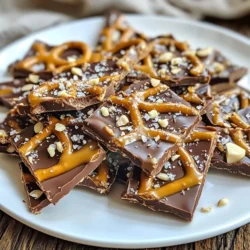 To make Chocolate Caramel Pretzel Bark, you need a few simple ingredients. Each one adds a unique flavor and texture. Here’s what you will need: - 2 cups pretzel rods, coarsely broken - 1 cup semi-sweet chocolate chips - 1 cup milk chocolate chips - 1 cup caramel sauce (store-bought or homemade) - Sea salt for sprinkling - 1/2 cup crushed nuts (optional) The pretzel rods give a nice crunch. The semi-sweet and milk chocolate chips blend well to create a rich chocolate layer. The caramel sauce adds a sweet and gooey element. A sprinkle of sea salt enhances all the flavors. If you like nuts, adding crushed pecans or almonds makes it even better. Using these ingredients, you can create a sweet treat that is both fun and delicious. Each bite offers a mix of sweet, salty, and crunchy. Enjoy gathering these items and preparing for a tasty experience! {{ingredient_image_1}} First, preheat your oven to 350°F (175°C). This heat is perfect for melting chocolate and caramel. Line a baking sheet with parchment paper. This makes it easy to lift the bark out later. Next, take your broken pretzel rods and spread them out on the lined baking sheet. Make sure they cover the bottom evenly. This will be the base of your bark, giving it a nice crunch. Now, grab a microwave-safe bowl. Add the semi-sweet and milk chocolate chips to the bowl. Microwave them in 30-second bursts. Stir after each time until the chocolate is smooth. This step is key to getting the right texture. Once the chocolate is melted, pour the caramel sauce over the pretzel layer. Use a spatula to spread it evenly. Then, drizzle the melted chocolate over the caramel. Make sure to coat all the pretzels well. If you want extra crunch, sprinkle crushed nuts on top. Finally, place the baking sheet in the fridge for about one hour. This helps the chocolate and caramel set. Once set, take it out and break it into bite-sized pieces. Enjoy your sweet treat! To melt chocolate well, use a microwave-safe bowl. Mix the semi-sweet and milk chocolate chips together. Heat them in 30-second bursts. Stir after each time. This helps avoid burning the chocolate. Once smooth, you’re ready for the next step. You can use store-bought caramel sauce for quick prep. It saves time and still tastes great. If you want homemade, heat sugar and cream gently. Stir until it thickens. Use whichever you prefer. Both options work well in this treat. For a beautiful serving, use a nice platter. Arrange the pretzel bark pieces neatly. Drizzle extra melted chocolate on top for flair. You can also sprinkle more sea salt for a pop of color. These small touches make your treat stand out. Pro Tips Use Quality Chocolate: Opt for high-quality chocolate chips for a richer flavor that will elevate your bark. Customize Your Toppings: Feel free to experiment with different nuts or even add crushed candies for a fun twist. Ensure Even Melting: Stir the chocolate every 30 seconds while melting to prevent it from seizing up or burning. Store Properly: Keep the pretzel bark in an airtight container at room temperature to maintain its crispness. {{image_2}} You can make Chocolate Caramel Pretzel Bark even tastier with different flavors. Try using dark chocolate instead of semi-sweet or milk chocolate. Dark chocolate gives a rich taste that pairs well with the salty pretzels. You can also mix in white chocolate. This adds a sweet twist. For toppings, consider crushed peppermint for a holiday vibe or sprinkles for some color. You can even add dried fruit like cranberries for a fun chewiness. If you want to make this treat gluten-free, use gluten-free pretzels. Many brands offer great options. For a vegan version, switch to dairy-free chocolate chips and use a plant-based caramel. There are many brands that make vegan caramel sauce. Check the labels to be sure. These swaps keep the taste great while fitting different diets. To enhance the flavor, you can add a pinch of sea salt on top. This makes the sweet and salty contrast even better. You can also add a splash of vanilla extract to the melted chocolate for a warm, sweet aroma. If you like spice, try a sprinkle of cinnamon or cayenne pepper. These spices add an unexpected kick to the bark! To keep your Chocolate Caramel Pretzel Bark fresh, store it in an airtight container. This will help prevent the bark from becoming stale. You can layer pieces of parchment paper between the layers of bark to keep them from sticking together. Place the container in a cool, dry place, away from direct sunlight. At room temperature, the bark can last about 1 week. If you refrigerate it, the bark stays fresh for up to 2 weeks. Be sure to seal it well to avoid moisture. If you notice any signs of melting chocolate or a change in texture, it’s best to toss it. Yes, you can freeze Chocolate Caramel Pretzel Bark! Wrap it tightly in plastic wrap and then in aluminum foil. This helps avoid freezer burn. When ready to eat, let it thaw at room temperature for a few hours. Enjoy the tasty treat as if it were freshly made! To balance sweetness, use dark chocolate instead of milk chocolate. Dark chocolate has a rich taste and less sugar. You can also reduce the amount of caramel or use less chocolate. Adding a pinch of sea salt helps cut through the sweetness too. Another option is to mix in nuts, like pecans or almonds, which add a nice crunch and flavor. Yes! You can use pretzel sticks, mini pretzels, or even pretzel chips. Each type gives a unique texture. Try flavored pretzels for a twist. Cheese-flavored pretzels add a savory touch that contrasts well with the sweet layers. Just make sure they are sturdy enough to hold the toppings. To speed things up, you can use store-bought caramel sauce instead of making your own. It saves time and effort. You can also melt the chocolate in the microwave. Just be sure to stir frequently to avoid burning. Prepare the pretzel layer while the chocolate melts. This way, you can layer everything faster and chill the bark sooner. This blog post covered the easy steps to make Chocolate Caramel Pretzel Bark. We discussed the ingredients, preparation, and tips for perfecting your treat. I shared ways to customize flavors and store your bark for maximum freshness. Remember, making this snack can be quick and fun! With simple changes, you can adapt it to fit your taste or diet. Enjoy your tasty creation and get ready to share it with friends and family.