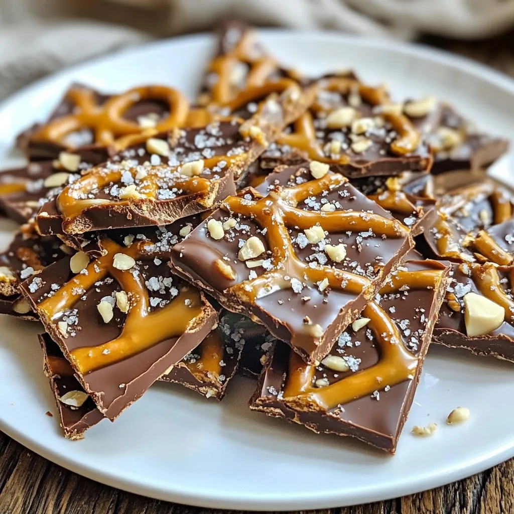 To make Chocolate Caramel Pretzel Bark, you need a few simple ingredients. Each one adds a unique flavor and texture. Here’s what you will need: - 2 cups pretzel rods, coarsely broken - 1 cup semi-sweet chocolate chips - 1 cup milk chocolate chips - 1 cup caramel sauce (store-bought or homemade) - Sea salt for sprinkling - 1/2 cup crushed nuts (optional) The pretzel rods give a nice crunch. The semi-sweet and milk chocolate chips blend well to create a rich chocolate layer. The caramel sauce adds a sweet and gooey element. A sprinkle of sea salt enhances all the flavors. If you like nuts, adding crushed pecans or almonds makes it even better. Using these ingredients, you can create a sweet treat that is both fun and delicious. Each bite offers a mix of sweet, salty, and crunchy. Enjoy gathering these items and preparing for a tasty experience! {{ingredient_image_1}} First, preheat your oven to 350°F (175°C). This heat is perfect for melting chocolate and caramel. Line a baking sheet with parchment paper. This makes it easy to lift the bark out later. Next, take your broken pretzel rods and spread them out on the lined baking sheet. Make sure they cover the bottom evenly. This will be the base of your bark, giving it a nice crunch. Now, grab a microwave-safe bowl. Add the semi-sweet and milk chocolate chips to the bowl. Microwave them in 30-second bursts. Stir after each time until the chocolate is smooth. This step is key to getting the right texture. Once the chocolate is melted, pour the caramel sauce over the pretzel layer. Use a spatula to spread it evenly. Then, drizzle the melted chocolate over the caramel. Make sure to coat all the pretzels well. If you want extra crunch, sprinkle crushed nuts on top. Finally, place the baking sheet in the fridge for about one hour. This helps the chocolate and caramel set. Once set, take it out and break it into bite-sized pieces. Enjoy your sweet treat! To melt chocolate well, use a microwave-safe bowl. Mix the semi-sweet and milk chocolate chips together. Heat them in 30-second bursts. Stir after each time. This helps avoid burning the chocolate. Once smooth, you’re ready for the next step. You can use store-bought caramel sauce for quick prep. It saves time and still tastes great. If you want homemade, heat sugar and cream gently. Stir until it thickens. Use whichever you prefer. Both options work well in this treat. For a beautiful serving, use a nice platter. Arrange the pretzel bark pieces neatly. Drizzle extra melted chocolate on top for flair. You can also sprinkle more sea salt for a pop of color. These small touches make your treat stand out. Pro Tips Use Quality Chocolate: Opt for high-quality chocolate chips for a richer flavor that will elevate your bark. Customize Your Toppings: Feel free to experiment with different nuts or even add crushed candies for a fun twist. Ensure Even Melting: Stir the chocolate every 30 seconds while melting to prevent it from seizing up or burning. Store Properly: Keep the pretzel bark in an airtight container at room temperature to maintain its crispness. {{image_2}} You can make Chocolate Caramel Pretzel Bark even tastier with different flavors. Try using dark chocolate instead of semi-sweet or milk chocolate. Dark chocolate gives a rich taste that pairs well with the salty pretzels. You can also mix in white chocolate. This adds a sweet twist. For toppings, consider crushed peppermint for a holiday vibe or sprinkles for some color. You can even add dried fruit like cranberries for a fun chewiness. If you want to make this treat gluten-free, use gluten-free pretzels. Many brands offer great options. For a vegan version, switch to dairy-free chocolate chips and use a plant-based caramel. There are many brands that make vegan caramel sauce. Check the labels to be sure. These swaps keep the taste great while fitting different diets. To enhance the flavor, you can add a pinch of sea salt on top. This makes the sweet and salty contrast even better. You can also add a splash of vanilla extract to the melted chocolate for a warm, sweet aroma. If you like spice, try a sprinkle of cinnamon or cayenne pepper. These spices add an unexpected kick to the bark! To keep your Chocolate Caramel Pretzel Bark fresh, store it in an airtight container. This will help prevent the bark from becoming stale. You can layer pieces of parchment paper between the layers of bark to keep them from sticking together. Place the container in a cool, dry place, away from direct sunlight. At room temperature, the bark can last about 1 week. If you refrigerate it, the bark stays fresh for up to 2 weeks. Be sure to seal it well to avoid moisture. If you notice any signs of melting chocolate or a change in texture, it’s best to toss it. Yes, you can freeze Chocolate Caramel Pretzel Bark! Wrap it tightly in plastic wrap and then in aluminum foil. This helps avoid freezer burn. When ready to eat, let it thaw at room temperature for a few hours. Enjoy the tasty treat as if it were freshly made! To balance sweetness, use dark chocolate instead of milk chocolate. Dark chocolate has a rich taste and less sugar. You can also reduce the amount of caramel or use less chocolate. Adding a pinch of sea salt helps cut through the sweetness too. Another option is to mix in nuts, like pecans or almonds, which add a nice crunch and flavor. Yes! You can use pretzel sticks, mini pretzels, or even pretzel chips. Each type gives a unique texture. Try flavored pretzels for a twist. Cheese-flavored pretzels add a savory touch that contrasts well with the sweet layers. Just make sure they are sturdy enough to hold the toppings. To speed things up, you can use store-bought caramel sauce instead of making your own. It saves time and effort. You can also melt the chocolate in the microwave. Just be sure to stir frequently to avoid burning. Prepare the pretzel layer while the chocolate melts. This way, you can layer everything faster and chill the bark sooner. This blog post covered the easy steps to make Chocolate Caramel Pretzel Bark. We discussed the ingredients, preparation, and tips for perfecting your treat. I shared ways to customize flavors and store your bark for maximum freshness. Remember, making this snack can be quick and fun! With simple changes, you can adapt it to fit your taste or diet. Enjoy your tasty creation and get ready to share it with friends and family.