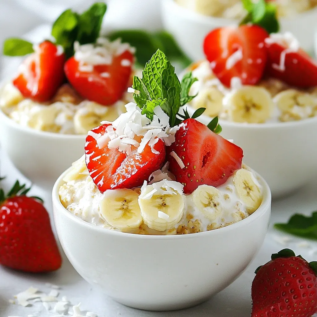 For this recipe, you need a few simple ingredients: - 1 cup rolled oats - 1 cup coconut milk (canned or carton) - 1 ripe banana, mashed - 1 cup fresh strawberries, hulled and sliced - 2 tablespoons shredded coconut (unsweetened) - 1 tablespoon honey or maple syrup (optional) - 1 teaspoon vanilla extract - Pinch of salt These ingredients work together to create a creamy, dreamy bowl of oats. The rolled oats soak up the coconut milk and banana, giving the dish a rich texture. You can add a few optional items to make your oats even better: - Fresh mint leaves for garnish - A sprinkle of cinnamon for warmth - Chia seeds for added fiber - Nuts or seeds for crunch These extras can make your breakfast more fun and tasty. Feel free to mix and match based on what you love. Each ingredient brings its own health perks: - Rolled oats provide fiber, which helps digestion and keeps you full. - Coconut milk offers good fats that give energy. - Bananas are rich in potassium, which supports heart health. - Strawberries are low in calories and high in vitamins. - Shredded coconut adds healthy fats and fiber. Using these ingredients gives you a balanced meal. You get a mix of carbs, fats, and vitamins to keep you going all morning. {{ingredient_image_1}} To start, grab a mixing bowl. Add 1 cup of rolled oats. Next, pour in 1 cup of coconut milk. This can be from a can or a carton. Then, mash 1 ripe banana and mix it in. The banana adds natural sweetness. Now, sprinkle in 2 tablespoons of shredded coconut. If you like it sweeter, add 1 tablespoon of honey or maple syrup. Don’t forget 1 teaspoon of vanilla extract and a pinch of salt. Stir all these ingredients well. You want everything to blend nicely. Once your oat mixture is ready, it's time to add strawberries. Take 1 cup of fresh strawberries and hull them. Slice them into small pieces. Gently fold the sliced strawberries into your oat mixture. Be careful not to crush them. After that, divide the mixture into two jars or airtight containers. Make sure to seal them tightly. This will keep everything fresh. Now, it's time to refrigerate. Place your jars in the fridge for at least 4 hours or overnight. This soaking time is key to softening the oats. In the morning, take your jars out. Give the oats a good stir. If the mix is too thick, add a splash of coconut milk to thin it out. Before serving, top with more sliced strawberries and a sprinkle of shredded coconut. If you want, add fresh mint leaves for a nice touch. Enjoy your delicious strawberry coconut overnight oats! To get the right texture for your overnight oats, start with the right balance of liquid and oats. I recommend using one cup of rolled oats with one cup of coconut milk. This ratio makes the oats creamy but not too thick. If you find the mixture too thick in the morning, add a splash of coconut milk. Stir it well to mix. You want a great flavor and texture in every bite. Use ripe bananas for natural sweetness. They add a nice creaminess too. Fresh strawberries bring a burst of flavor. Slicing them and folding them in gently is key. This keeps them intact. Adding a pinch of salt enhances all the flavors. Don’t skip the vanilla extract; it adds a lovely aroma. Feel free to get creative with your oats. You can swap strawberries for other fruits like blueberries or mango. Add nuts or seeds for a crunchy texture. If you like more sweetness, try maple syrup instead of honey. You can also mix in yogurt for added creaminess. Experiment with spices like cinnamon for extra warmth. The choices are endless! Pro Tips Use Ripe Bananas: The riper the banana, the sweeter and creamier your oats will be. This natural sweetness can reduce the need for additional sweeteners. Try Different Fruits: While strawberries are delicious, feel free to experiment with other fruits such as blueberries, mangoes, or peaches for variety and flavor. Meal Prep Ahead: Make a larger batch and store it in the fridge for up to 3 days. This makes for a quick and healthy breakfast option throughout the week. Enhance with Spices: Consider adding spices like cinnamon or nutmeg to the mixture for an added depth of flavor that complements the sweetness of the fruit. {{image_2}} You can easily switch up your overnight oats. Try adding other fruits for a fun twist. Pineapple gives a bright taste, while mango adds sweetness. Blueberries and raspberries also work well. Just chop them up and mix them in. This way, you create a new flavor every time! If you want to change the milk, you have many choices. Almond milk is a popular option. Soy milk adds a creamy texture. Oat milk has a natural sweetness. Each type of milk brings its unique flavor. So, feel free to use what you have at home or what you like best. Not everyone uses the same sweetener. Honey is great, but you can also try maple syrup. For a low-carb option, use stevia or monk fruit. If you want no added sugar, skip the sweetener. The banana and fruit will give enough natural sweetness. Adjust the sweetener to fit your diet and taste! To keep your Strawberry Coconut Overnight Oats fresh, store them in airtight containers. Glass jars work well. Make sure the lids fit tightly. This helps keep the oats from drying out or absorbing other smells from your fridge. These oats last up to five days in the fridge. If you notice any change in smell or color, toss them out. Always check for mold before eating. Keeping your oats in the back of the fridge helps them stay fresh longer since it’s colder there. You can eat your overnight oats cold or warm them up. If you want them warm, add a splash of coconut milk and microwave for 30 seconds. Stir well before serving. Top with extra strawberries, shredded coconut, or fresh mint for a nice touch. Enjoy your tasty breakfast! Yes, you can use quick oats. They will soak up liquid faster. This means your oats may be softer. If you prefer a chewier texture, stick with rolled oats. You can keep your overnight oats in the fridge for up to five days. Just make sure to store them in airtight containers. This helps keep them fresh and tasty. Absolutely! You can make multiple jars at once. Just multiply the recipe by how many servings you want. This way, you have quick breakfasts ready all week. Strawberry coconut overnight oats offer a tasty and healthy breakfast choice. You learned about key ingredients, preparation steps, and storage tips. Customizing these oats can bring fun flavors and textures. Remember, using different fruits or milk can make this dish your own. Store them properly for freshness and enjoy throughout the week. Overnight oats are simple, flexible, and packed with nutrition. Happy prepping!
