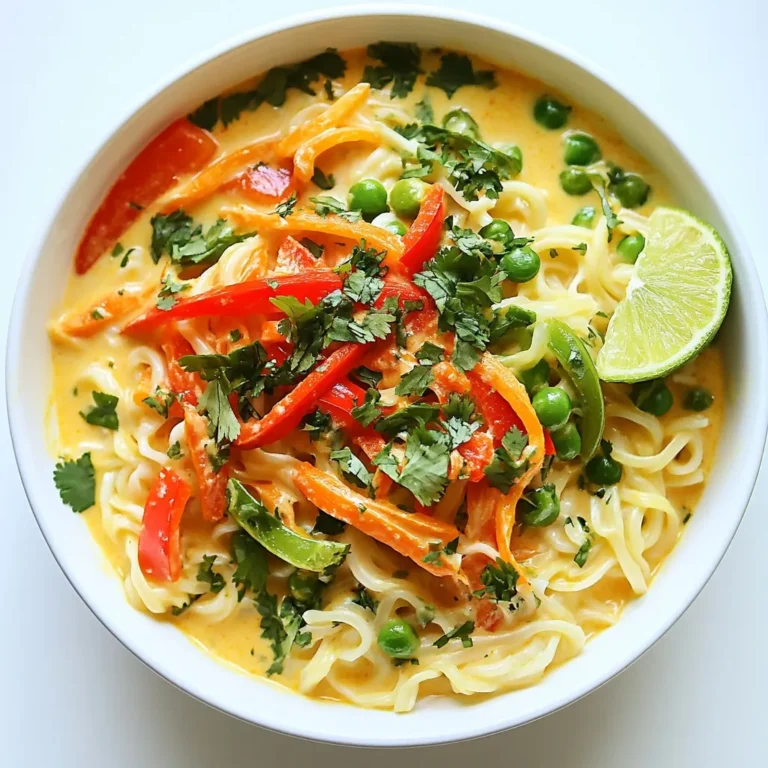To make Coconut Curry Rice Noodles, you need some key ingredients: - 200g rice noodles - 1 can (400ml) coconut milk - 2 tablespoons red curry paste - 1 tablespoon olive oil - 1 red bell pepper, thinly sliced - 1 carrot, julienned - 1 zucchini, spiralized or sliced - 1 cup snap peas, trimmed - 1 tablespoon soy sauce - 1 tablespoon lime juice - 1 tablespoon fresh ginger, grated - 2 cloves garlic, minced - Fresh cilantro, for garnish - Salt and pepper, to taste These ingredients create a rich and tasty dish. The coconut milk adds creaminess, while the red curry paste brings depth and spice. You can add some fun and flavor with a few garnishes: - Fresh cilantro - Lime wedges - Chopped green onions - Sesame seeds - Red chili flakes These extras can brighten the dish and add layers of taste. I love using cilantro for its fresh flavor. If you can’t find some ingredients, don’t worry! Here are some easy swaps: - For rice noodles, use any thin noodle, like vermicelli or even spaghetti. - Swap coconut milk with almond milk or vegetable broth for a lighter dish. - If you don’t like red curry paste, try yellow or green curry paste for a different flavor. - Use any veggies you have on hand, like bell peppers or broccoli, instead of the ones listed. These substitutions help you customize the dish. Feel free to get creative! {{ingredient_image_1}} Start by boiling water in a pot. Add 200g of rice noodles. Cook them as directed on the package. Usually, this takes about 4 to 6 minutes. Once cooked, drain the noodles and set them aside. This step is key for a great texture. Grab a large skillet or wok and heat 1 tablespoon of olive oil over medium heat. Add 2 cloves of minced garlic and 1 tablespoon of grated fresh ginger. Cook them for about 1 minute until they smell great. Next, stir in 2 tablespoons of red curry paste. Let it cook for another minute. This brings out the spice flavors. Now, pour in 1 can (400ml) of coconut milk. Stir well to mix it with the curry paste. Let it simmer for about 5 minutes. The sauce will thicken and develop a rich taste. Add your veggies to the skillet. Toss in 1 sliced red bell pepper, 1 julienned carrot, 1 spiralized zucchini, and 1 cup of trimmed snap peas. Stir everything together. Cook for about 5 to 7 minutes. You want the veggies to be tender but still crisp. Now, add the cooked rice noodles to the skillet. Gently toss everything together. Drizzle in 1 tablespoon of soy sauce and 1 tablespoon of lime juice. Sprinkle with salt and pepper to taste. Mix it all well to coat every bite. Once done, take it off the heat. Let it cool slightly before serving. Enjoy this easy and flavorful dish! To get the best rice noodles, cook them just right. Follow the package directions carefully. Aim for al dente, which means they should be firm, not mushy. After cooking, rinse them in cold water to stop the cooking process. This helps keep them from sticking together. To boost the flavor, use fresh ingredients. Fresh ginger and garlic add depth. The red curry paste packs a punch, so adjust it to your taste. Adding lime juice gives a nice zing. You can also sprinkle a bit of salt and pepper for balance. Experiment with fresh herbs like basil or mint for an extra layer of flavor. For quick meals, prep your veggies ahead. Slice bell peppers, julienne carrots, and spiralize zucchini in advance. Store them in the fridge for up to three days. You can also cook the rice noodles earlier and store them in an airtight container. Just reheat them with a little water in the skillet. Cook the sauce fresh for the best flavor. This keeps your meal quick and easy! Pro Tips Use Fresh Ingredients: Fresh vegetables and herbs enhance the flavor and nutrition of your dish, making it more vibrant and delicious. Adjust Spice Levels: Feel free to modify the amount of red curry paste according to your heat preference; start with less if you're sensitive to spice. Perfect Noodles: To prevent the rice noodles from sticking together, rinse them under cold water after cooking and tossing them with a bit of oil. Garnish Wisely: Fresh cilantro and a wedge of lime not only add color but also a burst of flavor that elevates the dish. {{image_2}} You can easily make Coconut Curry Rice Noodles vegetarian or vegan. Just skip any meat and focus on the veggies. Use tofu for protein, or add more vegetables. Try mushrooms, broccoli, or eggplant for great flavor. If you want a creamy sauce, stick with coconut milk. It adds richness without dairy. Adding protein can make this dish more filling. You can include shrimp, chicken, or beef if you like meat. Cook the protein first, then set it aside. Add it back with the noodles. For a plant-based option, use chickpeas or lentils. Both are tasty and healthy choices that boost protein without meat. You can adjust the spice level to fit your taste. For a mild dish, use less red curry paste. You can start with one tablespoon and add more later if you like it spicier. If you want a kick, add fresh chili or a dash of hot sauce. This way, you control how spicy your Coconut Curry Rice Noodles are. To store your leftover coconut curry rice noodles, place them in an airtight container. Make sure they cool first. This keeps the noodles fresh and prevents sogginess. They can stay in the fridge for up to three days. When it’s time to enjoy your leftovers, simply reheat them in a skillet. Add a splash of water or coconut milk to help them regain moisture. Heat over medium until warm. Stir often to prevent sticking. You can also use a microwave. Just cover the dish and heat for one to two minutes. If you want to freeze your noodles, pack them tightly in a freezer-safe container. They will keep well for up to two months. When ready to eat, thaw them overnight in the fridge. Reheat as described above for the best taste and texture. Yes, you can use other noodles. Rice noodles are great, but try whole wheat or egg noodles. You can also use soba or udon noodles for a fun twist. Each noodle type has a different taste and texture. Just cook them according to the package. Then, follow the same steps for the sauce. To add heat, use more red curry paste. You can also add sliced fresh chilies or a dash of chili flakes. If you want a kick, try sambal oelek or sriracha. Start with a little, taste, and adjust as needed. This way, you control the spice level. These noodles pair well with many sides. Fresh spring rolls or a crisp green salad are great choices. You can also serve them with grilled chicken or shrimp for extra protein. For a refreshing touch, add lime wedges or pickled vegetables. Each option complements the creamy curry flavors nicely. Coconut curry rice noodles offer a tasty meal that’s easy to make. We covered the main ingredients and how to cook them. You learned about different flavors, meal prep tips, and storage methods. Whether you prefer spicy, veggie, or protein-packed meals, there’s an option for you. Remember, cooking should be fun! Try new ingredients and enjoy this dish as you like. Embrace creativity in your kitchen, and don’t forget to share with friends. Enjoy your cooking journey!