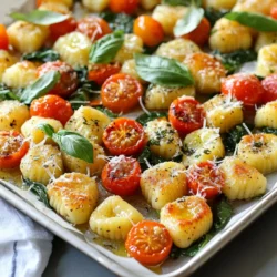 - 1 pound gnocchi (store-bought or homemade) - 4 tablespoons unsalted butter - 5 cloves garlic, minced - 1 cup cherry tomatoes, halved - 1 cup fresh spinach, roughly chopped - 1 teaspoon dried Italian herbs (oregano, basil, thyme) - Salt and pepper to taste - Freshly grated Parmesan cheese for serving - Fresh basil leaves for garnish For this recipe, I love using store-bought gnocchi. It saves time and tastes great. If you want, you can make your own gnocchi. Just use your favorite recipe. Unsalted butter is key here. It lets the garlic shine in this dish. Fresh garlic is a must. It adds a nice kick. Cherry tomatoes burst with flavor when baked. They add sweetness and color. Fresh spinach brings a lovely green touch. You can also choose other greens if you like. For seasoning, I use dried Italian herbs. They give this dish a cozy feel. Adjust the salt and pepper based on your taste. The freshly grated Parmesan cheese adds creaminess. It melts beautifully over the hot gnocchi. Lastly, fresh basil leaves make a lovely garnish. They add a pop of color and flavor. Now, gather these ingredients, and you’ll be ready to make a delicious sheet pan dinner. {{ingredient_image_1}} To start, preheat your oven to 425°F (220°C). This heat helps the gnocchi crisp up nicely. Next, line a large sheet pan with parchment paper. This makes cleanup easy and keeps everything from sticking. Grab a small saucepan and melt 4 tablespoons of unsalted butter over medium heat. Once it's melted, add 5 cloves of minced garlic. Sauté the garlic for about 1-2 minutes until it smells amazing. Be careful not to burn it. Remove the saucepan from heat once done. Now, take your prepared sheet pan. Spread out 1 pound of gnocchi, 1 cup of halved cherry tomatoes, and 1 cup of roughly chopped fresh spinach. Make sure everything is evenly distributed. Drizzle the melted garlic butter over this mix. Toss it gently to coat all the ingredients. Sprinkle with 1 teaspoon of dried Italian herbs, salt, and pepper to taste. Place the sheet pan in your preheated oven. Bake for about 20 minutes. Keep an eye out for the gnocchi to turn golden and crispy, while the tomatoes should blister. To check for doneness, stir the mixture gently halfway through. Once done, remove it from the oven and let it cool for a minute. This makes for a delightful dinner served hot, topped with freshly grated Parmesan cheese and garnished with fresh basil leaves. To make the best gnocchi, choose store-bought or homemade options that are soft and pillowy. Look for brands that use quality ingredients. If you want to try making your own, use a mix of potatoes and flour. This will give you a great base. For a crispier texture, bake your gnocchi at a high heat. Spread them out evenly on the sheet pan. This allows hot air to circulate around each piece. A little oil or butter also helps achieve that golden brown finish. If garlic isn't your favorite, you can swap it out. Try shallots or leeks for a different taste. These will bring their own unique flavors while keeping the dish tasty. When it comes to herbs, feel free to experiment! Fresh thyme, rosemary, or parsley can add a lovely touch. You can also mix in some chili flakes for a bit of heat. Serving this dish straight from the sheet pan is a great idea. It adds a casual vibe to your meal. If you want to be a bit fancy, transfer it to a large serving bowl. For garnishing, add freshly grated Parmesan cheese right before serving. This adds flavor and a nice look. You can also sprinkle some fresh basil leaves on top. A drizzle of extra melted butter can make it shine! Pro Tips Use Fresh Ingredients: Using fresh spinach and ripe cherry tomatoes will enhance the flavor and texture of your dish. Perfectly Crispy Gnocchi: For extra crispiness, ensure the gnocchi are spread out in a single layer on the sheet pan without overcrowding. Customize Your Herbs: Feel free to experiment with different herbs like rosemary or thyme to suit your taste preferences. Make It a Meal: Add protein such as cooked chicken or shrimp to the sheet pan for a complete meal in one dish. {{image_2}} You can make this dish even better with add-ins. Try adding vegetables like: - Zucchini, sliced - Bell peppers, chopped These vegetables bring color and flavor. They also add nutrition. For protein, consider: - Chicken, diced and cooked - Shrimp, peeled and deveined - Tofu, cubed These options give you a hearty meal. You can mix and match based on what you have at home. If you need gluten-free options, use gluten-free gnocchi. Many stores sell this now. For dairy-free needs, swap out the butter for olive oil. You can also skip the cheese or use a dairy-free alternative. These changes keep the taste while meeting your dietary needs. Seasonal ingredients can change your dish. In spring, add fresh asparagus or peas. In fall, use butternut squash or Brussels sprouts. You can also use seasonal herbs. For example, in summer, fresh basil shines. In winter, rosemary offers warmth. Using these ingredients makes your meal fresh and exciting. To keep your leftovers fresh, use an airtight container. Glass containers work best, but plastic ones are fine too. Store in the fridge for up to three days. The best way to reheat gnocchi is in a skillet. Heat the skillet over medium heat. Add a splash of water or broth to keep it moist. Stir gently until warm. You can also use the microwave, but it may get a bit soggy. Yes, you can freeze this dish! Place leftovers in a freezer-safe container. Make sure to leave some space for expansion. It can last in the freezer for about three months. To defrost, move it to the fridge overnight. Reheat it in a skillet for the best texture. Yes, you can use frozen gnocchi. Just toss them straight onto the pan. You do not need to thaw them first. They will cook well in the oven. Make sure to check the cooking time. Frozen gnocchi may take a few extra minutes to get crispy. Homemade gnocchi cooks fast, usually about 2-3 minutes. You can tell they are done when they float to the top of the boiling water. After boiling, you can bake them in the oven as the recipe shows. This gives a nice crispy texture. Garlic butter gnocchi is great on its own, but you can add a few sides. Here are some ideas: - A fresh garden salad - Roasted vegetables like zucchini or bell peppers - Crusty garlic bread - Grilled chicken or shrimp for protein Yes, you can prep the ingredients ahead. Just keep the gnocchi and veggies in the fridge. When you are ready to cook, drizzle the garlic butter and bake. This makes meal prep easy and quick. This blog post covered the essentials for making a delicious garlic butter gnocchi dish. You learned about key ingredients, simple steps, and tips for perfecting your meal. Remember, you can customize flavors and storage options to suit your needs. I hope you feel confident enough to try this recipe. Enjoy the cooking process and share it with friends and family. Your kitchen creations can bring joy to everyone at the table. Happy cooking!