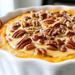 - 4 medium sweet potatoes, peeled and cubed - 1/2 cup maple syrup - 1/4 cup unsalted butter, melted - 1/2 cup milk (or almond milk for a dairy-free option) - 1/4 cup brown sugar - Salt and spices For this Maple Pecan Sweet Potato Casserole, the main ingredients are sweet potatoes, maple syrup, and butter. Sweet potatoes bring a natural sweetness and creamy texture. Maple syrup adds a rich flavor, while unsalted butter gives a nice, smooth base. I also suggest optional ingredients. Milk or almond milk makes the mixture creamier. Brown sugar can enhance the sweetness, and a pinch of salt and spices like cinnamon and nutmeg add warmth and depth to the flavor. You can customize this dish to fit your taste. If you prefer a richer flavor, add more maple syrup or spices. For a lighter version, skip the brown sugar and use almond milk. Have fun with it! {{ingredient_image_1}} First, you need to cook the sweet potatoes. Take four medium sweet potatoes, peel them, and cut them into cubes. Place the cubes in a large pot. Add water and a pinch of salt. Bring the water to a boil. Cook the sweet potatoes for 15 to 20 minutes until they are tender. To check tenderness, poke a piece with a fork. If it slides off easily, they're done. Drain the sweet potatoes in a colander and let them cool slightly. Next, it’s time to mash the sweet potatoes. Take a large mixing bowl and add the drained sweet potatoes. Use a potato masher or fork to mash them until they are smooth. After mashing, it’s time to add more flavor. Pour in 1/2 cup of maple syrup and 1/4 cup of melted butter. Then, add 1/2 cup of milk, 1 teaspoon of vanilla extract, 1/2 teaspoon of ground cinnamon, and 1/4 teaspoon of nutmeg. Don’t forget a pinch of salt! Mix all these ingredients until they are well combined and creamy. Now, let’s get your baking dish ready. Preheat your oven to 350°F (175°C). Grease a 9x13 inch baking dish to prevent sticking. Spread the sweet potato mixture evenly in the dish. This will be the base of your casserole. For the topping, take a separate bowl. Mix 1 cup of chopped pecans with 1/4 cup of brown sugar. Add a drizzle of about 1 tablespoon of melted butter to coat the pecans. Sprinkle this mixture evenly over the sweet potato layer. It’s time to bake. Place your assembled casserole in the preheated oven. Bake it for 25 to 30 minutes. You’ll know it’s ready when the topping is slightly golden and the filling is heated through. If you see bubbles around the edges, that’s a good sign! Let it sit for a few minutes after baking, then serve and enjoy your delicious creation! Achieving the right consistency To get a smooth and creamy texture, mash the sweet potatoes well. Use a potato masher or fork. If the potatoes feel too thick, add a bit more milk. This will help make the mix creamy without being runny. Flavor enhancement tips To boost the flavor, use fresh spices. Ground cinnamon and nutmeg give warmth and depth. A splash of vanilla extract brightens the sweet taste. Feel free to adjust these to your liking. A pinch of salt can enhance the sweetness too! Best side dishes to pair with casserole Maple pecan sweet potato casserole pairs well with savory dishes. Try it with roasted Brussels sprouts or green beans. A simple salad with lemon dressing can also balance the flavors. Serve with turkey or ham for a hearty meal. Presentation tips for serving Serve the casserole warm for the best taste. For a pretty look, add extra pecans on top. Drizzle a bit of maple syrup for shine and sweetness. This adds a nice touch and invites guests to dig in! Pro Tips Choose Sweet Potatoes Wisely: Look for sweet potatoes that are firm and smooth for the best texture and flavor in your casserole. Perfectly Mashed: Ensure your sweet potatoes are well-mashed with no lumps for a creamy consistency that blends beautifully with the other ingredients. Customize the Sweetness: Adjust the amount of maple syrup to your taste; you can reduce it if you prefer a less sweet dish. Make-Ahead Option: Prepare the sweet potato mixture in advance and refrigerate it. Just add the topping and bake when ready to serve. {{image_2}} Making it dairy-free To make this casserole dairy-free, simply swap regular milk with almond milk. Almond milk works well and keeps the dish creamy and delicious. If you want to replace butter, use coconut oil or a dairy-free butter. These adjustments keep your dish tasty and suitable for everyone. Alternative sweeteners If you prefer less sugar, use agave syrup or honey instead of maple syrup. Both options will still add that sweet flavor. Adjust the amount based on your taste. Remember, sweet potatoes are already sweet, so you might need less sweetener than you think! Adding fruits or spices You can boost flavors by adding fruits like cranberries or apples. For a twist, try mixing in some orange zest for a citrus kick. If you love spices, consider adding ginger or cardamom. These flavors brighten the dish and make it unique! Creating a savory version For a savory take, skip the sweeteners and add garlic or onion. You can also mix in some cooked bacon for a smoky flavor. This version can work as a side dish for roasted meats and adds a new dimension to your meal. To store your Maple Pecan Sweet Potato Casserole, let it cool first. Transfer leftovers into an airtight container. This keeps moisture in and odors out. You can refrigerate it for up to four days. When you’re ready to eat, just reheat individual servings in the microwave or warm the whole dish in the oven. If you want to save some for later, freezing is a great option. First, let the casserole cool completely. Then, wrap it tightly in plastic wrap and foil. This helps prevent freezer burn. You can freeze it for up to three months. When you’re ready to enjoy it again, take the casserole out of the freezer. Place it in the fridge to thaw overnight. After it’s thawed, reheat it in the oven at 350°F (175°C) until it’s hot. This usually takes about 25-30 minutes. Enjoy your sweet potato delight! How do I make it ahead of time? You can prepare this dish a day in advance. Cook and mash the sweet potatoes, then mix in the other ingredients. Place the mixture in a greased baking dish and cover it. Store it in the fridge overnight. When you are ready to bake, just add the pecan topping and follow the baking instructions. Can I use canned sweet potatoes? Yes, you can use canned sweet potatoes for this recipe. Rinse and drain them before mashing. Canned sweet potatoes save time and still taste great in this casserole. How many calories per serving? Each serving of Maple Pecan Sweet Potato Casserole has about 250 calories. This can vary based on your specific ingredients. Key nutrients in this recipe This casserole offers many nutrients, such as: - Vitamin A from sweet potatoes - Healthy fats from pecans - Calcium from milk - Fiber for digestion Nut-free alternatives If you need a nut-free option, skip the pecans and use seeds instead. Sunflower seeds or pumpkin seeds can provide a nice crunch. Low-sugar options available For a low-sugar option, reduce the maple syrup and brown sugar. You can also use a sugar substitute like stevia or monk fruit to keep it sweet. This blog covered how to make a delicious maple pecan sweet potato casserole. We started with the key ingredients, then explored each cooking step. I shared tips for the best results and fun variations to try. You can adjust this dish to fit dietary needs or add your favorite flavors. Enjoy creating this tasty dish for your next gathering. With the right steps, it will be a hit!