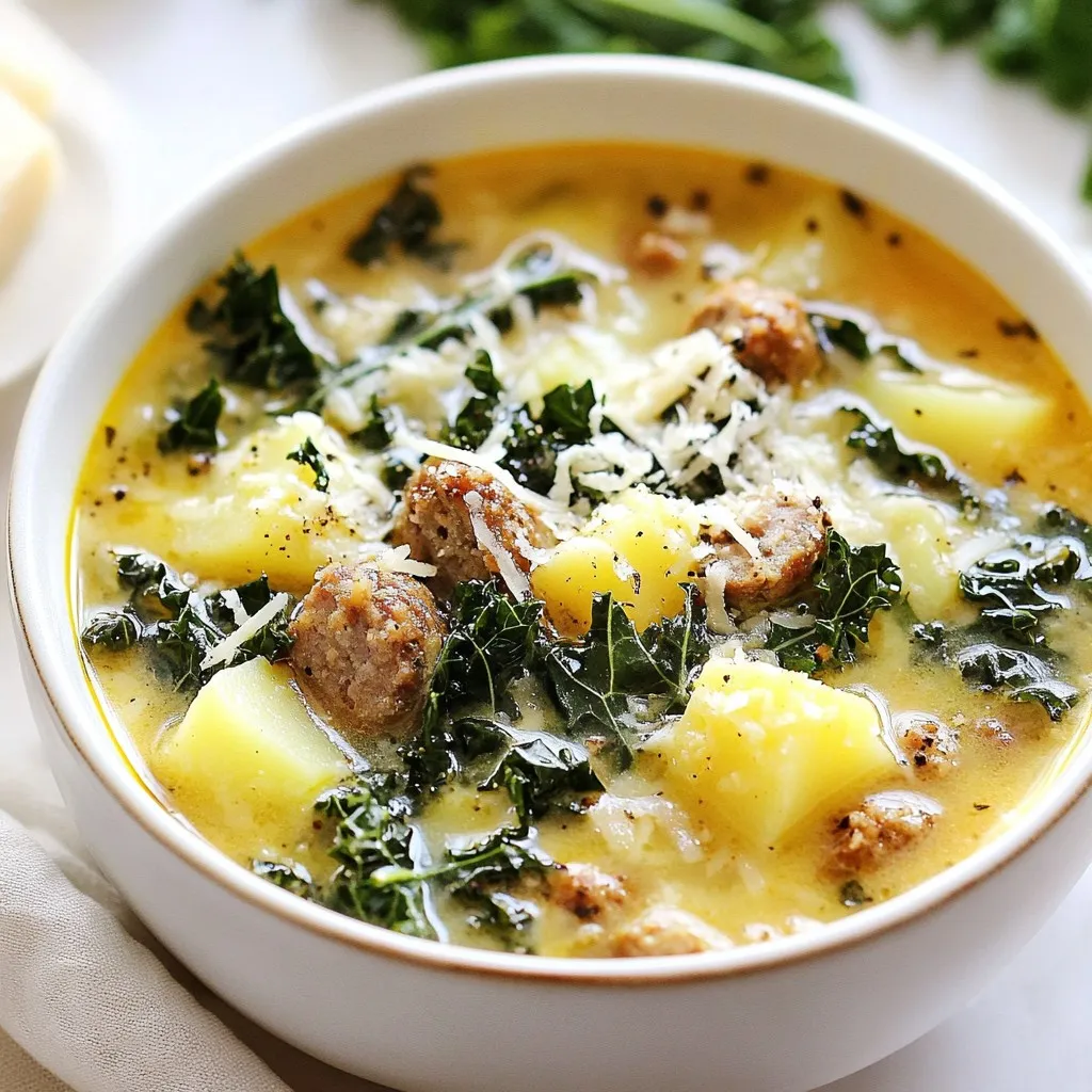 - 1 pound Italian sausage (spicy or mild) - 1 medium onion, diced - 3 cloves garlic, minced - 4 cups low-sodium chicken broth - 1 large bunch of kale, stems removed and leaves chopped - 2 medium potatoes, diced (Yukon Gold preferred for creaminess) - 1 can (14 oz) diced tomatoes, undrained - 1 cup heavy cream (or coconut cream for a dairy-free version) - 1 teaspoon dried thyme - 1 teaspoon dried oregano - Salt and pepper to taste - Olive oil for cooking This soup shines with its rich and hearty flavors. The Italian sausage gives it warmth. I like to use spicy sausage for a nice kick. If you prefer less heat, go for the mild option. The kale brings a fresh and vibrant touch. It adds nutrients and a nice texture. Yukon Gold potatoes make the soup creamy and filling. They cook perfectly, softening just right in the broth. - Red pepper flakes - Parmesan cheese for garnish For those who enjoy a little extra heat, red pepper flakes work wonders. A sprinkle before serving boosts the flavor profile. I also love to add freshly grated Parmesan cheese on top. It creates a rich finish that pairs well with the soup. These optional ingredients can take your soup to the next level! {{ingredient_image_1}} First, heat a tablespoon of olive oil in a large pot over medium heat. Add the diced onion. Sauté the onion for about five minutes until it softens. Next, add the minced garlic. Cook the garlic for one to two minutes until it smells amazing. Now, crumble the Italian sausage into the pot. I like to use spicy sausage, but mild works too. Cook the sausage until it turns brown and is no longer pink. This takes about six to eight minutes. Stir it well to break it apart. Once the sausage is cooked, toss in the diced potatoes. I prefer Yukon Gold potatoes for their creaminess. Pour in four cups of low-sodium chicken broth, then add the can of diced tomatoes, juices and all. Stir everything together. Bring the mixture to a boil, then lower the heat to a simmer. Let it cook uncovered for about 15 to 20 minutes. This allows the potatoes to become tender. After the potatoes soften, stir in the chopped kale. Add one teaspoon of dried thyme and one teaspoon of dried oregano. Season with salt and pepper to taste. Let the soup cook for another five to ten minutes until the kale wilts and gets tender. Next, lower the heat and stir in one cup of heavy cream. Let it heat through, but don’t let it boil. This makes the soup rich and creamy. If you like heat, sprinkle in some red pepper flakes before serving. Enjoy! - Choosing the right sausage: For this soup, I recommend using Italian sausage. You can choose spicy or mild, based on your taste. Spicy sausage adds a nice kick, while mild keeps it smoother. Look for good quality sausage with rich flavors. - Picking the best potatoes and kale: Yukon Gold potatoes work best. They are creamy and tender when cooked. For kale, choose fresh bunches with dark green leaves. Avoid yellow or wilted leaves. The fresher the kale, the better the flavor. - Ensuring the sausage browns properly: When cooking the sausage, break it into small pieces. This helps it cook evenly and develop a nice brown color. Don’t rush this step. Take your time to let it brown well for the best flavor. - Tips for perfecting the creamy texture: To get a rich, creamy soup, add the heavy cream at the end. Heat it gently and avoid boiling. This keeps the cream smooth and prevents curdling. Stir it in carefully for a nice finish. - Presentation ideas: Serve the soup in rustic bowls. A sprinkle of freshly grated Parmesan cheese on top looks great. A drizzle of olive oil adds a nice touch too. This makes the dish look warm and inviting. - Best accompaniments for serving: Pair the soup with crusty bread. It’s perfect for dipping! You may also enjoy a fresh salad on the side. This adds a light crunch to your meal. Pro Tips Use Fresh Kale: For the best flavor and texture, opt for fresh kale rather than pre-packaged. Look for vibrant leaves without any yellowing or wilting. Adjust Creaminess: You can control the creaminess of the soup by adjusting the amount of heavy cream. For a lighter version, use less cream or substitute with a plant-based option. Customize Spice Level: Feel free to adjust the amount of red pepper flakes to suit your heat preference. You can also use a hotter sausage for an extra kick. Make Ahead: This soup actually tastes better the next day! Consider making it a day in advance and store it in the fridge. Reheat gently on the stove before serving. {{image_2}} You can easily make this soup vegetarian. Start by replacing the Italian sausage with plant-based sausage. Many brands offer great flavors that mimic meat. This change keeps the dish hearty but suits meat-free diets. For added protein, try using legumes like lentils or chickpeas. They blend well and add a nice texture. If you want a dairy-free soup, swap heavy cream for coconut cream. This change keeps the soup creamy while being kind to your tummy. You can also use vegetable broth instead of chicken broth. It adds depth without animal products. This version tastes great and suits those with dairy allergies. To boost the flavor, add spices like smoked paprika or cumin. These spices bring warmth and depth. Fresh herbs like basil or parsley can brighten the soup. Try adding other vegetables, too. Carrots or bell peppers can add color and crunch. Feel free to get creative! To store your Tuscan Sausage Kale Soup, let it cool first. Use an airtight container. This keeps the flavors fresh. The soup lasts about 3 to 4 days in the fridge. If you want to save it longer, consider freezing. Freezing is easy and keeps your soup tasty. Pour cooled soup into freezer-safe bags or containers. Leave some space at the top for expansion. It can stay frozen for up to 3 months. When you're ready to eat, move it to the fridge overnight to thaw. For quick thawing, use cold water. You can reheat soup on the stovetop or in the microwave. For stovetop, pour soup into a pot. Heat on medium until steaming, stirring often. In the microwave, use a microwave-safe bowl. Heat in 1-minute intervals, stirring each time. This way, your soup keeps its flavor and texture. Tuscan Sausage Kale Soup is a warm and hearty dish. It features Italian sausage, fresh kale, and creamy broth. This soup is a staple in Tuscan cuisine. It reflects the region’s love for simple, robust flavors and wholesome ingredients. Yes, you can make this soup ahead of time. It tastes even better after the flavors blend. To prep, cook the soup fully and let it cool. Store it in an airtight container in the fridge. Use it within three to four days for best taste. You can spice up the soup easily. Add red pepper flakes for heat. Start with a small amount and adjust to your taste. You can also use spicy Italian sausage for a bolder flavor. Consider adding cayenne pepper for an extra kick. This Tuscan Sausage Kale Soup combines rich flavors and fresh ingredients. We explored key components like Italian sausage, kale, and creamy broth. I shared tips for prepping and cooking to achieve perfect texture. Variations let you customize the dish to fit your diet, whether you're vegetarian or dairy-free. Storing your leftovers properly keeps the soup tasty for days. Remember, cooking is about enjoying and sharing delicious meals. Try this soup tonight and savor every bite!
