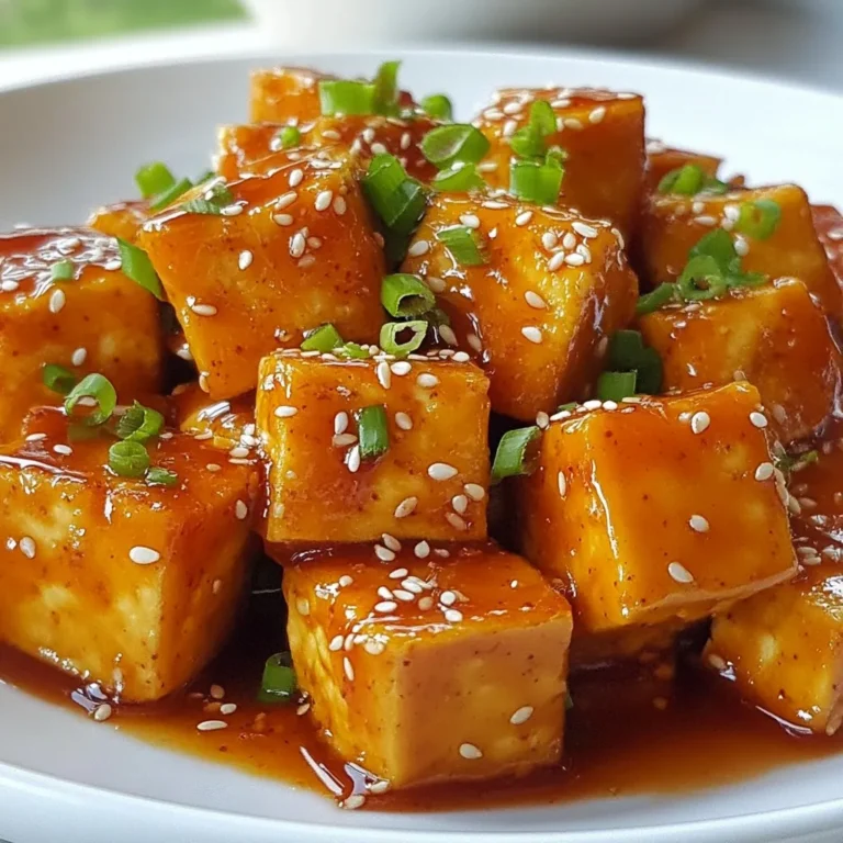 - 1 block (14 oz) firm tofu, drained and pressed - ¼ cup cornstarch - 2 tablespoons vegetable oil - 4 cloves garlic, minced - ½ cup sweet chili sauce - 2 tablespoons soy sauce - 1 tablespoon rice vinegar - 1 teaspoon ginger, grated - 2 green onions, chopped - Sesame seeds for garnish - Fresh cilantro for garnish (optional) If you want a different protein, you can use tempeh or seitan. Both options work well. For a lighter choice, try using cauliflower. It will soak up all those tasty flavors. Just cut it into bite-sized pieces. Choose firm tofu for the best texture. It holds up well during cooking. Pressing the tofu removes excess water. This helps it crisp up nicely. Sweet chili sauce is key for flavor. It brings a nice balance of sweet and spicy. Use low-sodium soy sauce if you prefer less salt. Rice vinegar adds brightness to the dish. Ginger gives a fresh, zesty kick. Don’t skip the garnishes! Green onions, sesame seeds, and cilantro add color and taste. {{ingredient_image_1}} To start, drain and press your firm tofu. This helps remove extra water. Then, cut the tofu into 1-inch cubes. Make sure the pieces are even. Next, take a medium bowl and add the cornstarch. Coat each tofu cube with cornstarch. This step is key for a crispy texture. Heat vegetable oil in a large non-stick skillet over medium-high heat. Once the oil is hot, add the tofu cubes in a single layer. Fry them until golden brown, about 3-4 minutes on each side. If your skillet is small, cook in batches. After frying, place the tofu on a plate lined with paper towels. This removes excess oil. In the same skillet, reduce the heat to medium. Add the minced garlic and grated ginger. Sauté for about 1 minute until fragrant. Be careful not to burn the garlic! Stir in the sweet chili sauce, soy sauce, and rice vinegar. Mix well and let the sauce simmer for 2-3 minutes. This thickens the sauce. Finally, return the crispy tofu to the skillet. Toss gently to coat the tofu with the sauce. Cook for another 2-3 minutes until heated through. To get tofu that is nice and crispy, start with firm tofu. Press it well to remove excess water. Cut the tofu into even cubes, about one inch each. Coat the cubes with cornstarch, making sure every side is covered. This helps create that crunchy texture. When cooking, use a hot non-stick skillet. Heat the oil before adding the tofu. Cook in a single layer to allow even browning. Flip the tofu carefully, so it does not break apart. Cook each side for about three to four minutes until golden brown. Setting it on paper towels will soak up extra oil. Garlic adds a great flavor to this dish. When cooking garlic, chop it finely to release its oils. Sauté the garlic in a hot skillet but watch it closely. Garlic cooks fast and can burn easily. Stir it for about one minute until it smells amazing. Adding ginger boosts the flavor even more. Grate the ginger before adding it to the pan. It gives a nice zest and works well with the sweet chili sauce. You can easily change the taste of your sweet chili garlic tofu. For a spicier kick, add red pepper flakes to the sauce. If you prefer a sweeter dish, increase the amount of sweet chili sauce. To make it tangier, add a splash more rice vinegar. Taste the sauce as you mix. Adjust the flavors to your liking. This way, you create a dish that fits your taste perfectly. Pro Tips Press Tofu Well: Ensure you press the tofu for at least 30 minutes to remove excess moisture, allowing for better absorption of flavors and a crispier texture. Use High Heat: Cooking the tofu on medium-high heat helps achieve a golden, crispy exterior. Make sure the oil is hot enough before adding the tofu for the best results. Customize Sauce Sweetness: Adjust the sweetness of your sweet chili sauce by adding a splash of lime juice or a pinch of sugar, depending on your taste preference. Garnish for Freshness: Adding fresh herbs like cilantro or mint just before serving enhances the dish's flavor and adds a pop of color to your final presentation. {{image_2}} To make your tofu spicy, simply add chili paste or red pepper flakes. Start with a teaspoon and adjust to your taste. This brings a nice kick to the sweet sauce. You can even mix in some sriracha for a fun twist. Pairing heat with sweetness makes each bite exciting. You can boost flavor and nutrition by adding vegetables. Bell peppers, snap peas, or broccoli work well. Just cut them into bite-sized pieces and sauté them with the garlic and ginger. They add crunch and color to your dish. Plus, the veggies soak up the tasty sauce, making every bite a delight. This recipe is already vegan, but you can switch up the sauce. Try using tamari instead of soy sauce for a gluten-free option. You can also add some maple syrup for extra sweetness if you like. Serve with rice or quinoa to make it a full meal. These small changes can keep the dish fresh and exciting. After your meal, let the tofu cool down. Place the leftover tofu in an airtight container. You can keep it in the fridge for up to three days. Make sure to store the sauce separately to keep the tofu crisp. To reheat, use a skillet over medium heat. Add a bit of oil to the pan. Once hot, add the tofu and cook for about 3–5 minutes. This method helps the tofu regain its crispness. You can also microwave it for 1–2 minutes, but the texture may change. You can freeze the tofu if you have leftovers. Cut the tofu into cubes and place them in a freezer-safe bag. Remove as much air as possible before sealing. It can last up to three months in the freezer. When ready to use, thaw it in the fridge overnight and reheat as needed. You can serve Sweet Chili Garlic Tofu with many sides. Rice is a great choice. White rice or brown rice works well. You might try quinoa for a healthy twist. Stir-fried vegetables also pair nicely. Broccoli, bell peppers, or snap peas add color and crunch. You can also serve it with a fresh salad. A simple green salad balances the dish. Yes, you can easily make this dish gluten-free. Use gluten-free soy sauce or tamari. This swap keeps the flavor but avoids gluten. Make sure your sweet chili sauce is also gluten-free. Check the label for any hidden gluten. Rice vinegar is gluten-free, so it’s safe to use. Making homemade sweet chili sauce is simple and fun. You need a few basic ingredients. Combine 1 cup of water, 1 cup of sugar, and ½ cup of rice vinegar in a pot. Add 2 tablespoons of chili flakes, 1 tablespoon of garlic, and a pinch of salt. Bring the mix to a boil. Stir until the sugar dissolves. Let it simmer for about 10 minutes until it thickens. Cool it down and store in a jar. Enjoy your homemade sauce with the tofu! This post covered all you need to know about Sweet Chili Garlic Tofu. We discussed key ingredients, cooking methods, and helpful tips for the perfect dish. Remember, tofu is flexible; feel free to try different flavors and mix in veggies. Store your leftovers properly for later enjoyment. You can serve this tasty dish in many ways. With what you learned, I'm sure you'll impress anyone at your table. Happy cooking!