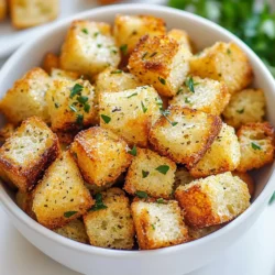 To make these tasty croutons, gather these items: - 4 slices of day-old bread (sourdough or ciabatta works best) - 2 tablespoons olive oil - 1 teaspoon garlic powder - 1 teaspoon dried parsley - ½ teaspoon dried oregano - ½ teaspoon salt - ¼ teaspoon black pepper - A pinch of red pepper flakes (optional for heat) These ingredients combine to give your croutons a rich flavor that pairs perfectly with salads and soups. Use bread that is a bit stale. Day-old bread makes the best croutons. It holds its shape when you cut it into cubes. Sourdough or ciabatta adds a nice texture and flavor. If you prefer a softer bread, choose a baguette or whole grain for a different taste. Avoid fresh bread, as it can turn mushy in the air fryer. Feel free to get creative with your spices! You can add: - 1 teaspoon Italian seasoning for more herbs - 1 teaspoon onion powder for a deeper flavor - A sprinkle of Parmesan cheese for a cheesy twist - Fresh herbs like thyme or basil for bright flavor Experimenting with different seasonings can help you find your perfect crouton flavor. {{ingredient_image_1}} Start by preheating your air fryer to 350°F (175°C). This takes about 5 minutes. Preheating helps the croutons cook evenly. Next, take 4 slices of day-old bread. Sourdough or ciabatta works best. Cut the bread into 1-inch cubes. Make sure the pieces are even. This helps them cook at the same rate. In a large bowl, mix 2 tablespoons of olive oil, 1 teaspoon of garlic powder, and 1 teaspoon of dried parsley. Add ½ teaspoon of dried oregano, ½ teaspoon of salt, and ¼ teaspoon of black pepper. If you like heat, add a pinch of red pepper flakes. Stir the mixture well. This will coat your croutons with flavor. Now, add the bread cubes to the bowl. Toss them in the seasoning mix until all pieces are coated. This is where the magic happens! Each cube needs a good layer of that tasty mix. To make your croutons extra crispy, follow these tips. First, cut your bread into even cubes. This helps them cook evenly. Use day-old bread. Fresh bread may not crisp up well. Coat the bread cubes evenly with the mixture. Make sure every piece gets some oil and herbs. Don’t crowd the air fryer basket. This allows hot air to flow freely, making your croutons crunchy. To change the taste of your croutons, try different herbs and spices. You can swap dried parsley for fresh basil for a fresh twist. Add a little lemon zest for a bright flavor. Want some heat? Increase the red pepper flakes. For a savory kick, sprinkle in some grated cheese before air frying. Taste the mixture before adding the bread. This lets you adjust the flavors to your liking. If your croutons are not crispy, check the cooking time. You might need to air fry them a bit longer. If they're too hard, reduce the cooking time next time. If the flavor is bland, up the seasoning. Add more garlic powder or salt to boost taste. Remember, every air fryer is different. Keep an eye on your croutons for the best results. Pro Tips Use Stale Bread: Day-old bread is ideal for croutons as it holds its shape better during cooking and absorbs the flavors beautifully. Experiment with Herbs: Feel free to mix and match your favorite herbs and spices for personalized flavor. Fresh herbs can also be used for a vibrant taste. Adjust Cooking Time: Keep an eye on the croutons while they cook, as cooking times may vary depending on the air fryer model and bread type. Storage Tips: Store leftover croutons in an airtight container at room temperature for up to a week to maintain their crispiness. {{image_2}} You can use many types of bread for croutons. Sourdough and ciabatta are great choices. Both have a nice crust and flavor. You can also try baguette or whole grain bread. If you like a sweeter taste, use brioche. Each type gives a different twist to your croutons. Want to spice things up? Adding cheese can bring more flavor. Grated Parmesan or Romano works well. For a twist, try smoked paprika or garlic salt. You can also add fresh herbs like thyme or basil. If you like heat, sprinkle in some cayenne pepper or chili flakes. Experiment with your favorite spices to match your taste. Making gluten-free croutons is easy. Use gluten-free bread varieties like rice or almond flour bread. Follow the same steps as before. Just make sure the bread is stale for the best crunch. This way, everyone can enjoy croutons, no matter their diet. To keep your croutons fresh, store them in an airtight container. This helps keep moisture out. If you make a big batch, let them cool completely first. Storing warm croutons can make them soggy. Keep them at room temperature for about a week. You can also use a glass jar. If your croutons lose their crunch, don’t worry! You can easily reheat them. Preheat your air fryer to 350°F (175°C). Place the croutons in the basket for about 3 minutes. This will bring back their crispy texture. Shake the basket halfway through for even heating. Then, they’re ready to enjoy again! Want to keep croutons even longer? Freezing is the answer! First, make sure they are cool. Then, place them in a freezer-safe bag. Squeeze out the air before sealing. They can last up to three months in the freezer. When you want to use them, just reheat from frozen in the air fryer for a quick snack. Yes, you can use fresh herbs! Fresh herbs add a bright flavor. Use about three times the amount of fresh herbs. For example, use one tablespoon of fresh parsley instead of one teaspoon dried. Chop them finely and mix them well with the oil. The croutons will taste amazing with fresh herbs. The croutons are done when they turn golden brown. This usually takes about 8-10 minutes in the air fryer. Shake the basket halfway through. This helps them cook evenly. You can also taste one for crunch. If it’s crispy, they are ready! Absolutely! You can make croutons in the oven. Preheat your oven to 375°F (190°C). Spread the bread cubes on a baking sheet. Drizzle with the herb mixture and toss well. Bake for 15-20 minutes, stirring halfway. Keep an eye on them so they don’t burn. They will be just as tasty! In this blog post, we explored how to make croutons using an air fryer. We covered the essential ingredients, including tips for choosing bread and seasoning options. We also shared a step-by-step guide, tips for crispiness, and ways to customize flavors. Plus, we discussed storage methods and answered common questions. Now, you have the tools to create tasty croutons that enhance any meal. Enjoy experimenting with different flavors and textures. Happy cooking!