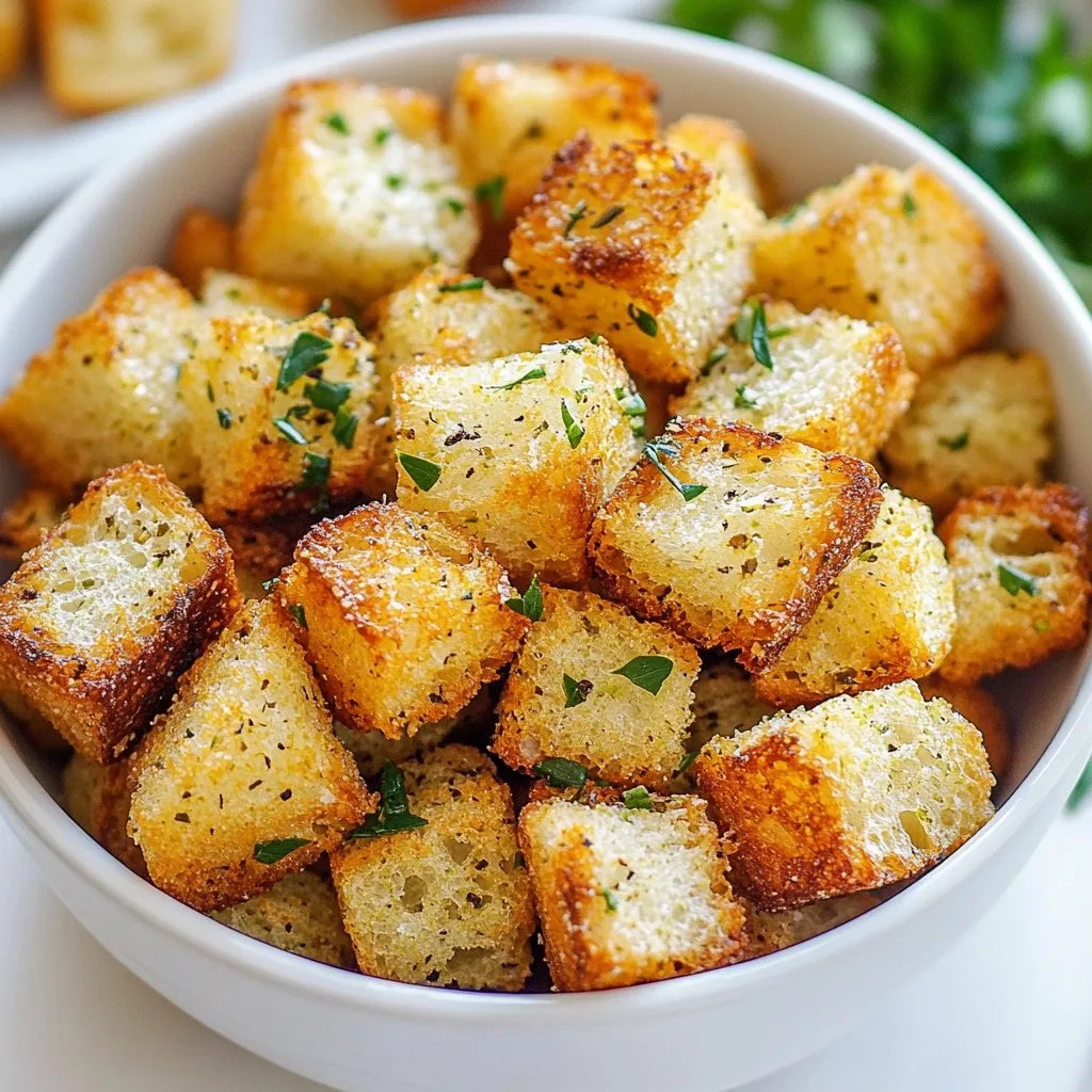 To make these tasty croutons, gather these items: - 4 slices of day-old bread (sourdough or ciabatta works best) - 2 tablespoons olive oil - 1 teaspoon garlic powder - 1 teaspoon dried parsley - ½ teaspoon dried oregano - ½ teaspoon salt - ¼ teaspoon black pepper - A pinch of red pepper flakes (optional for heat) These ingredients combine to give your croutons a rich flavor that pairs perfectly with salads and soups. Use bread that is a bit stale. Day-old bread makes the best croutons. It holds its shape when you cut it into cubes. Sourdough or ciabatta adds a nice texture and flavor. If you prefer a softer bread, choose a baguette or whole grain for a different taste. Avoid fresh bread, as it can turn mushy in the air fryer. Feel free to get creative with your spices! You can add: - 1 teaspoon Italian seasoning for more herbs - 1 teaspoon onion powder for a deeper flavor - A sprinkle of Parmesan cheese for a cheesy twist - Fresh herbs like thyme or basil for bright flavor Experimenting with different seasonings can help you find your perfect crouton flavor. {{ingredient_image_1}} Start by preheating your air fryer to 350°F (175°C). This takes about 5 minutes. Preheating helps the croutons cook evenly. Next, take 4 slices of day-old bread. Sourdough or ciabatta works best. Cut the bread into 1-inch cubes. Make sure the pieces are even. This helps them cook at the same rate. In a large bowl, mix 2 tablespoons of olive oil, 1 teaspoon of garlic powder, and 1 teaspoon of dried parsley. Add ½ teaspoon of dried oregano, ½ teaspoon of salt, and ¼ teaspoon of black pepper. If you like heat, add a pinch of red pepper flakes. Stir the mixture well. This will coat your croutons with flavor. Now, add the bread cubes to the bowl. Toss them in the seasoning mix until all pieces are coated. This is where the magic happens! Each cube needs a good layer of that tasty mix. To make your croutons extra crispy, follow these tips. First, cut your bread into even cubes. This helps them cook evenly. Use day-old bread. Fresh bread may not crisp up well. Coat the bread cubes evenly with the mixture. Make sure every piece gets some oil and herbs. Don’t crowd the air fryer basket. This allows hot air to flow freely, making your croutons crunchy. To change the taste of your croutons, try different herbs and spices. You can swap dried parsley for fresh basil for a fresh twist. Add a little lemon zest for a bright flavor. Want some heat? Increase the red pepper flakes. For a savory kick, sprinkle in some grated cheese before air frying. Taste the mixture before adding the bread. This lets you adjust the flavors to your liking. If your croutons are not crispy, check the cooking time. You might need to air fry them a bit longer. If they're too hard, reduce the cooking time next time. If the flavor is bland, up the seasoning. Add more garlic powder or salt to boost taste. Remember, every air fryer is different. Keep an eye on your croutons for the best results. Pro Tips Use Stale Bread: Day-old bread is ideal for croutons as it holds its shape better during cooking and absorbs the flavors beautifully. Experiment with Herbs: Feel free to mix and match your favorite herbs and spices for personalized flavor. Fresh herbs can also be used for a vibrant taste. Adjust Cooking Time: Keep an eye on the croutons while they cook, as cooking times may vary depending on the air fryer model and bread type. Storage Tips: Store leftover croutons in an airtight container at room temperature for up to a week to maintain their crispiness. {{image_2}} You can use many types of bread for croutons. Sourdough and ciabatta are great choices. Both have a nice crust and flavor. You can also try baguette or whole grain bread. If you like a sweeter taste, use brioche. Each type gives a different twist to your croutons. Want to spice things up? Adding cheese can bring more flavor. Grated Parmesan or Romano works well. For a twist, try smoked paprika or garlic salt. You can also add fresh herbs like thyme or basil. If you like heat, sprinkle in some cayenne pepper or chili flakes. Experiment with your favorite spices to match your taste. Making gluten-free croutons is easy. Use gluten-free bread varieties like rice or almond flour bread. Follow the same steps as before. Just make sure the bread is stale for the best crunch. This way, everyone can enjoy croutons, no matter their diet. To keep your croutons fresh, store them in an airtight container. This helps keep moisture out. If you make a big batch, let them cool completely first. Storing warm croutons can make them soggy. Keep them at room temperature for about a week. You can also use a glass jar. If your croutons lose their crunch, don’t worry! You can easily reheat them. Preheat your air fryer to 350°F (175°C). Place the croutons in the basket for about 3 minutes. This will bring back their crispy texture. Shake the basket halfway through for even heating. Then, they’re ready to enjoy again! Want to keep croutons even longer? Freezing is the answer! First, make sure they are cool. Then, place them in a freezer-safe bag. Squeeze out the air before sealing. They can last up to three months in the freezer. When you want to use them, just reheat from frozen in the air fryer for a quick snack. Yes, you can use fresh herbs! Fresh herbs add a bright flavor. Use about three times the amount of fresh herbs. For example, use one tablespoon of fresh parsley instead of one teaspoon dried. Chop them finely and mix them well with the oil. The croutons will taste amazing with fresh herbs. The croutons are done when they turn golden brown. This usually takes about 8-10 minutes in the air fryer. Shake the basket halfway through. This helps them cook evenly. You can also taste one for crunch. If it’s crispy, they are ready! Absolutely! You can make croutons in the oven. Preheat your oven to 375°F (190°C). Spread the bread cubes on a baking sheet. Drizzle with the herb mixture and toss well. Bake for 15-20 minutes, stirring halfway. Keep an eye on them so they don’t burn. They will be just as tasty! In this blog post, we explored how to make croutons using an air fryer. We covered the essential ingredients, including tips for choosing bread and seasoning options. We also shared a step-by-step guide, tips for crispiness, and ways to customize flavors. Plus, we discussed storage methods and answered common questions. Now, you have the tools to create tasty croutons that enhance any meal. Enjoy experimenting with different flavors and textures. Happy cooking!