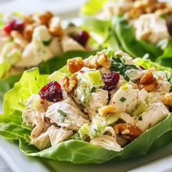 - 2 cups cooked chicken breast, shredded - 1/2 cup dried cranberries - 1/3 cup walnuts, chopped - 1/4 cup plain Greek yogurt - 2 tablespoons mayonnaise - 1 tablespoon Dijon mustard - 1 tablespoon honey - 1/4 teaspoon salt - 1/4 teaspoon black pepper - 1/2 teaspoon garlic powder - 1 head of romaine or butter lettuce, separated into leaves To create my Cranberry Walnut Chicken Salad Lettuce Wraps, I gather simple yet tasty ingredients. The chicken breast gives a solid base. You can use shredded chicken from your last meal or cook it fresh. Dried cranberries add a sweet touch. They balance the savory flavor of the chicken. Chopped walnuts bring a lovely crunch and richness. They are full of good fats and nutrients. Plain Greek yogurt serves as a creamy binder. It is healthier than regular mayo. The addition of mayonnaise gives it extra creaminess. Dijon mustard adds a nice zing, while honey sweetens the mix. I always season with salt, black pepper, and garlic powder. They enhance the flavors and round out the dish. Finally, the romaine or butter lettuce wraps hold this delightful filling. The lettuce adds a fresh, crisp bite. This mix of flavors and textures makes for a satisfying meal. Plus, it’s light and healthy, perfect for any time of day. {{ingredient_image_1}} - Combine the chicken, cranberries, and walnuts Start by placing 2 cups of shredded chicken in a large bowl. Add in 1/2 cup of dried cranberries and 1/3 cup of chopped walnuts. Mix well so that everything blends nicely. - Prepare the dressing mixture In another bowl, whisk together 1/4 cup of plain Greek yogurt, 2 tablespoons of mayonnaise, 1 tablespoon of Dijon mustard, and 1 tablespoon of honey. Add 1/4 teaspoon of salt, 1/4 teaspoon of black pepper, and 1/2 teaspoon of garlic powder. Mix until smooth. - Combine the dressing with the chicken mixture Pour the dressing over the chicken mixture. Stir everything together until all the pieces are coated well. This step adds flavor and creaminess to the chicken. - Taste and adjust seasoning After mixing, taste the salad. You can add more salt or pepper if needed. For a crunchier texture, feel free to toss in some finely chopped celery or apple. - How to assemble the lettuce wraps Take a head of romaine or butter lettuce and separate the leaves. Place a generous scoop of the chicken salad on each leaf. Be sure to fill them up nicely. - Best ways to present them for guests Arrange the lettuce wraps on a big platter. You can garnish with extra cranberries or walnuts for a pop of color. This makes a great light meal or appetizer that everyone will love. To shred chicken efficiently, I like to use two forks. Hold one fork steady and pull the chicken apart with the other fork. This method gives you nice, even shreds. You can also use your hands if the chicken is cooled enough. For extra crunch, try adding finely chopped celery or diced apple. Both options bring a fresh flavor and texture. You can also mix in some chopped bell peppers or even crunchy seeds for more variety. To store leftovers, place the chicken salad in an airtight container. It will stay fresh in the fridge for up to three days. If you want to keep the lettuce crisp, store it separately. For meal prep, make the chicken salad ahead of time. Pack it in small containers with a side of lettuce. This way, you have a quick and healthy meal ready to go. Just assemble the wraps when you're ready to eat. Pro Tips Use Rotisserie Chicken: For a quick and easy preparation, use store-bought rotisserie chicken instead of cooking your own. Add Fresh Herbs: Enhance the flavor of your chicken salad by adding fresh herbs like parsley or dill for a burst of freshness. Experiment with Nuts: If walnuts aren’t your favorite, try substituting with pecans or almonds for a different flavor and texture. Make it Ahead: Prepare the chicken salad in advance and store it in the refrigerator for up to 3 days for a quick meal option. {{image_2}} You can swap out Greek yogurt and mayonnaise. If you want a lighter option, try sour cream or avocado. Both give a creamy texture. You can also use plant-based yogurt for a dairy-free choice. When it comes to nuts, walnuts are great, but you can use pecans or almonds instead. For dried fruits, raisins or chopped apples work well. Each option adds a unique flavor to the dish. You can make this dish gluten-free easily. Just ensure the mayonnaise and any other sauces are gluten-free. Serve it in lettuce leaves, and it’s a perfect meal for gluten-sensitive folks. For vegetarian options, you can replace chicken with chickpeas or tofu. Both options provide protein and make this dish hearty. You can still enjoy the same great taste! Each serving of Cranberry Walnut Chicken Salad Lettuce Wraps contains about 300 calories. The main ingredients contribute to this total. The chicken adds protein, and the cranberries give natural sweetness. Walnuts provide healthy fats and crunch. Greek yogurt adds creaminess while keeping calories lower than regular mayo. Here’s a quick breakdown of the nutrients: - Cooked chicken breast: High in protein, low in fat. - Dried cranberries: Source of antioxidants and fiber. - Walnuts: Packed with omega-3 fatty acids. - Greek yogurt: Offers protein and probiotics. Walnuts and cranberries offer great health perks. Walnuts help your heart. They can lower bad cholesterol levels. They also support brain health with healthy fats. Cranberries are good for your urinary tract. They can help prevent infections. Using Greek yogurt instead of mayo is smart. Greek yogurt is lower in fat and high in protein. It also has probiotics, which are good for digestion. These ingredients make your meal not only tasty but also nutritious. Enjoy these wraps knowing they support your health! Yes, rotisserie chicken works great. It saves time and adds flavor. Just shred it before mixing. You can store the salad mix in the fridge for about three days. Keep it in a sealed container to stay fresh. Absolutely! You can make it a day in advance. Just mix everything but the lettuce. These wraps pair well with fresh fruit or a light soup. You can also serve them with a side salad. This recipe makes four servings. It's perfect for a small gathering or a family meal. In this blog post, you learned about making delicious cranberry walnut chicken salad lettuce wraps. We covered the key ingredients, detailed steps, and serving tips. Understanding how to store leftovers and variations made this recipe flexible. Remember, you can customize it to fit dietary needs. I hope you enjoy making these wraps. They are not only tasty but also healthy! With simple changes, you can make this dish your own. Enjoy your cooking journey!