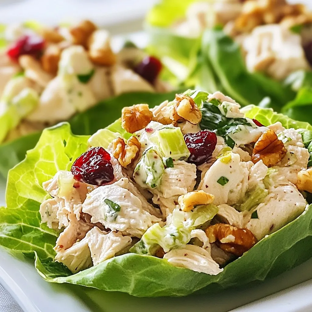 - 2 cups cooked chicken breast, shredded - 1/2 cup dried cranberries - 1/3 cup walnuts, chopped - 1/4 cup plain Greek yogurt - 2 tablespoons mayonnaise - 1 tablespoon Dijon mustard - 1 tablespoon honey - 1/4 teaspoon salt - 1/4 teaspoon black pepper - 1/2 teaspoon garlic powder - 1 head of romaine or butter lettuce, separated into leaves To create my Cranberry Walnut Chicken Salad Lettuce Wraps, I gather simple yet tasty ingredients. The chicken breast gives a solid base. You can use shredded chicken from your last meal or cook it fresh. Dried cranberries add a sweet touch. They balance the savory flavor of the chicken. Chopped walnuts bring a lovely crunch and richness. They are full of good fats and nutrients. Plain Greek yogurt serves as a creamy binder. It is healthier than regular mayo. The addition of mayonnaise gives it extra creaminess. Dijon mustard adds a nice zing, while honey sweetens the mix. I always season with salt, black pepper, and garlic powder. They enhance the flavors and round out the dish. Finally, the romaine or butter lettuce wraps hold this delightful filling. The lettuce adds a fresh, crisp bite. This mix of flavors and textures makes for a satisfying meal. Plus, it’s light and healthy, perfect for any time of day. {{ingredient_image_1}} - Combine the chicken, cranberries, and walnuts Start by placing 2 cups of shredded chicken in a large bowl. Add in 1/2 cup of dried cranberries and 1/3 cup of chopped walnuts. Mix well so that everything blends nicely. - Prepare the dressing mixture In another bowl, whisk together 1/4 cup of plain Greek yogurt, 2 tablespoons of mayonnaise, 1 tablespoon of Dijon mustard, and 1 tablespoon of honey. Add 1/4 teaspoon of salt, 1/4 teaspoon of black pepper, and 1/2 teaspoon of garlic powder. Mix until smooth. - Combine the dressing with the chicken mixture Pour the dressing over the chicken mixture. Stir everything together until all the pieces are coated well. This step adds flavor and creaminess to the chicken. - Taste and adjust seasoning After mixing, taste the salad. You can add more salt or pepper if needed. For a crunchier texture, feel free to toss in some finely chopped celery or apple. - How to assemble the lettuce wraps Take a head of romaine or butter lettuce and separate the leaves. Place a generous scoop of the chicken salad on each leaf. Be sure to fill them up nicely. - Best ways to present them for guests Arrange the lettuce wraps on a big platter. You can garnish with extra cranberries or walnuts for a pop of color. This makes a great light meal or appetizer that everyone will love. To shred chicken efficiently, I like to use two forks. Hold one fork steady and pull the chicken apart with the other fork. This method gives you nice, even shreds. You can also use your hands if the chicken is cooled enough. For extra crunch, try adding finely chopped celery or diced apple. Both options bring a fresh flavor and texture. You can also mix in some chopped bell peppers or even crunchy seeds for more variety. To store leftovers, place the chicken salad in an airtight container. It will stay fresh in the fridge for up to three days. If you want to keep the lettuce crisp, store it separately. For meal prep, make the chicken salad ahead of time. Pack it in small containers with a side of lettuce. This way, you have a quick and healthy meal ready to go. Just assemble the wraps when you're ready to eat. Pro Tips Use Rotisserie Chicken: For a quick and easy preparation, use store-bought rotisserie chicken instead of cooking your own. Add Fresh Herbs: Enhance the flavor of your chicken salad by adding fresh herbs like parsley or dill for a burst of freshness. Experiment with Nuts: If walnuts aren’t your favorite, try substituting with pecans or almonds for a different flavor and texture. Make it Ahead: Prepare the chicken salad in advance and store it in the refrigerator for up to 3 days for a quick meal option. {{image_2}} You can swap out Greek yogurt and mayonnaise. If you want a lighter option, try sour cream or avocado. Both give a creamy texture. You can also use plant-based yogurt for a dairy-free choice. When it comes to nuts, walnuts are great, but you can use pecans or almonds instead. For dried fruits, raisins or chopped apples work well. Each option adds a unique flavor to the dish. You can make this dish gluten-free easily. Just ensure the mayonnaise and any other sauces are gluten-free. Serve it in lettuce leaves, and it’s a perfect meal for gluten-sensitive folks. For vegetarian options, you can replace chicken with chickpeas or tofu. Both options provide protein and make this dish hearty. You can still enjoy the same great taste! Each serving of Cranberry Walnut Chicken Salad Lettuce Wraps contains about 300 calories. The main ingredients contribute to this total. The chicken adds protein, and the cranberries give natural sweetness. Walnuts provide healthy fats and crunch. Greek yogurt adds creaminess while keeping calories lower than regular mayo. Here’s a quick breakdown of the nutrients: - Cooked chicken breast: High in protein, low in fat. - Dried cranberries: Source of antioxidants and fiber. - Walnuts: Packed with omega-3 fatty acids. - Greek yogurt: Offers protein and probiotics. Walnuts and cranberries offer great health perks. Walnuts help your heart. They can lower bad cholesterol levels. They also support brain health with healthy fats. Cranberries are good for your urinary tract. They can help prevent infections. Using Greek yogurt instead of mayo is smart. Greek yogurt is lower in fat and high in protein. It also has probiotics, which are good for digestion. These ingredients make your meal not only tasty but also nutritious. Enjoy these wraps knowing they support your health! Yes, rotisserie chicken works great. It saves time and adds flavor. Just shred it before mixing. You can store the salad mix in the fridge for about three days. Keep it in a sealed container to stay fresh. Absolutely! You can make it a day in advance. Just mix everything but the lettuce. These wraps pair well with fresh fruit or a light soup. You can also serve them with a side salad. This recipe makes four servings. It's perfect for a small gathering or a family meal. In this blog post, you learned about making delicious cranberry walnut chicken salad lettuce wraps. We covered the key ingredients, detailed steps, and serving tips. Understanding how to store leftovers and variations made this recipe flexible. Remember, you can customize it to fit dietary needs. I hope you enjoy making these wraps. They are not only tasty but also healthy! With simple changes, you can make this dish your own. Enjoy your cooking journey!