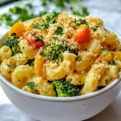 - 2 cups elbow macaroni - 1 tablespoon olive oil - 1 small onion, finely chopped - 2 cloves garlic, minced - 1 cup broccoli florets - 1 cup spinach, chopped - 1 cup cherry tomatoes, halved - 2 cups shredded cheddar cheese - 1 cup milk (or plant-based milk) - 2 tablespoons flour - 1 teaspoon mustard powder - Salt and pepper to taste - 1/2 cup breadcrumbs (for topping) - Fresh parsley, chopped (for garnish) When you want to make veggie loaded mac and cheese, gather your ingredients first. Start with the pasta. Elbow macaroni is the classic choice. It hugs the cheese sauce well. Next, chop one small onion and mince two cloves of garlic. These two add great flavor. For your veggies, grab a cup of broccoli florets. Chop one cup of spinach, and halve one cup of cherry tomatoes. These add color, taste, and nutrients. Now, for the creamy sauce. You need two cups of shredded cheddar cheese. Using milk or plant-based milk helps to create that silky texture. You also need two tablespoons of flour to thicken your sauce. One teaspoon of mustard powder adds a nice kick, while salt and pepper balance the taste. If you want a crunchy topping, have half a cup of breadcrumbs ready. Fresh parsley can add a lovely touch as a garnish. With these ingredients, you can make a rich and tasty dish that everyone will love. {{ingredient_image_1}} First, bring a large pot of salted water to a boil. Add 2 cups of elbow macaroni. Cook it according to the package directions until it's al dente, which usually takes about 8-10 minutes. After cooking, drain the macaroni and set it aside. This keeps the pasta from getting mushy later. Next, heat 1 tablespoon of olive oil in a large skillet over medium heat. Once hot, add 1 small onion, finely chopped, and 2 cloves of minced garlic. Sauté them for about 2-3 minutes until they soften and smell great. This step builds a strong flavor base for the dish. Now it’s time to add the veggies! Stir in 1 cup of broccoli florets. Cook for 3-4 minutes until they turn bright green. Next, add 1 cup of chopped spinach and 1 cup of halved cherry tomatoes. Cook until the spinach is wilted, about 2 minutes. Remove the skillet from the heat, and set it aside. This mix adds color and nutrition to your mac and cheese. In a separate saucepan, whisk together 1 cup of milk and 2 tablespoons of flour over medium heat. Keep stirring until the mixture thickens, which takes around 3 minutes. Lower the heat and mix in 1 teaspoon of mustard powder, salt, and pepper to taste. Gradually add 2 cups of shredded cheddar cheese. Stir until the cheese melts and becomes smooth. This sauce is creamy and full of flavor. Now, it’s time to combine everything! Add the drained macaroni and sautéed vegetables to the cheese sauce. Stir everything together until well mixed and heated through. This step ensures that each bite is packed with flavor and texture. If you want a crispy topping, preheat your oven to 350°F (175°C). Transfer the mac and cheese mixture to a baking dish. Sprinkle 1/2 cup of breadcrumbs on top. Bake for 15-20 minutes until the top is golden and crispy. This adds a delightful crunch to your creamy dish. For the best flavor and melt, I suggest using sharp cheddar cheese. It adds a nice kick. You can also mix in some mozzarella for extra creaminess. Gouda is another great choice for a rich taste. These cheeses melt well and blend smoothly, creating that perfect creamy texture. If you want to change up the veggies, you have many options. Cauliflower works well if you chop it small. Bell peppers add a sweet crunch. Zucchini is another tasty choice that softens nicely. Even peas can add a pop of color and flavor. Feel free to mix and match based on what you like. To make this dish healthier, use whole grain pasta. It has more fiber and nutrients. You can also reduce the cheese by mixing in some Greek yogurt, which adds creaminess. Try using low-fat milk instead of whole milk for fewer calories. Lastly, add more veggies to boost vitamins and minerals. This way, you get a tasty meal that's better for you. Pro Tips Cook Pasta Al Dente: Make sure to cook the elbow macaroni until just al dente. This will prevent it from becoming mushy when mixed with the cheese sauce. Use Fresh Vegetables: Fresh vegetables not only enhance the flavor but also provide essential nutrients. Feel free to mix in your favorites! Cheese Variations: Experiment with different cheeses like gouda or mozzarella for a unique twist on the classic mac and cheese flavor. Crispy Topping Options: Consider adding crushed crackers or panko breadcrumbs mixed with melted butter for a deliciously crispy topping. {{image_2}} You can change up the cheese for fun flavors. Mixing cheddar with mozzarella gives a creamy, stretchy texture. It melts well and adds richness. Gouda offers a smoky taste that makes the dish unique. You can even blend all three for a cheese lover’s dream! Want to make it heartier? Add proteins like chicken or tofu. Chicken adds a savory bite that pairs well with the cheese. Tofu is great for a plant-based twist, soaking up flavors while keeping it light. You can also use beans for a protein boost and extra fiber. Spice it up with herbs and sauces. Fresh basil or thyme adds a nice touch. You could also sprinkle some chili flakes for heat. If you like a tangy kick, try a dash of hot sauce. Mixing in different sauces can change the whole dish, making it exciting every time! To keep your veggie loaded mac and cheese fresh, place it in an airtight container. Let it cool before sealing to avoid steam buildup. Store it in the fridge for up to three days. If you want to enjoy it later, consider freezing it. When reheating, use the oven for the best texture. Preheat it to 350°F (175°C). Place your mac and cheese in a baking dish. Add a splash of milk to keep it creamy. Cover with foil to prevent drying out. Heat for about 20 minutes, or until warm. Stir halfway through for even heating. To freeze, let the mac and cheese cool completely. Portion it into freezer-safe containers. You can also use plastic wrap to cover the dish tightly. It will stay fresh for up to three months. When ready to eat, thaw overnight in the fridge. Reheat as mentioned above. Enjoy your creamy dish anytime! Veggie Loaded Mac and Cheese lasts about 3 to 5 days in the fridge. To store it, let the dish cool completely. Then, transfer it to an airtight container. This keeps it fresh and safe to eat. For best taste, reheat only the portion you plan to eat. Yes, you can use gluten-free pasta! Many brands offer gluten-free elbow macaroni. These options often include rice, corn, or lentil pasta. They cook differently, so check the package for timing. Gluten-free pasta can have a different texture, but it tastes great in this dish. You can substitute cheddar cheese with mozzarella, gouda, or vegan cheese. Each option gives a unique taste. Mozzarella offers a mild flavor and great melt. Gouda adds a rich, smoky taste. Vegan cheese can also work, but check the label for melting quality. To make this recipe vegan, use plant-based milk like almond or oat milk. Choose a vegan cheese that melts well. You can also add nutritional yeast for a cheesy flavor without dairy. Make sure your pasta is egg-free. This way, you create a creamy, plant-based dish! This blog post covered a tasty Veggie Loaded Mac and Cheese. We discussed key ingredients like pasta, vegetables, and cheese. You learned step-by-step cooking instructions and helpful tips. I included ways to make it healthier and variations to try. Remember, cooking is fun! Feel free to experiment with flavors and ingredients. Enjoy making this dish your own. Happy cooking!