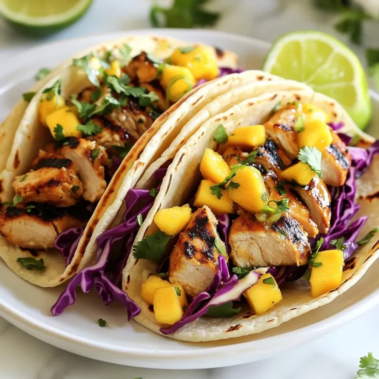 For these tasty tacos, you will need: - 2 boneless, skinless chicken breasts - 8 small corn tortillas These are the stars of your dish. The chicken brings protein and flavor, while the tortillas hold everything together. The marinade gives the chicken its sweet and zesty taste. Gather these items: - 1/4 cup honey - 1/4 cup fresh lime juice - 2 cloves garlic, minced - 1 teaspoon chili powder - 1 teaspoon cumin - 1/2 teaspoon salt - 1/4 teaspoon black pepper Mix these ingredients well. The honey adds sweetness, while lime juice adds a nice tang. To finish your tacos, use these toppings: - 1 cup shredded red cabbage - 1/2 cup diced mango - 1/4 cup fresh cilantro, chopped - Lime wedges, for serving The cabbage adds crunch, and the mango gives a burst of sweetness. Cilantro adds freshness, and lime wedges are perfect for squeezing on top! {{ingredient_image_1}} First, grab a bowl. In that bowl, whisk together these ingredients: - 1/4 cup honey - 1/4 cup fresh lime juice - 2 cloves garlic, minced - 1 teaspoon chili powder - 1 teaspoon cumin - 1/2 teaspoon salt - 1/4 teaspoon black pepper Mix them well until smooth. This mix brings sweet and tangy flavors. Next, take two boneless, skinless chicken breasts. Place them in a resealable plastic bag. Pour the marinade over the chicken. Seal the bag tightly. Make sure to massage the chicken through the bag. This helps the flavors soak in. Place the bag in the fridge for at least 30 minutes. For even better taste, let it marinate for two hours. Now, preheat your grill or skillet to medium-high heat. Take the chicken from the bag and toss out the leftover marinade. Grill the chicken for about 6-7 minutes on each side. Make sure it’s cooked through and no longer pink. Once done, let the chicken rest for 5 minutes. While it rests, warm your corn tortillas. You can do this on the grill or in a dry skillet. Just heat them for about 30 seconds on each side until they are soft. After the chicken has rested, slice it into thin strips. It’s time to build your tacos! Take a warm tortilla and layer it with: - Shredded red cabbage - Diced mango - Sliced chicken Top it all with fresh cilantro. Serve with lime wedges on the side for extra zest. Enjoy your tasty Honey Lime Chicken Tacos! Marinating is key for flavor. I like to use a resealable bag. This makes it easy to coat the chicken. Combine honey, lime juice, garlic, chili powder, cumin, salt, and black pepper in a bowl. Whisk until smooth. Pour the marinade over the chicken. Seal the bag and massage the chicken. Let it sit in the fridge for at least 30 minutes. For best results, marinate for two hours. This helps the chicken soak up all those tasty flavors. Both grilling and skillet cooking can work well. Grilling gives the chicken a nice char and smoky flavor. Preheat your grill to medium-high heat. Cook the chicken for 6-7 minutes on each side until fully cooked. If you prefer a skillet, heat it over medium-high heat. Add a bit of oil to prevent sticking. Cook the chicken the same way. Either method creates juicy, flavorful chicken for your tacos. Assembling your tacos should be fun and simple. Start with warm corn tortillas. Lay one on your plate, then add shredded red cabbage. Next, add diced mango for sweetness. Slice the grilled chicken into thin strips and place on top. Finish with fresh cilantro for a burst of flavor. Serve with lime wedges on the side. Squeeze lime juice over the tacos before eating for extra zing! Pro Tips Marinade Magic: For deeper flavor, let the chicken marinate for the full 2 hours instead of just 30 minutes. Perfectly Grilled: Use a meat thermometer to ensure the chicken reaches an internal temperature of 165°F for juiciness. Warm Tortillas: Keep the tortillas warm in a clean kitchen towel after warming them to prevent them from drying out. Fresh Garnishes: Experiment with different toppings like avocado or radishes to add more flavor and texture to your tacos. {{image_2}} You can swap chicken for other proteins. Try shrimp or beef for a twist. Tofu is great for a plant-based option. Each protein brings its own taste and texture. Experiment with toppings to change the flavor. Use sliced avocado for creaminess. Add jalapeños for heat. Try fresh pineapple instead of mango for a tropical touch. Different toppings keep each taco fresh and exciting. To make these tacos gluten-free, choose corn tortillas. They are perfect for anyone avoiding gluten. For a low-carb option, use lettuce wraps instead of tortillas. This keeps the meal light but still tasty. After you enjoy your Honey Lime Chicken Tacos, store any leftovers in an airtight container. This keeps the chicken moist and fresh. If you have leftover toppings, store them separately. This prevents sogginess and keeps flavors bright. Try to eat leftovers within three days for the best taste. When you reheat the chicken, use a skillet or microwave. If using a skillet, add a splash of lime juice for flavor. Heat on medium until warm, about five minutes. In the microwave, use a microwave-safe dish. Heat in short bursts, around 30 seconds, until warm. This helps keep the chicken juicy. You can freeze the chicken before cooking. Place the marinated chicken in a freezer bag and remove the air. It lasts up to three months in the freezer. When ready to cook, thaw it in the fridge overnight. This method keeps the chicken tasty and safe. However, I recommend not freezing the cooked tacos, as the tortillas may become soggy. You should marinate the chicken for at least 30 minutes. This time helps the chicken absorb the sweet and tangy flavors. For deeper flavor, marinate for up to 2 hours. Avoid marinating longer than this, as the lime juice can make the chicken mushy. Yes, you can use other types of tortillas. Flour tortillas work well if you prefer a softer texture. You can also try whole wheat or spinach tortillas for added flavor and nutrition. Just warm them up before assembling your tacos. Several side dishes go great with these tacos. Consider serving black beans for protein or a fresh corn salad for crunch. A simple avocado salad adds creaminess and balances the flavors. Chips and salsa are also a fun addition for a crunch. Yes, Honey Lime Chicken Tacos can be a healthy meal option. The chicken provides lean protein, while the cabbage and mango add vitamins and fiber. Using corn tortillas keeps the dish gluten-free, making it suitable for many diets. Just watch the honey for added sugar. You can prepare parts of this recipe ahead of time. Marinate the chicken the night before for great flavor. You can also chop toppings like cabbage and mango in advance. Just store them in the fridge until you are ready to assemble the tacos. Honey Lime Chicken Tacos are simple and fun to make. We covered key ingredients for the tacos, marinade, and toppings. I shared easy steps for marinating and cooking the chicken. You also learned tips for great taco assembly and different ways to switch up the dish. Lastly, we touched on how to store leftovers safely. Now, you can enjoy an exciting meal that fits your taste and dietary needs. Dive in and make your own batch today!