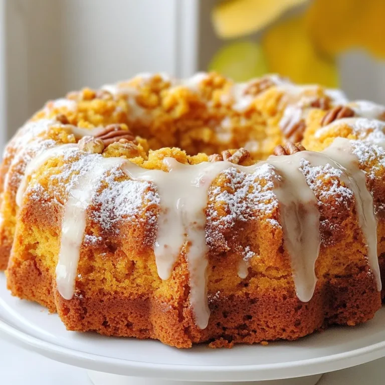 To make this delightful pumpkin spice coffee cake, you will need the following ingredients: - 1 ½ cups all-purpose flour - 1 teaspoon baking powder - ½ teaspoon baking soda - 1 teaspoon ground cinnamon - ½ teaspoon ground nutmeg - ½ teaspoon ground ginger - ¼ teaspoon ground cloves - ½ teaspoon salt - ½ cup unsalted butter, softened - 1 cup brown sugar, packed - 2 large eggs - 1 cup canned pumpkin puree - 1 teaspoon vanilla extract - ½ cup buttermilk - ½ cup chopped pecans or walnuts (optional) For those who want to elevate their coffee cake, I suggest these optional ingredients: - ½ cup chopped pecans or walnuts - 1 tablespoon sugar + ½ teaspoon cinnamon for topping These additions bring texture and flavor to your cake, making each bite even more special. You can easily swap certain ingredients if needed. Here are some ideas: - Use whole wheat flour for a nuttier taste. - Replace buttermilk with regular milk or yogurt mixed with a splash of vinegar. - If you don't have pumpkin puree, mashed bananas or applesauce work well. These substitutions can still yield a delicious cake while fitting your pantry's contents. {{ingredient_image_1}} First, you need to preheat your oven to 350°F (175°C). Grease a 9x9-inch baking pan or line it with parchment paper to keep the cake from sticking. This step helps your cake come out easily. Next, gather your dry ingredients. In a medium bowl, whisk together: - 1 ½ cups all-purpose flour - 1 teaspoon baking powder - ½ teaspoon baking soda - 1 teaspoon ground cinnamon - ½ teaspoon ground nutmeg - ½ teaspoon ground ginger - ¼ teaspoon ground cloves - ½ teaspoon salt Set this bowl aside. It’s important to mix these well for even flavor. In a large bowl, cream together: - ½ cup unsalted butter, softened - 1 cup brown sugar, packed Do this for about 3-4 minutes until it's light and fluffy. This step adds air to the mixture. Now, add in 2 large eggs, one at a time. Mix well after each egg. After that, stir in: - 1 cup canned pumpkin puree - 1 teaspoon vanilla extract Mix everything until it’s well combined. Now, take the dry ingredients you set aside. Gradually add them to the wet mix. Alternate this with: - ½ cup buttermilk Start and end with the flour mixture. This makes sure it mixes well without overdoing it. If you like nuts, fold in: - ½ cup chopped pecans or walnuts (optional) Pour the batter into your prepared baking pan. Spread it evenly with a spatula. For extra flavor, sprinkle a mix of: - 1 tablespoon sugar - ½ teaspoon cinnamon on top of the batter. Now, bake the cake in your preheated oven for 35-40 minutes. To check if it's done, insert a toothpick in the center. If it comes out clean, it’s ready. Let the cake cool in the pan for about 10 minutes. Then, transfer it to a wire rack to cool completely. Enjoy! To get the best texture, you should measure flour correctly. Use the spoon and level method. This means spooning flour into a measuring cup and leveling it off with a knife. Over-measuring can make the cake dry. Make sure your butter is softened. This helps it cream well with the sugar. Creaming adds air, making the cake light. Don't skip the buttermilk; it adds moisture and a nice tang. Use fresh spices for the best taste. Ground spices can lose their punch over time. If you can, grind whole spices right before use. You can also add a pinch of cocoa powder to deepen the flavor. A sprinkle of cinnamon and sugar on top before baking adds a sweet crust. You might try adding a splash of maple syrup or a dash of vanilla to the batter for extra depth. Use a 9x9-inch pan for even baking. Glass or metal pans work well. If you want a crunchy top, use a metal pan. For easy cleanup, line the pan with parchment paper. A hand mixer makes creaming easier and faster. If you have one, use a whisk for mixing dry ingredients. This adds air and ensures even distribution. A toothpick is your best friend for checking doneness. Insert it in the center; it should come out clean. Pro Tips Use Fresh Spices: For the best flavor, use fresh ground spices instead of pre-ground ones. This will enhance the aroma and taste of your coffee cake. Check for Doneness: To ensure your coffee cake is perfectly baked, insert a toothpick into the center. It should come out clean or with a few moist crumbs. Cool Before Serving: Allow the cake to cool completely before slicing. This helps the texture set and makes it easier to cut clean slices. Experiment with Toppings: Feel free to get creative with your toppings. Try adding a streusel topping or a drizzle of caramel for a delicious twist! {{image_2}} You can easily make this pumpkin spice coffee cake without nuts or dairy. For nut-free, skip the chopped pecans or walnuts. Instead, add more pumpkin puree for moisture. For a dairy-free option, replace the buttermilk with almond milk or soy milk. Use dairy-free butter or coconut oil in place of regular butter. This way, everyone can enjoy the cake without worry. Toppings can change the whole vibe of your coffee cake. Instead of nuts, try adding chocolate chips for a rich twist. Dried cranberries or raisins can bring a nice sweetness too. For a crunchy topping, sprinkle oats and brown sugar mixed with melted butter. This will give a delightful crispness on top of the soft cake. You can also try new flavors in this cake. Add cocoa powder to make a chocolate pumpkin spice cake. Mix in a cup of chocolate chips to create a rich and sweet treat. For a twist, add a dash of orange zest for a bright flavor. Each variation keeps the essence of pumpkin spice while offering something new and fun to taste. To keep your pumpkin spice coffee cake fresh, store it in an airtight container. This helps avoid drying out. You can place the cake at room temperature for up to three days. If you live in a warm area, store it in the fridge. Just remember, cold air can change the texture a bit. Freezing is a great option if you want to save some cake for later. First, let the cake cool completely. Wrap it tightly in plastic wrap. Then, put it in a freezer bag or airtight container. This helps keep the moisture in. You can freeze the cake for up to three months. When you’re ready to eat, just thaw it in the fridge overnight. To reheat your cake, you can use an oven or microwave. If you want that fresh-baked taste, use the oven. Preheat it to 350°F (175°C). Place the cake in for about 10 minutes. If you’re short on time, the microwave works too. Heat a slice for 20-30 seconds. Just be careful not to overheat it; you want it warm, not hot. Enjoying your pumpkin spice coffee cake warm brings out all those cozy flavors! To keep your cake moist, use the right ingredients. The butter and brown sugar mix adds richness. Adding buttermilk also helps keep moisture in. Don’t overmix the batter; mix until just combined. Baking it at the right temperature is key. If it bakes too long, it will dry out. Check the cake a few minutes before the time is up. Yes, you can use fresh pumpkin. Just make sure to cook it first. Cut the pumpkin, remove the seeds, and roast it until soft. Once cool, mash it until smooth. You can use this in place of canned pumpkin. The flavor may be a bit fresher, which is nice. Just ensure you measure it the same way as you would with canned. To check if your cake is ready, use a toothpick. Insert it into the center of the cake. If it comes out clean or with a few crumbs, it’s done. If it has wet batter on it, bake for a few more minutes. The top should look golden brown and slightly springy to the touch. In this blog post, we explored how to make a delicious pumpkin spice coffee cake. We covered key ingredients and options for flavor, plus step-by-step baking instructions. I shared tips for perfect texture and various tasty variations, including nut-free and dairy-free choices. Remember to store your cake properly for freshness. Enjoy your baking adventure! This cake is sure to please everyone who tastes it.