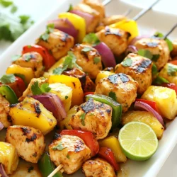 - Chicken breast and its preparation For these kabobs, use one pound of chicken breast. Cut the chicken into one-inch cubes. This size cooks evenly and helps soak up the marinade. - Fresh fruits and vegetables Freshness is key. You will need: - 1 cup of fresh pineapple, cut into one-inch chunks - 1 red bell pepper, cut into one-inch squares - 1 green bell pepper, cut into one-inch squares - 1 medium red onion, cut into wedges These fruits and veggies add sweetness and crunch. - Marinade components A flavorful marinade brings it all together. For the marinade, gather: - 3 tablespoons of olive oil - 2 tablespoons of soy sauce - 1 tablespoon of honey - 1 tablespoon of sriracha sauce (adjust to your spice level) - 2 cloves of minced garlic - Salt and pepper to taste Combine these ingredients to create a zesty mix. This marinade tenderizes the chicken and adds depth to the dish. {{ingredient_image_1}} Soaking skewers If you use wooden skewers, soak them in water for at least 30 minutes. This step keeps them from burning on the grill. Creating the marinade In a large bowl, mix 3 tablespoons of olive oil, 2 tablespoons of soy sauce, 1 tablespoon of honey, 1 tablespoon of sriracha sauce, 2 minced garlic cloves, salt, and pepper. Whisk this mixture until it is smooth and well combined. Marinating the chicken Add 1 pound of cubed chicken breast to the marinade. Toss the chicken until each piece is coated. Cover the bowl and place it in the fridge. Let the chicken marinate for at least 30 minutes. For extra flavor, marinate it for up to 2 hours. Assembling the kabobs After marinating, it's time to assemble the kabobs. Take your skewers and start threading the ingredients in a pattern. Order of ingredients on skewers On each skewer, alternate pieces of chicken, fresh pineapple chunks, red onion wedges, and both red and green bell pepper squares. This order looks great and adds flavor. Preheating the grill Heat your grill to medium-high. This ensures that the kabobs cook evenly and get nice grill marks. Cooking time and techniques Place the assembled kabobs on the grill. Cook them for about 10-15 minutes, turning occasionally. This helps them cook all the way through and gives them that smoky flavor. Checking for doneness The chicken should be completely cooked with no pink spots. You can cut a piece to check or use a meat thermometer. It should read 165°F to be safe to eat. Marinating the chicken is key for flavor. I suggest marinating for at least 30 minutes. For a deeper taste, let it sit for up to 2 hours. This allows the marinade to soak in fully. You can adjust the sriracha based on your spice level. If you prefer mild, use less. For more heat, add a bit more sriracha. Taste the marinade before adding it to the chicken. You can cook these kabobs in different ways. If you don't have a grill, use an oven or broiler. Preheat your oven to 400°F if using it. For grilling, make sure to oil the grates. This helps prevent sticking. You can also soak wooden skewers for 30 minutes before grilling. This keeps them from burning on the grill. Plating your kabobs nicely makes them look great. I like to serve them on a large platter. Arrange them in a colorful way. Add fresh cilantro or green onions on top. A slice of lime can add a pop of color. It also gives a nice tang when squeezed over the kabobs. Pro Tips Marinate Longer for Flavor: For a deeper flavor, marinate the chicken for up to 2 hours. The longer it marinates, the more it absorbs the spicy and sweet notes of the marinade. Cut Uniformly: Ensure all the chicken and vegetables are cut into uniform sizes to promote even cooking and consistent presentation on the skewers. Use Fresh Ingredients: Opt for fresh pineapple and colorful bell peppers to enhance the flavor and visual appeal of your kabobs. Rest Before Serving: Let the kabobs rest for a few minutes after grilling. This helps the juices redistribute, making the chicken more tender and juicy. {{image_2}} You can swap chicken for shrimp or tofu. Shrimp cooks fast and adds a nice flavor. Just marinate them like chicken. Tofu is great for a vegetarian option. Use firm tofu, cut into cubes. Marinate it well so it absorbs the flavors. Both options are tasty and fun! Try different marinades to change the taste. You can use teriyaki sauce for a sweeter touch. A spicy mango salsa adds a fruity kick. Don't forget to play with spices! Adding cumin or smoked paprika can make a big difference. Fresh herbs like cilantro or basil can brighten the dish too. Mix up the veggies on your kabobs! Zucchini or cherry tomatoes work great. Mushrooms add a nice earthiness. Broccoli florets can give a crunch. Use whatever veggies you love; it makes each kabob unique. Enjoy experimenting with colors and flavors! To keep your spicy Hawaiian chicken kabobs fresh, store leftovers properly. First, let them cool down. Then, place the kabobs in an airtight container. They will stay good in the fridge for about 3 to 4 days. If you want to save them longer, consider freezing. Wrap the kabobs tightly in plastic wrap and then in aluminum foil. This method helps prevent freezer burn. Frozen kabobs can last for up to 2 months. When you're ready to eat, just thaw them in the fridge overnight. Reheating kabobs can be simple and tasty. The best way to do this is in the oven. Preheat your oven to 350°F (175°C). Place the kabobs on a baking sheet. Cover them with foil to keep them moist. Heat for about 10 to 15 minutes. You can also use a microwave if you're in a hurry. Just place them on a microwave-safe plate. Heat in short bursts of 30 seconds, checking often. This helps keep the flavor and texture intact. Enjoy your kabobs as if they just came off the grill! Can I use frozen chicken? Yes, you can use frozen chicken. Just thaw it first. Make sure to cut it into 1-inch cubes. This helps the chicken cook evenly. Marinate the chicken as usual for the best flavor. What side dishes pair well with kabobs? Kabobs go great with many sides. Here are some tasty options: - Rice or quinoa - Grilled corn on the cob - A fresh salad - Coleslaw - Garlic bread These sides balance the spicy and sweet flavors of the kabobs. How can I make this recipe gluten-free? To make this recipe gluten-free, use tamari instead of soy sauce. Tamari is a gluten-free soy sauce. Double-check all other ingredients to ensure they are gluten-free. This way, everyone can enjoy your kabobs! In this blog post, we explored the tasty Spicy Hawaiian Chicken Kabobs. We covered essential ingredients, like chicken and fresh produce, and provided step-by-step instructions for preparation and grilling. You learned tips for flavor, alternative proteins, and how to store leftovers. Remember, with a few tweaks, you can make this dish your own. Enjoy the grilling and impress your family and friends with your kabob skills!