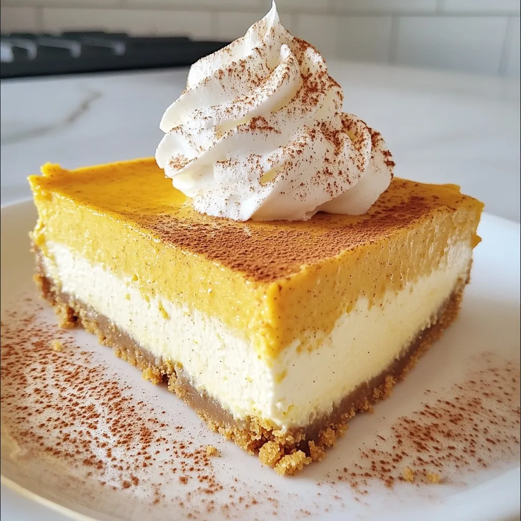 - 1 ½ cups graham cracker crumbs - ½ cup unsalted butter, melted - 2 tablespoons brown sugar - 4 (8-ounce) packages cream cheese, softened - 1 cup granulated sugar - 1 cup pure pumpkin puree - 3 large eggs - 1 teaspoon vanilla extract - 1 teaspoon ground cinnamon - ½ teaspoon ground nutmeg - ½ teaspoon ground ginger - 1 cup heavy whipping cream - ¼ cup powdered sugar - Whipped cream (for topping) - Ground cinnamon (for garnish) Every ingredient plays a key role in this dessert. The graham cracker crumbs form a sweet, crunchy base. I love using unsalted butter for the crust. It gives a rich flavor without adding too much salt. Brown sugar adds warmth and depth. Cream cheese is the star of this cheesecake. It gives a smooth and creamy texture. Granulated sugar balances the flavors nicely. Pure pumpkin puree brings that lovely fall taste. The eggs help bind everything together. Vanilla extract adds a sweet note. The spices bring warmth and make this cheesecake feel cozy. Heavy whipping cream is used for a light topping. Powdered sugar helps sweeten the cream easily. Finally, whipped cream on top is a must. A sprinkle of ground cinnamon makes it pretty and tasty. These ingredients come together to create a delicious treat that is perfect for fall or any time of year. {{ingredient_image_1}} 1. Preheat the oven to 325°F (163°C). This helps the cheesecake bake evenly. 2. Prepare the springform pan by greasing it well. Wrap aluminum foil around the outside to keep water out. 3. In a bowl, combine 1 ½ cups graham cracker crumbs, ½ cup melted unsalted butter, and 2 tablespoons brown sugar. Mix until it looks like wet sand. 4. Press this mixture firmly into the bottom of the springform pan. Make sure it is even. 5. Bake the crust for 10 minutes. Then, take it out and let it cool. 1. In a large bowl, beat 4 packages of softened cream cheese and 1 cup of granulated sugar until it is smooth, about 2-3 minutes. 2. Add 1 cup of pure pumpkin puree, 3 large eggs (one at a time), 1 teaspoon of vanilla extract, 1 teaspoon ground cinnamon, ½ teaspoon ground nutmeg, and ½ teaspoon ground ginger. 3. Mix until everything is well combined and smooth. Scrape the sides of the bowl as needed. 1. Pour the cheesecake filling over the cooled crust. Use a spatula to smooth the top. 2. Place a larger, shallow pan on the oven rack beneath the cheesecake pan. Fill it with hot water. This creates a water bath to help prevent cracks. 3. Bake in the oven for 55-65 minutes. The edges should be firm, while the center should jiggle slightly. 4. Turn off the oven and crack the door open a little. Let the cheesecake cool in the oven for 1 hour. 5. Remove the cheesecake from the oven. Let it cool completely at room temperature. Then, refrigerate it for at least 4 hours or overnight. - Overmixing the cheesecake mixture: Mixing too much makes the cheesecake dense. Beat just until smooth. - Not using a water bath: A water bath keeps the cheesecake moist. It helps prevent cracks on the top. - How to properly slice cheesecake: Use a hot, dry knife. Wipe the knife clean between slices for neat edges. - Creative garnish ideas: Top with whipped cream and a sprinkle of cinnamon. Add chocolate shavings or caramel drizzle for extra flair. - Springform pan: This pan allows easy removal of the cheesecake. - Mixing bowls: Use sturdy bowls for mixing the ingredients. - Electric mixer or whisk: An electric mixer saves time. A whisk works too but requires more effort. Pro Tips Chill for Best Flavor: Allow the cheesecake to chill overnight for the best flavor and texture; the longer it sits, the more the flavors meld together. Use Room Temperature Ingredients: Ensure all your ingredients, especially cream cheese and eggs, are at room temperature for a smoother batter and better incorporation. Prevent Cracking: Adding a water bath helps maintain moisture in the oven, reducing the chance of cracks on the cheesecake surface. Decorate with Seasonal Touches: Enhance the presentation by topping with caramel drizzle or chocolate shavings for a festive look that complements the flavor. {{image_2}} You can easily change the flavor of your Pumpkin Spice Latte Cheesecake. A simple way is to add a chocolate or caramel drizzle on top. Melted chocolate adds a rich taste, while caramel gives a sweet touch. You can also try using different spices. Allspice adds a warm flavor that fits well with pumpkin. Mix in a pinch for a fun twist! If you want to switch up the crust, think about using chocolate cookie crumbs. It adds a rich and sweet layer. You can also make a gluten-free crust. Use gluten-free graham crackers or almond flour. Both options create a tasty base for your cheesecake. For those who want a dairy-free or vegan version, swap cream cheese for vegan cream cheese. This keeps the creamy texture without dairy. You can also replace heavy cream with coconut cream. It adds a light coconut flavor while still being rich and smooth. These changes let everyone enjoy this cheesecake! To keep your Pumpkin Spice Latte Cheesecake fresh, follow these steps: - Refrigerate: Place slices in an airtight container. This helps prevent drying. - Wrap: If you don’t have a container, wrap the cheesecake tightly in plastic wrap. - Use parchment paper: Place a piece of parchment between layers if you stack slices. - Freezing: Yes, you can freeze the cheesecake! Wrap it well in plastic, then foil. In the fridge, your cheesecake lasts about 5 to 7 days if stored correctly. Always check for signs of spoilage: - Smell: If it smells sour or off, it’s best to discard it. - Texture: Look for any mold or unusual changes in texture. - Taste: If it tastes strange, do not eat it. Better safe than sorry! You can use mascarpone or ricotta cheese. Both have a creamy texture. They add a unique flavor. You may need to adjust sugar levels. Experiment with your preferred option. Yes, you can use egg substitutes. Silken tofu or unsweetened applesauce works well. Each substitute changes texture slightly. The cheesecake may not rise as much, but it will still be tasty. Use a water bath while baking. This keeps the heat gentle and moist. Also, avoid overmixing the batter. Bake until the edges are firm but the center is slightly jiggly. Absolutely! You can make this cheesecake up to two days ahead. Just store it in the fridge. This helps the flavors develop and improves texture. While not strictly necessary, a water bath is highly recommended. It helps prevent cracks and keeps the cheesecake creamy. If you skip it, watch the baking time closely. This blog post covered how to make a delicious Pumpkin Spice Latte Cheesecake. We discussed key ingredients, step-by-step instructions, and tips for success. I shared helpful variations, storage advice, and answers to common questions. In the end, this cheesecake is not just a treat; it’s a chance to impress. Try it for your next gathering or cozy evening in. Enjoy the blend of flavors and the joy of baking!