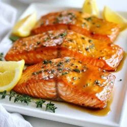 - 4 salmon fillets (6 ounces each) - 1/4 cup pure maple syrup - 2 tablespoons Dijon mustard - 1 tablespoon olive oil - 2 garlic cloves, minced - 1 teaspoon fresh thyme leaves (or 1/2 teaspoon dried thyme) - Salt and pepper to taste - Lemon wedges for serving For this Maple Dijon Glazed Salmon, we need fresh and simple ingredients. The salmon fillets are the star of the dish. I prefer using wild-caught salmon, as it has rich flavor and good texture. The maple syrup brings a sweet touch. Choose pure maple syrup, not imitation. Dijon mustard adds a tangy kick that perfectly balances the sweetness. Olive oil helps the glaze stick to the fish. Fresh garlic brings a strong taste that pairs well with the other flavors. Thyme adds a nice earthy note. You can use fresh thyme for the best taste. Don't forget salt and pepper; they enhance every bite. Finally, serve your salmon with lemon wedges. The bright citrus flavor adds a fresh finish. Having these ingredients ready makes the cooking process smooth and fun. Enjoy the vibrant flavors in every mouthful! {{ingredient_image_1}} - Preheat your oven to 375°F (190°C). - Line a baking sheet with parchment paper. Start by getting your oven nice and hot. This helps the salmon cook evenly. The parchment paper keeps the fish from sticking. It also makes cleanup easier. - Whisk together maple syrup, Dijon mustard, olive oil, garlic, thyme, salt, and pepper. In a bowl, mix the maple syrup and Dijon mustard. Then add olive oil, minced garlic, thyme, salt, and pepper. Whisk it all together until smooth. This glaze adds a sweet and tangy flavor that makes the salmon shine. - Arrange salmon fillets on the baking sheet. - Apply the glaze and bake. Place the salmon fillets on the prepared baking sheet, skin-side down. Pour the glaze over the top. Make sure each piece is well coated. Bake it in the oven for 12 to 15 minutes. The salmon is done when it flakes easily with a fork. - Broil for caramelization and let rest. For a nice caramelized top, switch on the broiler for the last 2 to 3 minutes. Watch closely to avoid burning. Once done, take it out and let it rest for a couple of minutes. This helps keep the fish juicy. Serve with lemon wedges for a fresh twist. To cook salmon perfectly, aim for an internal temperature of 145°F (63°C). This ensures the fish is safe to eat and still moist. You can check the temperature with a food thermometer. Signs that salmon is perfectly cooked include the flesh turning a light pink and flaking easily with a fork. If it looks opaque and separates easily, it’s ready to enjoy. Feel free to adjust the sweetness and tanginess of your glaze. If you want it sweeter, add more maple syrup. For extra tang, increase the Dijon mustard. You can also switch up the herbs. Try dill or parsley for a fresh twist. Thyme adds a nice flavor, but don’t be afraid to experiment! For side dishes, pair your salmon with roasted veggies or a light salad. Rice or quinoa also makes a great base. When serving, arrange the salmon on a nice plate. Add lemon wedges for a pop of color and a zesty kick. A sprinkle of fresh herbs on top can elevate the dish, making it look as good as it tastes! Pro Tips Fresh Ingredients: Always use fresh salmon for the best flavor and texture. Frozen salmon can be a good alternative, but make sure to thaw it properly before cooking. Marinating Time: For an even deeper flavor, consider marinating the salmon in the maple Dijon glaze for 30 minutes to 1 hour in the fridge before baking. Oven Accuracy: Ovens can vary in temperature. Use a meat thermometer to check that the internal temperature of the salmon reaches 145°F (63°C) for perfect doneness. Serving Suggestions: Pair the salmon with roasted vegetables or a fresh salad to complement the rich flavors of the glaze. {{image_2}} When choosing salmon, you can pick between sockeye and Atlantic salmon. Sockeye salmon has a deep red color and a rich flavor. It’s very tasty and great for this recipe. Atlantic salmon is milder and often found in stores. Both types work well. You can also use salmon steaks instead of fillets. Salmon steaks have bones, but they are thick and juicy. They add a nice touch to your meal. Adjust your cooking time to ensure they cook well. A steak may need a bit longer to bake. You can change the flavors of your glaze easily. Try adding spices like paprika or cayenne for a kick. You can also mix in herbs like rosemary or dill. Each addition will give a unique twist to the dish. Switching to a different type of mustard can change the taste, too. Spicy brown mustard adds heat, while honey mustard gives sweetness. Experiment with what you like best. You can grill or bake your salmon. Grilling gives a nice smoky flavor. To grill, preheat your grill to medium-high. Cook for about 5-7 minutes on each side. For pan-searing, heat a non-stick skillet over medium heat. Add olive oil and place the salmon skin-side down. Cook for about 4-5 minutes until golden brown. Flip and cook for another 3-4 minutes. This method gives a delicious crust. Feel free to try these methods to find your favorite! To keep your Maple Dijon Glazed Salmon fresh, follow these steps: - Refrigeration instructions: Allow the salmon to cool completely. Place it in an airtight container. Store in the fridge for up to three days. - How to properly store leftovers: If you have extra glaze, store it in a separate container. This keeps your salmon from getting too soggy. Reheating your salmon properly is key to keeping it tasty. Here are my best methods: - Best methods to reheat salmon: Use the oven for even heating. Set it to 275°F (135°C). Put the salmon in a baking dish. Cover with foil and heat for about 15 minutes. - Avoiding drying out the fish: Add a splash of water or broth to the dish. This adds moisture and helps keep the salmon tender. If you don't have maple syrup, you can try honey or agave nectar. Both add sweetness. Another option is brown sugar mixed with water. This gives a similar flavor. You can also use cane sugar, but it might change the taste a bit. To check if the salmon is done, look for its color. It should be opaque and light pink. Use a fork to test it. If the fish flakes easily, it's ready. The internal temperature should reach 145°F (63°C). Trust your senses, and you'll be fine! Yes, you can make the glaze ahead of time. Just mix all the ingredients and store it in the fridge. It stays fresh for up to three days. Before using, give it a good stir. If it thickens, add a little water to loosen it up. You can serve this salmon with many sides. Try roasted vegetables like asparagus or Brussels sprouts. Rice is also a great option, especially wild rice. Mashed potatoes or a fresh salad work well too. These sides complete the meal and add color to your plate. This recipe shows how to make delicious Maple Dijon Glazed Salmon. We covered key ingredients, step-by-step cooking, and tips for perfecting it. Remember to check the salmon’s internal temperature for doneness. You can even adjust the glaze or try different salmon types. With these tips, you can serve a tasty meal that impresses. Enjoy your cooking adventures and the joy of great flavors!