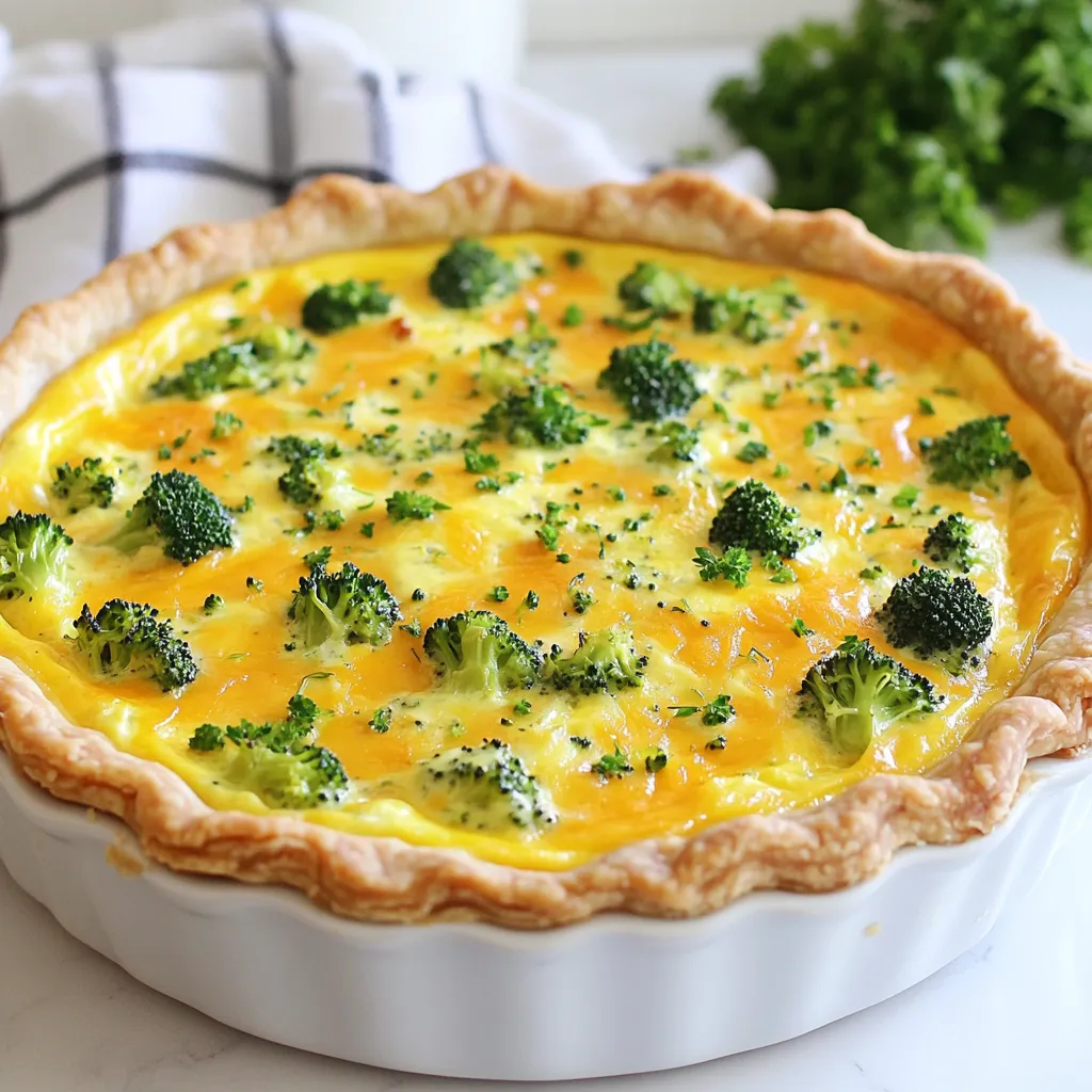 To make a tasty Creamy Broccoli Cheddar Quiche, gather these simple ingredients: - 1 pre-made pie crust (9-inch) - 2 cups broccoli florets (fresh or frozen) - 1 cup sharp cheddar cheese, shredded - 4 large eggs - 1 cup heavy cream - 1/2 cup milk - 1/2 teaspoon garlic powder - 1/2 teaspoon onion powder - Salt and pepper to taste - 1 tablespoon olive oil - Optional: Fresh parsley or chives for garnish If you need to swap ingredients, here are some great options: - Use a homemade pie crust or a gluten-free crust. - Swap the sharp cheddar for mild or pepper jack cheese. - Replace heavy cream with half-and-half for a lighter quiche. - You can use almond, soy, or oat milk instead of regular milk. - Fresh garlic can replace garlic powder if you prefer more flavor. Choosing fresh broccoli is key for this quiche. Here’s what to look for: - Pick bright green florets with tight buds. - Avoid any yellowing or wilting. - Stems should be firm and not too woody. - If you can, smell the broccoli. It should have a fresh, earthy scent. - Store broccoli in the fridge and use it within a few days for the best taste. Fresh ingredients make a big difference in flavor. Enjoy cooking! {{ingredient_image_1}} Start by boiling water in a medium saucepan. Once it boils, add 2 cups of broccoli florets. Blanch them for 2-3 minutes until they turn bright green. This step keeps the broccoli crisp and vibrant. After blanching, drain the broccoli and put it in an ice bath to stop cooking. When it's cool, chop the florets into smaller pieces. These little bits will mix well in the quiche. In a large bowl, whisk together 4 eggs, 1 cup of heavy cream, and 1/2 cup of milk. Add 1/2 teaspoon of garlic powder and 1/2 teaspoon of onion powder for flavor. Sprinkle in salt and pepper to taste. Mix until everything is well combined. Now, stir in the sautéed broccoli and 1 cup of sharp cheddar cheese. Make sure to distribute the cheese and broccoli evenly throughout the egg mixture. Pour the egg and broccoli mix into a 9-inch pre-made pie crust. Spread it out to ensure even baking. Place the quiche in your preheated oven at 375°F (190°C). Bake for 35-40 minutes. The edges should set, and the center will be slightly jiggly but not liquid. You want the top to be a golden brown. After baking, let the quiche cool for 10-15 minutes. This helps the filling set up nicely. Now, it’s ready to slice and serve! To get that creamy texture in your quiche, use heavy cream and milk. The mix of these two gives a rich taste. Whisk them well with the eggs. This helps blend all the flavors. For extra creaminess, add a little more cheese. Sharp cheddar melts nicely and adds flavor. Browning the top of the quiche makes it look great. To do this, bake it until the edges set and the center is a bit jiggly. This usually takes about 35-40 minutes. If the top is not golden yet, set it under the broiler for a few minutes. Keep an eye on it so it doesn’t burn. Pair your quiche with a fresh salad or some fruit. A light green salad adds crunch and balances the rich quiche. You can also serve it with a dollop of sour cream or a tangy sauce. This adds zest and makes every bite exciting. Enjoy it warm or at room temperature for brunch. Pro Tips Blanching Broccoli: Blanching the broccoli before sautéing locks in its bright color and nutrients. This quick process helps maintain the broccoli's vibrant green hue and enhances the overall flavor. Cheese Selection: Using a sharp cheddar cheese elevates the taste of your quiche. It adds a rich, tangy flavor that complements the creaminess of the filling beautifully. Let it Rest: Allowing the quiche to cool for 10-15 minutes after baking helps the filling set properly. This step ensures cleaner slices and a better texture when serving. Customize Your Greens: Feel free to add other vegetables such as spinach or bell peppers for added flavor and nutrition. This quiche is versatile and can be tailored to your taste! {{image_2}} You can change the flavor of your quiche by using different cheeses. Try mozzarella for a milder taste. Feta adds a nice salty kick. For a richer flavor, use gouda or gruyere. Mixing cheeses can create a unique taste that you will love. Just remember to keep the total cheese amount the same for the best results. While broccoli shines in this quiche, you can swap it out for other veggies. Spinach offers a soft texture and bright color. Bell peppers add crunch and sweetness. Zucchini is another great choice. Just make sure to remove excess moisture from these veggies. This keeps your quiche from getting soggy. If you need a gluten-free quiche, use a gluten-free crust. Many grocery stores sell these now. You can also make a crustless version. Just pour the filling directly into a greased pie dish. This option is easy and cuts down on prep time. Enjoy your delicious quiche without worry! To keep your leftover quiche fresh, let it cool first. Wrap it tightly in plastic wrap or place it in an airtight container. This helps keep moisture in and prevents it from drying out. Store your quiche in the fridge for up to 3 days. When you're ready to enjoy your quiche again, preheat your oven to 350°F (175°C). Place the quiche on a baking sheet. Cover it with foil to keep it from burning. Heat for about 15-20 minutes. This way, it warms up evenly. You can also use a microwave. Place a slice on a microwave-safe plate and heat for 1-2 minutes. If you want to save quiche for later, freezing is a great option. Wrap slices tightly in plastic wrap, then place them in a freezer bag. Try to remove as much air as possible. You can freeze quiche for up to 2 months. When ready to eat, thaw it in the fridge overnight before reheating. Broccoli Cheddar Quiche can last for about 3 to 4 days in the fridge. Make sure to store it in an airtight container. If you keep it at room temperature, it won’t last longer than 2 hours. I always recommend checking for signs of spoilage before eating any leftovers. Yes, you can make quiche in advance! You can bake it a day or two before your brunch. Just let it cool, wrap it well, and store it in the fridge. When ready to serve, reheat it in the oven at 350°F for about 15-20 minutes. This makes brunch stress-free and fun! You can serve your quiche with a fresh salad, fruit, or breakfast potatoes. A light green salad with a simple vinaigrette pairs well. For a sweeter option, fresh berries or a fruit salad adds a nice touch. You can also serve it with a side of yogurt for a creamy contrast. Enjoy mixing and matching! To sum up, we explored how to make a delicious broccoli cheddar quiche. We covered essential ingredients and substitutions, shared tips for fresh broccoli, and detailed step-by-step prep and baking. I offered tips for creamy texture and browning the quiche. You can add variations, store leftovers properly, and serve with tasty sides. Embrace this recipe for a simple yet delightful meal your family will love. Enjoy your cooking and savor every bite!