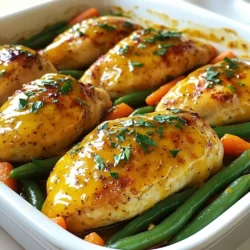 - 4 boneless, skinless chicken breasts - 1/2 cup honey - 1/4 cup Dijon mustard - 2 tablespoons apple cider vinegar - 1 teaspoon garlic powder - 1 teaspoon onion powder - Salt and pepper to taste The main ingredients make this dish shine. The chicken breasts are the star. They cook well and stay juicy. Honey adds sweetness, while Dijon mustard gives a tangy kick. Apple cider vinegar brightens the flavor. Garlic and onion powder enhance the taste. Salt and pepper round it all out. - 1 cup fresh green beans, trimmed - 1 cup baby carrots, peeled Fresh green beans and baby carrots bring color and crunch. They soak up the honey mustard flavor during baking. The green beans stay crisp, while the carrots become tender. Both are healthy choices that pair well with chicken. - 1 tablespoon olive oil - Fresh parsley, chopped for garnish Olive oil helps the veggies cook nicely. It adds a bit of richness to the dish. Fresh parsley is a lovely touch. It adds a bright color and fresh flavor. A sprinkle of parsley makes your dish look fancy and appetizing. {{ingredient_image_1}} Preheating the oven First, turn your oven to 375°F (190°C). This step is key for even cooking. A hot oven helps the chicken cook through and stay juicy. Preparing the marinade In a bowl, mix together the honey, Dijon mustard, apple cider vinegar, garlic powder, onion powder, salt, and pepper. Stir until smooth. This marinade gives the chicken a sweet and tangy flavor. It is the heart of this dish. Coating the chicken Place the chicken breasts in a baking dish. Pour half of the honey mustard mixture over the chicken. Make sure each piece is coated well. This will help lock in flavor and moisture. Adding vegetables and final marinade In another bowl, toss the green beans and baby carrots with olive oil, salt, and pepper. Arrange these veggies around the chicken in the baking dish. Pour the rest of the honey mustard mixture over everything. This adds even more flavor to the vegetables. Covering and cooking time Cover the baking dish with aluminum foil. This keeps the moisture in while baking. Bake in the preheated oven for 25 minutes. Checking for doneness After 25 minutes, remove the foil. Bake for another 15 minutes. The chicken is done when it reaches an internal temperature of 165°F (75°C). This ensures the chicken is safe to eat. Let the dish rest for 5 minutes before serving. This helps the juices settle. Choosing the right marinating time For the best flavor, marinate your chicken for at least 30 minutes. If you have more time, try to marinate for up to 2 hours. This helps the honey and mustard soak into the meat. Ensuring even coating of chicken To coat the chicken evenly, I recommend using a shallow dish. Pour half the marinade over the chicken, then flip each piece. This way, every side gets the sweet and tangy taste. How to achieve the perfect bake Bake your chicken at 375°F (190°C). This temperature cooks the chicken evenly and keeps it juicy. After 25 minutes, remove the foil. This helps the chicken brown nicely. Experimenting with cooking times Cooking time can vary with chicken size. Always check the thickest part of the breast. It should reach 165°F (75°C) to be safe to eat. If your chicken is thicker, add a few extra minutes. Ideal side dishes Serve your Honey Mustard Chicken with fresh green beans and baby carrots. They add color and crunch to your plate. You can also try rice or mashed potatoes for a hearty meal. Pairing with sauces or dressings A light drizzle of extra honey mustard sauce can enhance the dish. You can also serve it with a side of ranch or a tangy vinaigrette. These options add a nice contrast to the dish. Pro Tips Marinate Longer: For deeper flavor, marinate the chicken for at least 1 hour, or overnight in the refrigerator if time allows. Vegetable Variety: Feel free to add other vegetables such as bell peppers or zucchini for more color and nutrition. Check Chicken Temperature: Use a meat thermometer to ensure the chicken reaches an internal temperature of 165°F (75°C) for safe consumption. Resting Time: Let the chicken rest for 5-10 minutes after baking; this helps retain its juices for a more tender bite. {{image_2}} You can switch Dijon mustard for other types. Try yellow mustard for a milder taste. If you want a spicy kick, go for whole grain mustard. You can also use honey mustard dressing if that’s what you have. For the veggies, feel free to mix it up. Use broccoli or bell peppers instead of green beans. Zucchini or squash can also add a nice touch. Choose what you enjoy or have on hand. To boost flavor, add spices or herbs. Smoked paprika gives a nice warmth. You can also sprinkle in thyme or rosemary for a fresh taste. Garlic powder works well, but fresh garlic packs a punch too. You can change the sweetener if you like. Maple syrup or agave nectar can replace honey. They both bring a unique flavor. Just keep the balance in mind when mixing sweet and savory. You can adapt this recipe for grilling too. Marinate the chicken as usual, then grill it over medium heat. Check often to avoid burning. This gives a nice smoky flavor. Baking keeps the chicken juicy. It also makes for easy cleanup. Grilling adds char and crispness. Both methods are tasty, so pick what you enjoy most. After you enjoy your Honey Mustard Chicken Bake, store any leftovers right away. Place the chicken and veggies in a container. I suggest using an airtight container for the best results. This keeps the dish fresh and tasty. You can store it in the fridge for up to three days. If you want to save some for later, freezing is a great option. First, let the dish cool completely. Then, wrap it tightly in plastic wrap. Place it in a freezer-safe bag or container. This will help prevent freezer burn. To thaw, move it to the fridge the night before you want to eat it. Reheat it in the oven at 350°F (175°C) until hot. You can also use the microwave, but the oven gives better results. In the fridge, your Honey Mustard Chicken Bake lasts about three days. When frozen, it can stay good for up to three months. Always check for signs of spoilage before eating. Look for a strange smell or changes in color. If it looks or smells off, it's best to toss it out. You should bake Honey Mustard Chicken for about 40 minutes total. If your chicken breasts are thick, add a few more minutes. A good rule is 25 minutes covered with foil and 15 minutes uncovered. Always check the chicken's internal temperature; it should reach 165°F (75°C) for safety. This ensures the chicken stays juicy and tender. Yes, you can use chicken thighs! They are more moist and flavorful. Adjust the cooking time slightly, as thighs may need a few extra minutes. Always check for that 165°F (75°C) mark. Bone-in thighs can take longer, so keep an eye on them. Enjoy the rich taste; it's a great option for this dish. Many sides go well with Honey Mustard Chicken. Here are some great ideas: - Steamed rice - Mashed potatoes - Quinoa - Roasted vegetables - Green salad - Garlic bread These sides balance the sweet and tangy flavors. They also add color and nutrition to your meal. Enjoy mixing and matching! This blog post covered a simple and tasty honey mustard chicken recipe. You learned about the key ingredients like chicken, honey, and green beans. We walked through preparation steps, baking instructions, and easy tips for the best results. I shared how to customize the dish and store leftovers too. In the end, this recipe is flexible and perfect for any meal. Enjoy cooking and sharing this delicious dish!