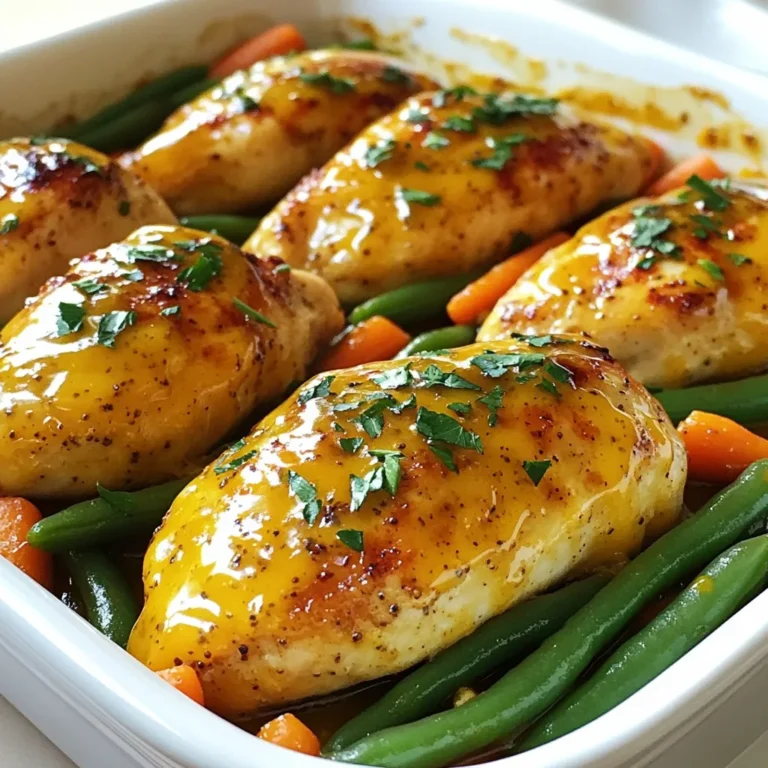 - 4 boneless, skinless chicken breasts - 1/2 cup honey - 1/4 cup Dijon mustard - 2 tablespoons apple cider vinegar - 1 teaspoon garlic powder - 1 teaspoon onion powder - Salt and pepper to taste The main ingredients make this dish shine. The chicken breasts are the star. They cook well and stay juicy. Honey adds sweetness, while Dijon mustard gives a tangy kick. Apple cider vinegar brightens the flavor. Garlic and onion powder enhance the taste. Salt and pepper round it all out. - 1 cup fresh green beans, trimmed - 1 cup baby carrots, peeled Fresh green beans and baby carrots bring color and crunch. They soak up the honey mustard flavor during baking. The green beans stay crisp, while the carrots become tender. Both are healthy choices that pair well with chicken. - 1 tablespoon olive oil - Fresh parsley, chopped for garnish Olive oil helps the veggies cook nicely. It adds a bit of richness to the dish. Fresh parsley is a lovely touch. It adds a bright color and fresh flavor. A sprinkle of parsley makes your dish look fancy and appetizing. {{ingredient_image_1}} Preheating the oven First, turn your oven to 375°F (190°C). This step is key for even cooking. A hot oven helps the chicken cook through and stay juicy. Preparing the marinade In a bowl, mix together the honey, Dijon mustard, apple cider vinegar, garlic powder, onion powder, salt, and pepper. Stir until smooth. This marinade gives the chicken a sweet and tangy flavor. It is the heart of this dish. Coating the chicken Place the chicken breasts in a baking dish. Pour half of the honey mustard mixture over the chicken. Make sure each piece is coated well. This will help lock in flavor and moisture. Adding vegetables and final marinade In another bowl, toss the green beans and baby carrots with olive oil, salt, and pepper. Arrange these veggies around the chicken in the baking dish. Pour the rest of the honey mustard mixture over everything. This adds even more flavor to the vegetables. Covering and cooking time Cover the baking dish with aluminum foil. This keeps the moisture in while baking. Bake in the preheated oven for 25 minutes. Checking for doneness After 25 minutes, remove the foil. Bake for another 15 minutes. The chicken is done when it reaches an internal temperature of 165°F (75°C). This ensures the chicken is safe to eat. Let the dish rest for 5 minutes before serving. This helps the juices settle. Choosing the right marinating time For the best flavor, marinate your chicken for at least 30 minutes. If you have more time, try to marinate for up to 2 hours. This helps the honey and mustard soak into the meat. Ensuring even coating of chicken To coat the chicken evenly, I recommend using a shallow dish. Pour half the marinade over the chicken, then flip each piece. This way, every side gets the sweet and tangy taste. How to achieve the perfect bake Bake your chicken at 375°F (190°C). This temperature cooks the chicken evenly and keeps it juicy. After 25 minutes, remove the foil. This helps the chicken brown nicely. Experimenting with cooking times Cooking time can vary with chicken size. Always check the thickest part of the breast. It should reach 165°F (75°C) to be safe to eat. If your chicken is thicker, add a few extra minutes. Ideal side dishes Serve your Honey Mustard Chicken with fresh green beans and baby carrots. They add color and crunch to your plate. You can also try rice or mashed potatoes for a hearty meal. Pairing with sauces or dressings A light drizzle of extra honey mustard sauce can enhance the dish. You can also serve it with a side of ranch or a tangy vinaigrette. These options add a nice contrast to the dish. Pro Tips Marinate Longer: For deeper flavor, marinate the chicken for at least 1 hour, or overnight in the refrigerator if time allows. Vegetable Variety: Feel free to add other vegetables such as bell peppers or zucchini for more color and nutrition. Check Chicken Temperature: Use a meat thermometer to ensure the chicken reaches an internal temperature of 165°F (75°C) for safe consumption. Resting Time: Let the chicken rest for 5-10 minutes after baking; this helps retain its juices for a more tender bite. {{image_2}} You can switch Dijon mustard for other types. Try yellow mustard for a milder taste. If you want a spicy kick, go for whole grain mustard. You can also use honey mustard dressing if that’s what you have. For the veggies, feel free to mix it up. Use broccoli or bell peppers instead of green beans. Zucchini or squash can also add a nice touch. Choose what you enjoy or have on hand. To boost flavor, add spices or herbs. Smoked paprika gives a nice warmth. You can also sprinkle in thyme or rosemary for a fresh taste. Garlic powder works well, but fresh garlic packs a punch too. You can change the sweetener if you like. Maple syrup or agave nectar can replace honey. They both bring a unique flavor. Just keep the balance in mind when mixing sweet and savory. You can adapt this recipe for grilling too. Marinate the chicken as usual, then grill it over medium heat. Check often to avoid burning. This gives a nice smoky flavor. Baking keeps the chicken juicy. It also makes for easy cleanup. Grilling adds char and crispness. Both methods are tasty, so pick what you enjoy most. After you enjoy your Honey Mustard Chicken Bake, store any leftovers right away. Place the chicken and veggies in a container. I suggest using an airtight container for the best results. This keeps the dish fresh and tasty. You can store it in the fridge for up to three days. If you want to save some for later, freezing is a great option. First, let the dish cool completely. Then, wrap it tightly in plastic wrap. Place it in a freezer-safe bag or container. This will help prevent freezer burn. To thaw, move it to the fridge the night before you want to eat it. Reheat it in the oven at 350°F (175°C) until hot. You can also use the microwave, but the oven gives better results. In the fridge, your Honey Mustard Chicken Bake lasts about three days. When frozen, it can stay good for up to three months. Always check for signs of spoilage before eating. Look for a strange smell or changes in color. If it looks or smells off, it's best to toss it out. You should bake Honey Mustard Chicken for about 40 minutes total. If your chicken breasts are thick, add a few more minutes. A good rule is 25 minutes covered with foil and 15 minutes uncovered. Always check the chicken's internal temperature; it should reach 165°F (75°C) for safety. This ensures the chicken stays juicy and tender. Yes, you can use chicken thighs! They are more moist and flavorful. Adjust the cooking time slightly, as thighs may need a few extra minutes. Always check for that 165°F (75°C) mark. Bone-in thighs can take longer, so keep an eye on them. Enjoy the rich taste; it's a great option for this dish. Many sides go well with Honey Mustard Chicken. Here are some great ideas: - Steamed rice - Mashed potatoes - Quinoa - Roasted vegetables - Green salad - Garlic bread These sides balance the sweet and tangy flavors. They also add color and nutrition to your meal. Enjoy mixing and matching! This blog post covered a simple and tasty honey mustard chicken recipe. You learned about the key ingredients like chicken, honey, and green beans. We walked through preparation steps, baking instructions, and easy tips for the best results. I shared how to customize the dish and store leftovers too. In the end, this recipe is flexible and perfect for any meal. Enjoy cooking and sharing this delicious dish!