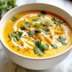 To make Coconut Curry Butternut Soup, gather these items: - 1 medium butternut squash, peeled and cubed - 1 can (400ml) coconut milk - 2 tablespoons red curry paste - 1 onion, diced - 3 garlic cloves, minced - 1-inch piece of ginger, grated - 4 cups vegetable broth - 1 tablespoon olive oil - 1 tablespoon lime juice - Salt and pepper to taste - Fresh cilantro for garnish (optional) If you need to swap some ingredients, here are a few ideas: - Use sweet potatoes instead of butternut squash for a different flavor. - Coconut cream works well in place of coconut milk for a thicker soup. - You can use yellow curry paste if red is not available. - For a milder taste, use less red curry paste. - Any onion type works, but yellow or white onions are best. - If you don't have fresh ginger, ground ginger can be a substitute. Choosing fresh ingredients makes a big difference in flavor. Here are some tips: - Look for butternut squash that feels heavy for its size. - The skin should be firm with no soft spots or blemishes. - Choose onions that are dry and have no sprouts. - Garlic should be firm and not sprouted. - Fresh ginger should feel smooth and firm, not wrinkly. - Always check for the freshness of herbs like cilantro; they should be bright green and crisp. {{ingredient_image_1}} To start, gather all your ingredients. You will need: - 1 medium butternut squash, peeled and cubed - 1 can (400ml) coconut milk - 2 tablespoons red curry paste - 1 onion, diced - 3 garlic cloves, minced - 1-inch piece of ginger, grated - 4 cups vegetable broth - 1 tablespoon olive oil - 1 tablespoon lime juice - Salt and pepper to taste - Fresh cilantro for garnish (optional) Chop the squash and onion into small pieces. Mince the garlic and grate the ginger. This prep makes cooking faster and easier. In a large pot, heat the olive oil on medium heat. Add the diced onion. Cook it until it is soft and clear, about 5 minutes. Next, stir in the garlic and ginger. Cook for 1-2 minutes until you smell their scent. Now, add the cubed butternut squash. Mix in the red curry paste. Stir well to coat the squash with the paste. Cook this mixture for 2-3 minutes to bring out the flavors. Pour in the vegetable broth. Bring the soup to a boil. Once it boils, lower the heat and let it simmer for 15-20 minutes. Check if the squash is tender by poking it with a fork. When the squash is tender, take the pot off the heat. Use an immersion blender to blend the soup until it is smooth. If you do not have an immersion blender, carefully blend it in batches using a regular blender. After blending, return the soup to the pot. Stir in the coconut milk and lime juice. Heat it gently on low. Season with salt and pepper to your taste. Serve warm, and add fresh cilantro on top if you like. Enjoy your delicious Coconut Curry Butternut Soup! To make your Coconut Curry Butternut Soup shine, focus on balancing flavors. Start by cooking the onion until it turns soft and sweet. This builds a strong base. Next, don't rush the garlic and ginger; let them cook until fragrant. It adds depth. Use a good quality red curry paste. A fresh, flavorful paste gives the soup a rich taste. Adjust the salt and pepper at the end for the best flavor. A splash of lime juice adds brightness. Garnishes can elevate your soup. Fresh cilantro adds a burst of freshness. It contrasts nicely with the creamy soup. You can also add a swirl of coconut milk on top. This makes it look beautiful. Crushed red pepper flakes give a hint of heat. You can even add toasted pumpkin seeds for a crunchy texture. One mistake is not cooking the squash enough. If it’s not tender, blending will be hard. Another common error is overcooking the coconut milk. Heat it gently to keep its flavor. Don't skip the lime juice; it brightens the dish. Lastly, avoid blending too long. You want a smooth texture, but not too thin. Pro Tips Choose the Right Squash: Select a butternut squash that feels heavy for its size and has a smooth, blemish-free skin for the best flavor and texture. Enhance the Curry Flavor: Allow the red curry paste to cook for a few minutes before adding the broth; this helps to deepen the flavors and aroma. Blend for Creaminess: For an ultra-smooth soup, use an immersion blender or a high-speed blender, ensuring to blend until there are no lumps remaining. Adjust to Your Taste: Feel free to adjust the lime juice and salt to your preference, tasting as you go to achieve the perfect balance of flavors. {{image_2}} This soup is already dairy-free, thanks to coconut milk. It brings a creamy texture without dairy. However, if you want to change it up, try using almond milk for a nutty twist. Cashew cream can also add richness if you like. You can add protein to this soup for a heartier meal. Chickpeas are an easy choice. They blend well with the soup's flavors. You can also add shredded chicken or tofu for a boost. If you want a seafood twist, shrimp works nicely too. Adjusting the spice level is simple. If you love heat, add more red curry paste. A pinch of cayenne pepper can also spice things up. For milder soup, use less curry paste or add a dollop of yogurt to balance the heat. Just remember, it's your soup, so make it how you like! To keep your Coconut Curry Butternut Soup fresh, let it cool first. Once cooled, pour it into an airtight container. You can store it in the fridge for up to five days. If you want to save some for later, freezing is a good choice. Use a freezer-safe container, and leave some space at the top. The soup will expand as it freezes. It can stay fresh in the freezer for about three months. When you're ready to eat, take the soup out of the fridge or freezer. If frozen, let it thaw overnight in the fridge. To reheat, pour it into a pot over medium heat. Stir often until it's hot. You can also use a microwave, heating in short bursts and stirring in between. Enjoy the warmth of this tasty soup! Yes, you can use frozen butternut squash. It saves time and is convenient. Just add it directly to the pot. There’s no need to thaw it first. The cooking time may need a slight adjustment. Check for tenderness before blending. If you don’t have red curry paste, use yellow curry paste or green curry paste. Both will change the flavor slightly but still taste great. You can also mix spices like cumin, coriander, and chili powder as a backup. Coconut Curry Butternut Soup lasts about 4 to 5 days in the fridge. Store it in an airtight container to keep it fresh. Always check for any off smells or changes in texture before eating. Yes, this soup is vegan! It uses coconut milk and vegetable broth. All the ingredients are plant-based, making it a great choice for vegan diets. Enjoy it without any worries about animal products. Absolutely, you can make this soup in advance. It tastes even better after the flavors meld together overnight. Just store it in the fridge or freeze it for later. Reheat gently on the stove before serving. We explored the key ingredients for Coconut Curry Butternut Soup and the best ways to prepare them. I shared cooking methods, blending techniques, and tips to boost flavor. You learned how to adjust spices and add protein while avoiding common mistakes. Finally, I covered storage and reheating tips. Now, you’re ready to enjoy a delicious bowl of soup. Trust your taste, and have fun experimenting!