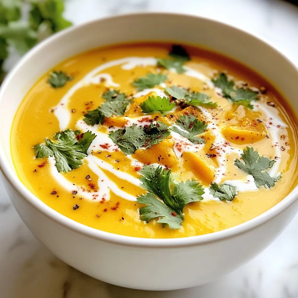 To make Coconut Curry Butternut Soup, gather these items: - 1 medium butternut squash, peeled and cubed - 1 can (400ml) coconut milk - 2 tablespoons red curry paste - 1 onion, diced - 3 garlic cloves, minced - 1-inch piece of ginger, grated - 4 cups vegetable broth - 1 tablespoon olive oil - 1 tablespoon lime juice - Salt and pepper to taste - Fresh cilantro for garnish (optional) If you need to swap some ingredients, here are a few ideas: - Use sweet potatoes instead of butternut squash for a different flavor. - Coconut cream works well in place of coconut milk for a thicker soup. - You can use yellow curry paste if red is not available. - For a milder taste, use less red curry paste. - Any onion type works, but yellow or white onions are best. - If you don't have fresh ginger, ground ginger can be a substitute. Choosing fresh ingredients makes a big difference in flavor. Here are some tips: - Look for butternut squash that feels heavy for its size. - The skin should be firm with no soft spots or blemishes. - Choose onions that are dry and have no sprouts. - Garlic should be firm and not sprouted. - Fresh ginger should feel smooth and firm, not wrinkly. - Always check for the freshness of herbs like cilantro; they should be bright green and crisp. {{ingredient_image_1}} To start, gather all your ingredients. You will need: - 1 medium butternut squash, peeled and cubed - 1 can (400ml) coconut milk - 2 tablespoons red curry paste - 1 onion, diced - 3 garlic cloves, minced - 1-inch piece of ginger, grated - 4 cups vegetable broth - 1 tablespoon olive oil - 1 tablespoon lime juice - Salt and pepper to taste - Fresh cilantro for garnish (optional) Chop the squash and onion into small pieces. Mince the garlic and grate the ginger. This prep makes cooking faster and easier. In a large pot, heat the olive oil on medium heat. Add the diced onion. Cook it until it is soft and clear, about 5 minutes. Next, stir in the garlic and ginger. Cook for 1-2 minutes until you smell their scent. Now, add the cubed butternut squash. Mix in the red curry paste. Stir well to coat the squash with the paste. Cook this mixture for 2-3 minutes to bring out the flavors. Pour in the vegetable broth. Bring the soup to a boil. Once it boils, lower the heat and let it simmer for 15-20 minutes. Check if the squash is tender by poking it with a fork. When the squash is tender, take the pot off the heat. Use an immersion blender to blend the soup until it is smooth. If you do not have an immersion blender, carefully blend it in batches using a regular blender. After blending, return the soup to the pot. Stir in the coconut milk and lime juice. Heat it gently on low. Season with salt and pepper to your taste. Serve warm, and add fresh cilantro on top if you like. Enjoy your delicious Coconut Curry Butternut Soup! To make your Coconut Curry Butternut Soup shine, focus on balancing flavors. Start by cooking the onion until it turns soft and sweet. This builds a strong base. Next, don't rush the garlic and ginger; let them cook until fragrant. It adds depth. Use a good quality red curry paste. A fresh, flavorful paste gives the soup a rich taste. Adjust the salt and pepper at the end for the best flavor. A splash of lime juice adds brightness. Garnishes can elevate your soup. Fresh cilantro adds a burst of freshness. It contrasts nicely with the creamy soup. You can also add a swirl of coconut milk on top. This makes it look beautiful. Crushed red pepper flakes give a hint of heat. You can even add toasted pumpkin seeds for a crunchy texture. One mistake is not cooking the squash enough. If it’s not tender, blending will be hard. Another common error is overcooking the coconut milk. Heat it gently to keep its flavor. Don't skip the lime juice; it brightens the dish. Lastly, avoid blending too long. You want a smooth texture, but not too thin. Pro Tips Choose the Right Squash: Select a butternut squash that feels heavy for its size and has a smooth, blemish-free skin for the best flavor and texture. Enhance the Curry Flavor: Allow the red curry paste to cook for a few minutes before adding the broth; this helps to deepen the flavors and aroma. Blend for Creaminess: For an ultra-smooth soup, use an immersion blender or a high-speed blender, ensuring to blend until there are no lumps remaining. Adjust to Your Taste: Feel free to adjust the lime juice and salt to your preference, tasting as you go to achieve the perfect balance of flavors. {{image_2}} This soup is already dairy-free, thanks to coconut milk. It brings a creamy texture without dairy. However, if you want to change it up, try using almond milk for a nutty twist. Cashew cream can also add richness if you like. You can add protein to this soup for a heartier meal. Chickpeas are an easy choice. They blend well with the soup's flavors. You can also add shredded chicken or tofu for a boost. If you want a seafood twist, shrimp works nicely too. Adjusting the spice level is simple. If you love heat, add more red curry paste. A pinch of cayenne pepper can also spice things up. For milder soup, use less curry paste or add a dollop of yogurt to balance the heat. Just remember, it's your soup, so make it how you like! To keep your Coconut Curry Butternut Soup fresh, let it cool first. Once cooled, pour it into an airtight container. You can store it in the fridge for up to five days. If you want to save some for later, freezing is a good choice. Use a freezer-safe container, and leave some space at the top. The soup will expand as it freezes. It can stay fresh in the freezer for about three months. When you're ready to eat, take the soup out of the fridge or freezer. If frozen, let it thaw overnight in the fridge. To reheat, pour it into a pot over medium heat. Stir often until it's hot. You can also use a microwave, heating in short bursts and stirring in between. Enjoy the warmth of this tasty soup! Yes, you can use frozen butternut squash. It saves time and is convenient. Just add it directly to the pot. There’s no need to thaw it first. The cooking time may need a slight adjustment. Check for tenderness before blending. If you don’t have red curry paste, use yellow curry paste or green curry paste. Both will change the flavor slightly but still taste great. You can also mix spices like cumin, coriander, and chili powder as a backup. Coconut Curry Butternut Soup lasts about 4 to 5 days in the fridge. Store it in an airtight container to keep it fresh. Always check for any off smells or changes in texture before eating. Yes, this soup is vegan! It uses coconut milk and vegetable broth. All the ingredients are plant-based, making it a great choice for vegan diets. Enjoy it without any worries about animal products. Absolutely, you can make this soup in advance. It tastes even better after the flavors meld together overnight. Just store it in the fridge or freeze it for later. Reheat gently on the stove before serving. We explored the key ingredients for Coconut Curry Butternut Soup and the best ways to prepare them. I shared cooking methods, blending techniques, and tips to boost flavor. You learned how to adjust spices and add protein while avoiding common mistakes. Finally, I covered storage and reheating tips. Now, you’re ready to enjoy a delicious bowl of soup. Trust your taste, and have fun experimenting!