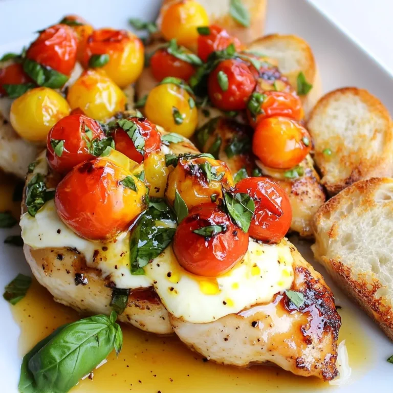 - 4 boneless, skinless chicken breasts - 2 cups cherry tomatoes, diced - 1/4 cup fresh basil leaves, chopped - 1 cup mozzarella cheese, shredded - 1/4 cup balsamic vinegar - 1/4 cup olive oil - 2 cloves garlic, minced - Salt and pepper to taste - 1/4 teaspoon red pepper flakes - Baguette slices, toasted (for serving) To create Tomato Basil Bruschetta Chicken, you need fresh and simple ingredients. The chicken breasts are the star of this dish. They stay moist and juicy while cooking. Cherry tomatoes add a sweet burst of flavor. Fresh basil gives a fragrant touch. Mozzarella cheese melts beautifully on top and adds creaminess. In your pantry, balsamic vinegar adds tangy depth. Olive oil brings richness, and garlic packs a punch of flavor. Don’t forget salt and pepper to enhance all these tastes. If you want a little heat, red pepper flakes are a great optional addition. For serving, toasted baguette slices make a lovely side. They allow you to scoop up the tasty tomato topping. With these ingredients, you will create a savory dish that everyone will love. {{ingredient_image_1}} First, grab a large bowl. In it, combine the diced cherry tomatoes, chopped basil, and minced garlic. Next, add balsamic vinegar and olive oil. Don't forget to sprinkle in some salt, pepper, and red pepper flakes if you like heat. Stir the mixture well. Let this sit for 10 to 15 minutes. This time allows the flavors to blend nicely. While the tomato mixture marinates, season the chicken breasts. Use salt and pepper on both sides. This adds great flavor. Heat a large, oven-safe skillet over medium-high heat. Add a drizzle of olive oil to the pan. When the oil is hot, add the seasoned chicken breasts. Sear them for 5 to 6 minutes on each side. Look for a golden brown color; that means they’re ready to move on. Once the chicken is seared, remove the skillet from the heat. Spoon the marinated tomato mixture over each chicken breast. Be generous! Now, top each piece with shredded mozzarella cheese. Transfer the skillet to your preheated oven at 375°F (190°C). Bake for 20 to 25 minutes. Check that the chicken is cooked through and the cheese is melted and bubbly. After cooking, let it rest for 5 minutes. Your dish is now ready to impress! To get the best flavor, marinate your tomato mixture for 10-15 minutes. This lets the flavors blend well. Use sea salt for better taste. If you want a twist, try adding Italian seasoning or a splash of lemon juice. Both add a fresh kick. Searing chicken is key for good texture. Heat your skillet with olive oil until hot. Then, add the chicken and cook for 5-6 minutes on each side. This gives you a nice golden crust. To ensure the chicken is fully cooked, use a meat thermometer. The internal temperature should reach 165°F (74°C). For a beautiful presentation, serve the chicken on a large platter. Place toasted baguette slices beside it. This allows everyone to scoop the bruschetta topping. For a pop of color, garnish with fresh basil leaves on top. It looks inviting and tastes great! Pro Tips Use Fresh Ingredients: Fresh basil and ripe cherry tomatoes will enhance the flavors of this dish significantly, making it taste vibrant and delicious. Perfectly Sear the Chicken: Make sure your skillet is hot enough to achieve a golden brown crust on the chicken, which adds depth of flavor and texture. Let it Rest: Allow the chicken to rest for a few minutes after baking; this helps retain the juices, making it tender and juicy when served. Customize the Toppings: Feel free to add other toppings like olives or artichokes to the tomato mixture for a unique twist on this classic recipe. {{image_2}} You can change up the proteins in this dish. If you want a lighter option, use turkey breasts. For a vegetarian twist, try chickpeas or grilled eggplant. They soak up the tomato flavors well. You can also add seasonal veggies for more color and taste. In spring, try asparagus or zucchini. In fall, roasted butternut squash or brussels sprouts work great. These swaps keep the dish fresh and exciting. Herbs can change the flavor of this dish. While basil is classic, try fresh parsley or cilantro for a different taste. You can even mix herbs for a complex flavor. If you like spice, add jalapeños or crushed red pepper. They give a kick to the chicken. Just sprinkle a little to find the right heat for you. The type of bread you use can really change the vibe. Instead of baguette slices, use ciabatta or focaccia. They hold up well to the juicy toppings. You can also serve the chicken over pasta or rice. Both options absorb the tasty sauce. This makes for a filling meal that satisfies your cravings. After cooking, let the Tomato Basil Bruschetta Chicken cool down. Place it in an airtight container. It can stay fresh in the fridge for up to three days. Always make sure the chicken is covered well to keep it from drying out. If you want to enjoy it later, store the bruschetta topping separately. This way, the tomatoes and basil stay fresh and vibrant. To freeze Tomato Basil Bruschetta Chicken, first, let it cool completely. Wrap each chicken breast tightly in plastic wrap. Then, place the wrapped chicken in a freezer bag. You can freeze it for up to three months. When you're ready to eat, take it out and thaw it in the fridge overnight. For reheating, preheat your oven to 350°F (175°C). Place the chicken in a baking dish with a splash of olive oil. Cover it with foil to keep it moist. Heat for about 20-25 minutes or until it's warm throughout. If you have leftovers, get creative! Shred the chicken and mix it into a salad or pasta. You can also make a tasty sandwich with the bruschetta topping. For meal prep, portion out the chicken and topping in containers. This makes for quick lunches or dinners throughout the week. Enjoy the delicious flavors in new ways! Yes, you can! To prep in advance, make the tomato mixture and marinate the chicken. Store the tomato mix in the fridge for up to two days. Keep the chicken seasoned but uncooked. When you are ready to cook, simply sear and bake it. This saves time and makes dinner easier. I love serving this dish with a fresh side salad or garlic bread. A light mixed greens salad adds a nice crunch. You can also serve it with roasted vegetables for a balanced meal. For something warm, try pasta tossed with olive oil and herbs. Check the chicken's internal temperature. It should reach 165°F (75°C). You can use a meat thermometer for accuracy. If you don’t have one, cut into the thickest part of the chicken. The juices should run clear, not pink. This ensures your chicken is safe to eat and juicy. In this post, we explored how to make Tomato Basil Bruschetta Chicken. We covered the main and pantry ingredients, along with tips for prepping, cooking, and enjoying this dish. Remember to experiment with flavors and variations to make it your own. Think about how you can impress a friend or family with this vibrant meal. Store your leftovers wisely, and don’t forget about exciting ways to use them. Enjoy creating this tasty recipe and share it with others!