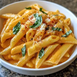 - 12 ounces penne pasta - 2 tablespoons olive oil - 4 cloves garlic, minced - 1 can (14 ounces) crushed tomatoes - 1 cup heavy cream - 1 cup fresh basil leaves, chopped - 1 teaspoon red pepper flakes (optional for heat) - 1/2 cup grated Parmesan cheese - Salt and pepper to taste - Fresh basil leaves for garnish If you need swaps, here are some good options: - For penne pasta, use any pasta shape you like, such as fusilli or rotini. - Instead of heavy cream, you can use half-and-half or a plant-based cream. - If you don’t have fresh basil, use dried basil. Use one-third the amount since dried is stronger. - For Parmesan cheese, try Pecorino Romano or a dairy-free cheese option. Each serving of Creamy Tomato Basil Penne has: - Calories: 550 - Protein: 15g - Carbohydrates: 54g - Fat: 30g - Saturated Fat: 16g - Fiber: 2g - Sugar: 3g - Sodium: 400mg This dish is creamy and rich, making it a tasty choice for dinner. {{ingredient_image_1}} Start by boiling a big pot of salted water. This adds flavor to the pasta. Once the water is boiling, add 12 ounces of penne pasta. Cook it until it is al dente. This usually takes about 10-12 minutes. Save 1/2 cup of pasta water before draining the rest. Set the pasta aside for later. In a large skillet, heat 2 tablespoons of olive oil over medium heat. Once hot, add 4 cloves of minced garlic. Sauté the garlic for about 1 minute until it smells nice. Then, pour in one 14-ounce can of crushed tomatoes. Stir well and let it simmer for 5 to 7 minutes. This helps the flavors mix. After simmering, lower the heat. Carefully stir in 1 cup of heavy cream. Mix it well until it looks creamy. Add 1 cup of chopped fresh basil leaves. If you want a kick, add 1 teaspoon of red pepper flakes. Mix everything to spread the flavors evenly. Now it's time to combine the pasta and sauce. Gradually add the cooked penne to the skillet. Toss the pasta to coat it well in the sauce. If the sauce seems too thick, use some of the reserved pasta water to loosen it. Stir in 1/2 cup of grated Parmesan cheese. Mix until the cheese melts and the sauce becomes even creamier. Finally, taste and adjust the seasoning with salt and pepper. Serve the pasta warm. Garnish with extra fresh basil leaves and a sprinkle of Parmesan on top. Enjoy your delicious meal! To make the sauce super creamy, use heavy cream. This thickens the sauce nicely. Start by adding it after you cook the garlic and tomatoes. Stir gently to mix it well. If it seems too thick, add some reserved pasta water. This keeps it smooth and rich. I love using penne for this dish. Its tube shape holds the sauce well. You can also try rigatoni or ziti if you want a change. Both types work nicely and keep the flavors in every bite. To boost the flavor, add fresh basil right before serving. This gives a bright taste. You can also sprinkle in red pepper flakes for some heat. Taste the sauce as you cook; adjust salt and pepper to suit your liking. A little grated Parmesan at the end adds depth and richness too. Pro Tips Use Fresh Basil: Fresh basil adds a vibrant flavor to the dish. Add it at the end of cooking to preserve its aromatic qualities. Adjust Creaminess: To make the sauce lighter, you can substitute some of the heavy cream with vegetable or chicken broth. Perfect Pasta: Always cook pasta to al dente; it will continue to cook slightly when tossed with the sauce, ensuring a perfect texture. Cheese for Flavor: For an extra depth of flavor, mix in a variety of cheeses such as mozzarella or asiago along with the Parmesan. {{image_2}} You can easily make Creamy Tomato Basil Penne a vegetarian delight. Just keep the recipe as it is. The crushed tomatoes, garlic, and fresh basil provide rich flavor. You can also add more veggies. Consider mushrooms, zucchini, or spinach. Sauté them with the garlic for a tasty twist. This keeps your meal light and healthy. If you want to add protein, chicken or shrimp works well. Cook your choice of protein before you start the sauce. For chicken, season and grill or pan-cook until golden. For shrimp, sauté them in olive oil until they turn pink. After the pasta is ready, mix your protein into the creamy sauce. This adds texture and makes the dish more filling. To make Creamy Tomato Basil Penne gluten-free, swap the penne for gluten-free pasta. Many brands offer great options that taste just as good. Cook the gluten-free pasta according to the package. Everything else in the recipe can stay the same. You won’t lose any flavor, and you’ll enjoy a great meal without the gluten. To store your creamy tomato basil penne, let it cool first. Place it in an airtight container. This helps keep the pasta fresh and tasty. Store it in the fridge for up to 3 days. If you want to keep it longer, freezing is a better option. You can freeze this dish too! First, let it cool completely. Transfer it to a freezer-safe container. Make sure to leave some space at the top, as the pasta may expand. The penne can stay in the freezer for up to 3 months. When you are ready to eat it, just thaw it in the fridge overnight. When reheating, the key is to add a splash of water or cream. This helps bring back the creamy texture. You can use a microwave or a stovetop. If using the microwave, heat in short bursts to avoid overheating. Stir often to ensure even warming. If using the stovetop, heat on low and stir until warm. Enjoy your delicious meal again! Yes, you can make this recipe ahead of time. Cook the penne pasta and the sauce separately. When you need to serve, simply warm the sauce and mix in the pasta. This helps keep the pasta from getting mushy. Creamy Tomato Basil Penne pairs well with many sides. Here are some ideas: - Garlic bread for a crunchy side. - A fresh green salad with vinaigrette. - Grilled vegetables for a healthy option. - Roasted chicken for added protein. These sides make your meal more filling and balanced. To spice up your sauce, add red pepper flakes. Start with a teaspoon for a mild heat. You can always add more if you like it spicier. Another option is to use diced jalapeños or hot sauce. Just remember to taste as you go to get the heat just right! In this blog post, we explored how to make a creamy tomato basil penne. We covered key ingredients, substitutions, and nutritional info. I shared step-by-step instructions for cooking the pasta and sauce. Tips helped you create the perfect flavor and creaminess. We also reviewed tasty variations and smart storage methods. This dish is easy to customize and store. You can enjoy it fresh or reheat leftovers. Don't hesitate to experiment to make it your own!