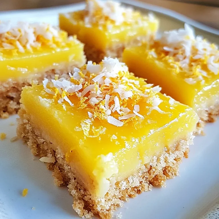 - 1 cup almond flour - 1/2 cup shredded coconut (unsweetened) - 1/4 cup coconut oil, melted - 1/4 cup maple syrup - 1/4 teaspoon salt - 2 tablespoons lemon zest (from about 2 lemons) - 1/4 cup fresh lemon juice - 1 tablespoon cornstarch - 1/2 teaspoon baking powder These ingredients create a bright and tasty treat. Almond flour gives a nice base. It adds a nutty flavor and keeps the bars gluten-free. Shredded coconut brings sweetness and chewiness. Using unsweetened coconut keeps the bars balanced. Coconut oil acts as a fat source, making the bars rich. Maple syrup sweetens the mix while adding a hint of flavor. Salt enhances all the tastes, making them pop. Lemon zest and juice give a fresh, zesty touch. They make the bars bright and lively. Cornstarch helps set the filling. It gives the bars a firm texture. Baking powder adds lightness, making the bars airy. All these ingredients work together to create a delicious vegan treat. - Calories per serving: About 150 calories - Key nutrients: - Fats: Healthy fats from almond flour and coconut oil - Carbs: Natural sugars from maple syrup and lemons - Protein: Almond flour adds protein to each bite The health benefits of these ingredients are clear. Almond flour is low in carbs and high in protein. It’s great for energy and keeping you full. Coconut adds fiber and healthy fats. Maple syrup offers minerals and antioxidants. Lemons are full of vitamin C. They help with digestion and boost the immune system. This recipe not only tastes good but also provides nutrients. Enjoy these bars as a sweet treat that is good for you! {{ingredient_image_1}} - First, preheat your oven to 350°F (175°C). Line an 8x8 inch baking pan with parchment paper. Leave some paper hanging over the edges for easy removal later. - Next, mix the crust ingredients in a bowl. Combine 1 cup of almond flour, 1/2 cup of shredded coconut, 1/4 cup of melted coconut oil, 1/4 cup of maple syrup, and 1/4 teaspoon of salt. Stir until it turns into a crumbly dough. - Now, press the crust mixture evenly into the bottom of your prepared pan. Bake it in the oven for about 10 to 12 minutes. Look for a light golden color, which means it is ready. - While your crust bakes, let’s prepare the lemon filling. In another bowl, whisk together 2 tablespoons of lemon zest, 1/4 cup of fresh lemon juice, 1 tablespoon of cornstarch, 1/2 teaspoon of baking powder, and the rest of the maple syrup. Mix until the filling is smooth. - Once the crust is baked, remove it from the oven. Pour the lemon filling over the hot crust. Use a spatula to spread it evenly across the surface. - Return the pan to the oven. Bake for another 15 to 20 minutes. The filling should set and jiggle slightly in the center when it’s done. - After baking, take the pan out of the oven. Let it cool completely at room temperature. Once cool, refrigerate the bars for at least 2 hours. This will help them firm up for easier slicing. - When chilled, lift the bars out using the parchment paper. Cut them into squares or rectangles for serving. To get the best texture, pay close attention to baking times and temperature. Preheat your oven to 350°F (175°C) for even baking. Bake the crust for 10-12 minutes until it turns slightly golden. Overbaking can make it hard, while underbaking can lead to a soggy base. Cooling and chilling are crucial. Once you bake the filling for 15-20 minutes, let the bars cool at room temperature. Refrigerate them for at least 2 hours to firm up. This step makes slicing easier and improves the overall texture. If your dough is too sticky, add a little more almond flour. Start with a tablespoon and mix well. This helps form a better crust. If the filling is undercooked, you can pop it back in the oven for a few more minutes. Keep an eye on it. The filling should jiggle slightly but not be liquid. Adjusting baking times can save your bars! Pro Tips Use Fresh Lemons: For the best flavor, always use fresh lemons for zest and juice instead of bottled varieties. Chill Before Cutting: Allow the bars to chill in the refrigerator for at least 2 hours to ensure a clean cut and firmer texture. Adjust Sweetness: If you prefer a sweeter bar, feel free to increase the amount of maple syrup to suit your taste. Try Different Flours: Experiment with different nut flours like cashew or hazelnut for a unique flavor profile in the crust. {{image_2}} You can make these vegan lemon coconut bars even more exciting. One way is by adding different citrus zest. Try using lime or orange zest. This will give a fun twist to the flavor. You can also mix in spices like turmeric. It adds a bright color and a hint of earthiness. Just a little goes a long way! If you need a gluten-free option, almond flour is a perfect choice. It gives a nice texture without gluten. If you want to change up the sweetness, you can substitute maple syrup. Agave nectar or date syrup works well too. This way, you can fit your taste or dietary needs while enjoying these delicious bars! To keep your Vegan Lemon Coconut Bars fresh, store them in the fridge. Use an airtight container for best results. If you want to keep them longer, you can freeze them. Just wrap each bar in plastic wrap and place them in a freezer bag. This method helps prevent freezer burn. The bars last about 5 days in the fridge. If frozen, they can last up to 2 months. When you're ready to eat, just thaw them in the fridge overnight. If your bars lose their texture after storage, you can restore them easily. Place them in the oven for a few minutes at 350°F (175°C). This warming method helps revive their fresh taste. You can also microwave them for about 10-15 seconds. Be careful not to overheat, or they may become too soft. Enjoy your delicious bars warm! Yes, you can use regular flour. However, almond flour adds a unique flavor and texture. If you want to substitute, use a gluten-free all-purpose flour. This can help keep the bars soft and tasty. To boost the tangy flavor, add more lemon zest or juice. Start with an extra teaspoon to see how it changes the taste. You can also try using Meyer lemons for a sweeter, tangy kick. Yes, these bars are great for meal prep. You can make them ahead of time and store them in the fridge. They keep well for up to a week. Just cut and pack them in an airtight container for easy snacks. You now have a complete guide to making delicious lemon bars. We covered the ingredients, step-by-step instructions, tips for perfect texture, and ways to store your treats. Don't forget to experiment with flavors and dietary needs to make this recipe your own. With the right practices, you can create flavorful bars that everyone will love. Enjoy baking these lemon bars and sharing them with friends and family!