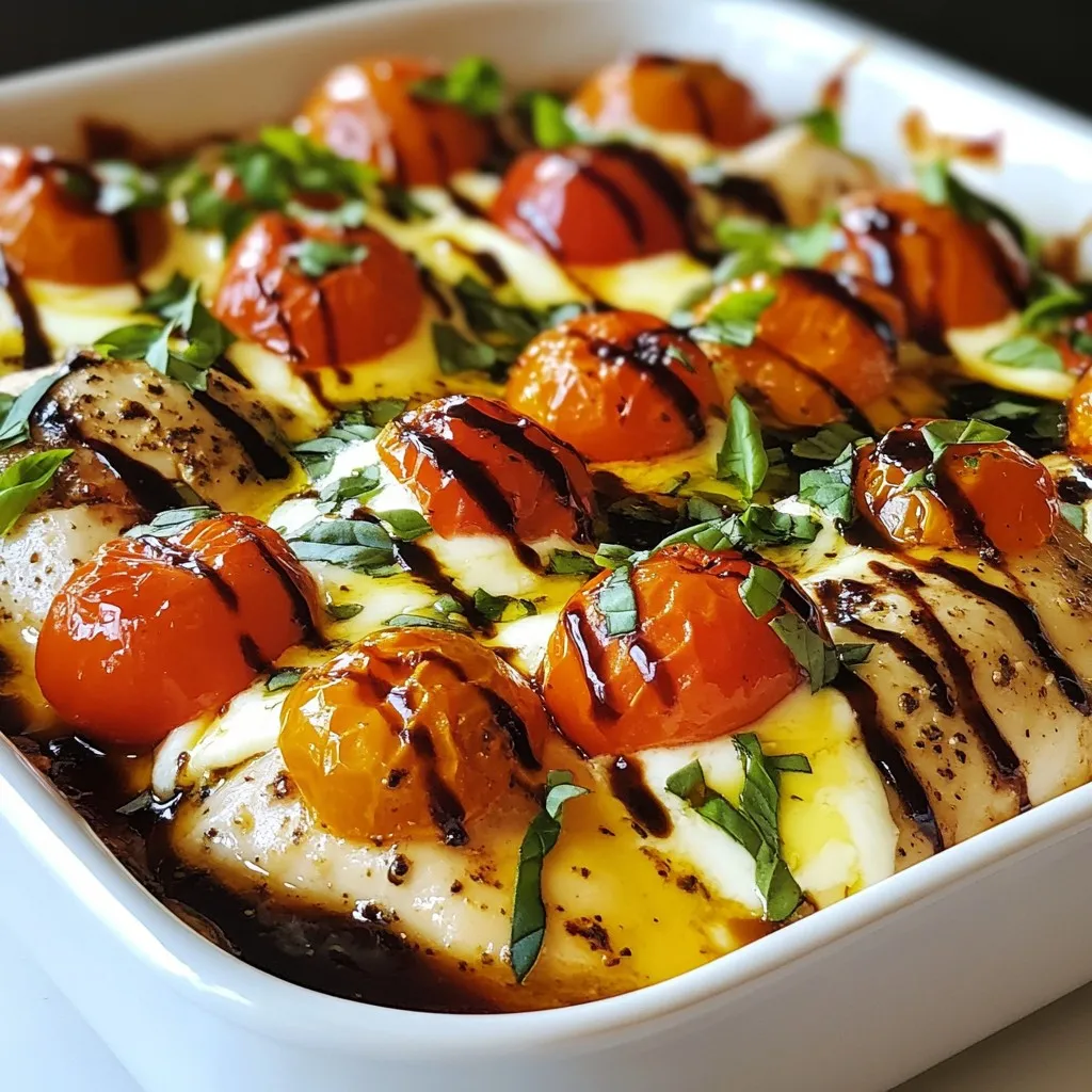 - Chicken: 4 boneless, skinless chicken breasts - Vegetables: 2 cups cherry tomatoes, halved; 2 cloves garlic, minced - Dairy: 8 ounces fresh mozzarella cheese, sliced - Herbs: 1/4 cup fresh basil leaves, chopped; 1 teaspoon dried oregano - Seasonings: 3 tablespoons balsamic glaze; 3 tablespoons olive oil; salt and pepper to taste In this dish, the chicken takes center stage. I love using boneless, skinless chicken breasts because they cook evenly. The cherry tomatoes add sweetness and color. Don't forget the garlic; it gives a nice punch. Next, we have fresh mozzarella cheese. Its creamy texture melts beautifully over the chicken. Fresh basil adds a fragrant touch, while dried oregano deepens the flavor. Balsamic glaze brings a sweet and tangy finish. Olive oil helps cook the chicken and keeps it moist. Using salt and pepper enhances all the flavors. Gather these ingredients, and you are ready for a delightful meal! Each element plays a role in making this dish vibrant and tasty. {{ingredient_image_1}} 1. Preheat the oven: Set your oven to 375°F (190°C). This temperature helps cook the chicken evenly and melt the cheese perfectly. 2. Prepare the baking dish: Take a large baking dish and drizzle 1 tablespoon of olive oil at the bottom. This keeps the chicken from sticking. 1. Season and arrange the chicken: Pat the chicken breasts dry. Sprinkle salt, pepper, and dried oregano on both sides. Place the chicken in the baking dish you prepared. 2. Mix and layer tomato and garlic: In a bowl, mix the halved cherry tomatoes and minced garlic. Drizzle the remaining olive oil over them. Add salt and pepper, and toss everything well. Spread this tomato mix evenly on top of the chicken. 3. Add mozzarella and bake: Next, layer the fresh mozzarella slices over the tomatoes and chicken. Bake in the preheated oven for 25-30 minutes. The chicken should reach 165°F (75°C) and the cheese should be melted and bubbly. 1. Drizzle balsamic glaze and add basil: Once done, remove the dish from the oven. Drizzle balsamic glaze over the chicken and tomatoes. Then, sprinkle the chopped fresh basil on top for extra flavor. 2. Rest before serving: Let the dish rest for about 5 minutes. This step allows the juices to settle and makes serving easy. To ensure your chicken is safe to eat, check the internal temperature. It should reach 165°F (75°C). Use a meat thermometer for accuracy. When it comes to cheese, fresh mozzarella melts beautifully. For the best melt, let it sit at room temperature before placing it on the dish. This helps it melt faster and evenly. For a stunning presentation, serve the Caprese Chicken Bake right from the oven. This gives a rustic, homey feel. You can also transfer it to a large platter for a more elegant look. Garnish with extra basil leaves and a drizzle of balsamic glaze. This adds color and flavor. Pairing wine with this dish can elevate the meal. A crisp white wine like Pinot Grigio works well. It complements the flavors in the dish without overpowering them. Enjoy your flavorful dinner! Pro Tips Use Fresh Ingredients: Fresh mozzarella and ripe cherry tomatoes make a big difference in flavor. Always opt for the best quality ingredients you can find. Don’t Overcook the Chicken: To keep the chicken juicy, use a meat thermometer to ensure it reaches the safe internal temperature of 165°F (75°C) without overcooking. Customize with Veggies: Feel free to add your favorite vegetables like bell peppers or spinach to the tomato mixture for extra flavor and nutrition. Make Ahead: This dish can be prepared ahead of time. Assemble it in the baking dish and refrigerate until you’re ready to bake, which can save time on busy nights. {{image_2}} You can switch up the cheese in the Caprese Chicken Bake. If you want a tangy bite, try feta cheese. Provolone adds a rich flavor too. Each option changes the dish in a fun way. You can also swap out the chicken. Turkey is a great choice if you want a leaner meat. For a vegetarian twist, use tofu. Just press the tofu to remove water, then season it like the chicken. Adding more veggies can make your dish even better. Bell peppers add sweetness and color. Spinach gives a nice pop of green and nutrients. Toss them in with the tomatoes for great taste. Want to amp up the flavor? Add pesto or sun-dried tomatoes. Both bring a burst of taste that pairs well with the cheese and chicken. Just mix them in with your tomato layer for a delicious twist. To keep your Caprese Chicken Bake fresh, start with good storage. Place leftovers in an airtight container. This helps keep moisture in and air out. Make sure the chicken is cooled before sealing. You can store it in the fridge for up to four days. If you want to keep it longer, consider freezing it. In the freezer, it can last for up to three months. Just remember, the taste may change a bit after freezing. When you want to enjoy leftovers, reheating is key. To avoid drying out the chicken, use the oven. Preheat it to 350°F (175°C). Place the chicken in a baking dish and cover it with foil. This keeps moisture in while it warms up. Heat for about 15-20 minutes or until it reaches 165°F (75°C) inside. You can also use a microwave. To keep the flavor, add a splash of balsamic glaze before heating. This helps retain that delicious taste. Stir the chicken halfway through for even heating. Enjoy your meal just as tasty as the first time! You can pair Caprese Chicken Bake with many sides. A fresh green salad works well. Garlic bread complements the dish nicely too. You might also enjoy it with pasta or rice. These sides add more texture and flavor. Yes, you can prepare Caprese Chicken Bake ahead of time. Just follow the recipe until you add the cheese. Cover the dish and store it in the fridge. When ready, bake it as usual. This saves time on busy days. You can freeze this dish for later. Make sure to cool it completely before freezing. Wrap it tightly in plastic wrap and then foil. It can last up to three months in the freezer. Thaw it overnight before baking. You can use canned tomatoes if fresh ones aren’t available. Choose whole or diced tomatoes for best results. Drain them well to avoid excess liquid. This option still gives a tasty flavor, though fresh tomatoes shine brighter. In this blog post, we covered how to make a delicious Caprese Chicken Bake. We listed the simple ingredients, provided clear steps, and shared tips for cooking and serving. You can swap ingredients to fit your taste. Don’t forget how to store and reheat leftovers for later. This dish is easy and tasty, perfect for any meal. Dive in, try out the recipe, and enjoy the flavors! Your kitchen will shine with this dish.