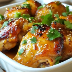 To make Spicy Honey Garlic Chicken Thighs, you will need: - 4 chicken thighs, skin-on and bone-in - 1 tablespoon olive oil - 4 cloves garlic, minced - 1/4 cup honey - 2 tablespoons soy sauce - 1 tablespoon sriracha (adjust to taste) - 1 teaspoon grated ginger - 1 teaspoon salt - 1/2 teaspoon black pepper - 1 tablespoon sesame seeds (for garnish) - Fresh cilantro or green onions (for garnish) You can add a few optional items to boost the flavor: - Lime juice for a tangy kick - Red pepper flakes for extra heat - Green onions for freshness - Rice vinegar for a bit of acidity If you don't have some ingredients, here are some swaps: - Use agave syrup instead of honey for a vegan option. - Tamari can replace soy sauce for a gluten-free choice. - For a milder heat, skip the sriracha or use less. - Garlic powder can substitute fresh garlic if needed. These ingredients create a perfect balance of sweet, spicy, and savory flavors. Enjoy the process of cooking and make it your own! {{ingredient_image_1}} To make the marinade, grab a bowl. Add minced garlic, honey, soy sauce, sriracha, grated ginger, salt, and black pepper. Whisk all the ingredients together until they mix well. This mix gives the chicken a sweet and spicy flavor. The garlic and ginger add depth. Now, take your chicken thighs. Place them in a resealable bag or a shallow dish. Pour the marinade over the chicken. Make sure each piece is well coated. Seal the bag or cover the dish. Let it marinate in the fridge for at least 30 minutes. For even better flavor, let it sit for up to 4 hours. This helps the flavors soak in. Preheat your oven to 400°F (200°C). While the oven heats up, take an oven-safe skillet. Heat olive oil over medium-high heat. Remove the chicken from the marinade but keep the marinade. Put the chicken skin-side down in the skillet. Sear for about 4-5 minutes until the skin gets crispy and brown. Once the skin is perfect, flip the chicken over. Pour the reserved marinade on top. Now, transfer the skillet to your preheated oven. Bake for 25-30 minutes. You want the chicken to reach an internal temperature of 165°F (74°C). When it is done, take it out and let it rest for 5 minutes. Garnish with sesame seeds and chopped cilantro or green onions for a fresh touch. To get that perfect crispy skin, start by patting the chicken thighs dry. This step helps the skin crisp up nicely. When you sear the chicken, make sure to use medium-high heat. Do not move the chicken around too much. Let it sit in the pan for about 4-5 minutes. This helps form a golden crust. After searing, flip the chicken and pour on the reserved marinade. This keeps the skin moist while baking. Marinating is key for flavor. Try to marinate your chicken for at least 30 minutes. If you have time, marinate it for up to 4 hours. This longer time lets the flavors soak in deeper. Use a resealable bag or a shallow dish to coat the chicken well. Be sure to turn the chicken occasionally to ensure even flavor. Always save some marinade for later; it adds great taste when baking. After cooking, let the chicken rest for about 5 minutes. This helps the juices settle, making it tender. For garnish, sprinkle sesame seeds and chopped cilantro or green onions. Serve your chicken with rice or a fresh salad. These sides balance the spicy flavors nicely. You can also pair it with steamed veggies or a light coleslaw for extra crunch. Enjoy this dish with family and friends for a delightful meal. Pro Tips Use Fresh Ingredients: Fresh garlic and ginger will enhance the flavor of the marinade significantly compared to pre-minced or powdered versions. Let it Rest: Allowing the chicken to rest for a few minutes after baking helps the juices redistribute, making for a juicier bite. Adjust the Heat: If you prefer a milder dish, reduce the sriracha or omit it altogether; you can always add it to your serving for those who enjoy extra spice. Perfect Searing: Make sure your skillet is hot enough before adding the chicken to achieve that crispy skin—don’t rush this step! {{image_2}} You can switch up the protein in this dish for fun. Try using chicken breasts instead of thighs. They will cook faster, so keep an eye on them. You can also use pork chops. The marinade works well with pork too. If you want something lighter, consider shrimp. Shrimp cooks quickly and absorbs the flavors well. If you want a meat-free meal, use tofu or tempeh. Press the tofu to remove extra water, then cube it. Marinate it like you would chicken. Bake until golden. Another option is to use portobello mushrooms. Their meaty texture holds up well to the marinade. Just grill or bake them for a tasty dish. You can change the flavor profile with simple swaps. For a fruity twist, add orange juice or zest to the marinade. This adds a fresh note that balances the spice. If you love heat, try adding more sriracha or some red pepper flakes. For a smoky flavor, a dash of smoked paprika does wonders. Don’t be afraid to experiment and make it your own! You can store leftover Spicy Honey Garlic Chicken Thighs in an airtight container. Let the chicken cool for a bit. Place it in the fridge within two hours of cooking. Proper storage keeps the chicken fresh for up to three days. To reheat, preheat your oven to 350°F (175°C). Place the chicken on a baking sheet. Cover it with foil to keep moisture in. Heat for about 15-20 minutes until warm. If you prefer, you can also use a microwave. Just heat for 1-2 minutes, checking often. You can freeze this chicken if you have extra. Wrap each piece tightly in plastic wrap. Then, place them in a freezer bag. Be sure to remove as much air as possible. Frozen chicken can last for up to three months. To enjoy later, thaw it in the fridge overnight before reheating. You can use maple syrup or agave nectar for a sweet taste. Both options work well in this recipe. Each has a unique flavor, but they keep the dish sweet. If you want a lower-calorie choice, consider using a sugar substitute. Just make sure it can handle heat when cooking. Yes, boneless chicken thighs work great in this recipe. They cook quickly and still absorb the marinade well. Just keep an eye on the cooking time. Boneless thighs may take less time to cook than bone-in thighs. This recipe has a mild to medium heat level. The sriracha adds a nice kick. If you prefer less heat, cut back on the sriracha. You can also add more for extra spice. Taste the marinade before using it to find your perfect heat level. This dish pairs well with rice or quinoa to soak up the sauce. Steamed vegetables like broccoli or green beans add color and nutrition. A fresh salad with a light dressing also makes a great side. These options balance the dish and create a complete meal. This blog post covered everything needed for Spicy Honey Garlic Chicken Thighs. You learned about the key ingredients, how to prepare a tasty marinade, and tips for cooking. Remember, you can try variations to keep it fun. Storage tips ensure your leftovers stay delicious. I hope you feel inspired to create this dish, share it with friends, and make it your own. Enjoy every bite and let your taste buds celebrate!